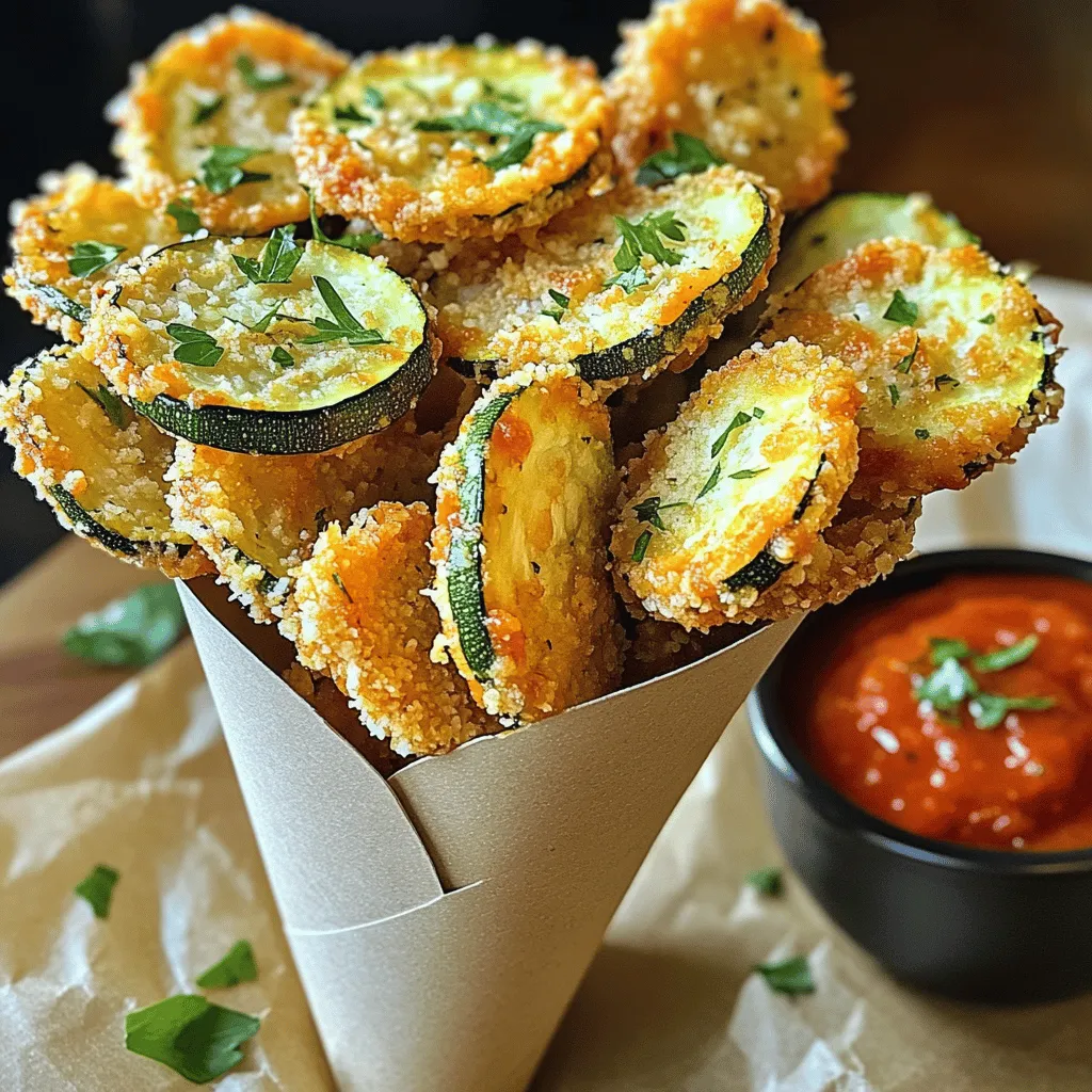- 2 medium zucchinis (preferably fresh) - 1 cup breadcrumbs (whole wheat recommended) - ½ cup grated Parmesan cheese Zucchini is the star of this dish. It gives a fresh taste and a nice crunch. Use medium-sized zucchinis for the best texture. Whole wheat breadcrumbs add flavor and a hearty touch. Grated Parmesan cheese brings salty, nutty goodness that perfectly complements the zucchini. - 1 teaspoon garlic powder - 1 teaspoon onion powder - 1 teaspoon Italian seasoning - Salt and pepper to taste These spices create a flavor boost. Garlic powder adds a warm, savory note. Onion powder brings sweetness, while Italian seasoning adds a hint of herbs. Don’t forget salt and pepper; they balance the flavors. - 2 large eggs - Olive oil spray (for baking) Eggs are our binding agent. They help the crumbs stick to the zucchini. Olive oil spray is key for crispiness. It gives fries a golden look and keeps them crunchy. For the full details, check the Full Recipe. 1. Preheating the oven: Start by setting your oven to 425°F (220°C). This high heat will help the fries get crispy. 2. Cutting zucchini into strips: Take your medium zucchinis and slice them into thin strips. Aim for about ¼ inch wide. This shape makes them look like fries and helps with cooking evenly. 1. Mixing breadcrumbs with seasonings: In a shallow bowl, mix together the breadcrumbs, grated Parmesan cheese, garlic powder, onion powder, Italian seasoning, salt, and pepper. Stir until everything is combined well. This mix gives the fries a tasty coating. 2. Beating the eggs: In another bowl, crack two large eggs. Beat them until frothy. This egg wash helps the breadcrumb mixture stick to the zucchini. 1. Dipping zucchini strips: Take each zucchini strip and dip it into the egg mixture. Make sure it gets fully coated. 2. Arranging on baking sheet: After dipping, roll the zucchini in the breadcrumb mixture. Press gently so it sticks. Then, place the coated strips on a lined baking sheet in a single layer. 3. Baking time and temperature: Bake the zucchini fries for 20-25 minutes. You want them golden brown and crispy. Turn them halfway through to ensure even cooking. These steps will lead you to delicious Parmesan zucchini fries. For the complete recipe, check the full recipe section. To get that perfect crunch, use olive oil spray. A light coat helps the fries brown. This small step makes a big difference in texture. When you bake them, it gives a golden finish that is hard to resist. Turning the zucchini fries halfway through the cooking time is key. This ensures even baking on all sides. If you skip this step, one side might get too soft. Remember, we want all sides to be crisp and delicious. Presentation matters, and you can serve these fries in fun ways. Try using cone-shaped holders. They make the fries look fancy and are easy to grab. This simple touch makes your snack feel special. Dipping sauces add more fun. Marinara is a classic choice that pairs well with the flavors of the fries. You can also try ranch or garlic aioli for a tasty twist. The right dip can turn a good snack into a great one. The right kitchen tools help you make perfect fries. A good baking sheet is important. Look for one with a non-stick surface. This helps the fries release easily and brown nicely. For cutting the zucchini, use a sharp knife or a mandoline. This tool helps you cut even strips. Consistent sizes help the fries cook evenly. You want each fry to be just as crispy as the next. For the full recipe, check out the crispy Parmesan zucchini fries recipe. {{image_2}} You can make your Parmesan zucchini fries even tastier by adding spices. A pinch of paprika gives heat, while cayenne adds a nice kick. You can also try different cheeses. Mozzarella melts well, and cheddar adds a rich flavor. Mix and match to find what you love best! If you need gluten-free options, use gluten-free breadcrumbs. They work just as well and keep the fries crispy. For those avoiding dairy, dairy-free cheese options can be great. Look for brands that melt nicely to keep the flavor and texture. Get creative by adding other vegetables! Sweet potatoes bring a sweet taste, while eggplant adds softness. You can make a mixed vegetable fry by combining zucchini with these veggies. This not only adds color but also gives you different flavors in each bite. For the full recipe, check out the detailed instructions above. Enjoy experimenting with these variations! To keep your Parmesan zucchini fries crispy, store them right. Let them cool down first. Use an airtight container to keep moisture out. Place a paper towel inside to absorb any excess moisture. This helps them stay crunchy. Store them in the fridge for up to three days. When it comes to reheating, the oven is best. Preheat it to 375°F (190°C). Place the fries on a baking sheet. Heat for about 10 minutes until crispy again. If you use a microwave, they may become soggy. If you must use the microwave, place a paper towel underneath. This can help absorb some moisture, but the oven is still the best choice. You can freeze zucchini fries for later. Lay them out on a baking sheet in a single layer first. Freeze them for about one hour. Once frozen, place them in a freezer-safe bag. Remove as much air as possible. To thaw, leave them in the fridge overnight. Then, reheat them in the oven for the best results. This way, they stay crispy and tasty. For more details, check the Full Recipe. Parmesan Zucchini Fries can last in the fridge for about 3 to 4 days. To keep them fresh, place the fries in an airtight container. This helps prevent moisture from making them soggy. You can also add a paper towel inside the container. It will absorb extra moisture. Remember, the fries are best enjoyed fresh. Reheat them in the oven to restore some crunch. Yes, you can make Parmesan Zucchini Fries ahead of time! Prep the zucchini and coat them with the breadcrumb mixture. Store the coated fries in the fridge for up to a day before baking. This saves time on busy days. You can also freeze the uncooked fries. Just layer them on a baking sheet and freeze until solid. Then, transfer them to a freezer bag for up to 3 months. Bake them straight from the freezer. Just add a few extra minutes to the baking time. Parmesan Zucchini Fries pair well with many dishes. You can serve them alongside marinara sauce for dipping. They also go great with ranch or garlic aioli. For a full meal, try serving them with grilled chicken or fish. A fresh salad can balance the meal nicely. These fries make a fun snack or appetizer at parties, too! Check out the Full Recipe for more ideas on serving these tasty bites. This blog post outlined a fun way to make Parmesan zucchini fries. We explored key ingredients, like fresh zucchini and whole wheat breadcrumbs, and walked through each step in the process. I shared tips for getting crispy fries and ideas for serving them. We also discussed variations to keep things interesting and provided storage tips for leftovers. Remember, cooking should be enjoyable and creative. Try these zucchini fries for a tasty snack or side. You'll love how simple and delicious they are. Happy cooking!