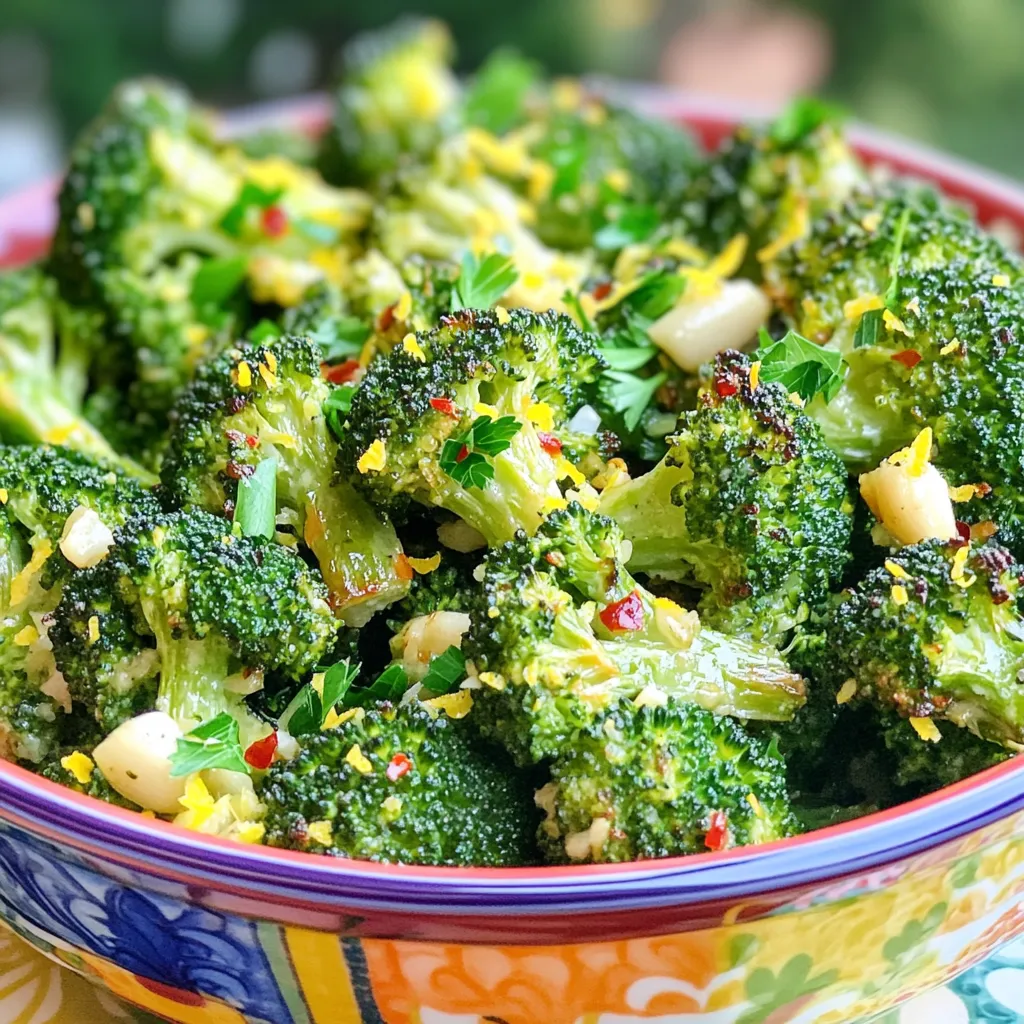 - 1 large head of broccoli, cut into florets - 4 cloves garlic, minced - 3 tablespoons olive oil - Zest and juice of 1 medium lemon - 1 teaspoon crushed red pepper flakes (optional) - Salt and pepper to taste - 2 tablespoons nutritional yeast (optional for a cheesy flavor) - Fresh parsley, chopped for garnish This dish is not just tasty; it’s also quite healthy. One serving of Lemon Garlic Roasted Broccoli has about 150 calories. It contains around 10 grams of fat, 5 grams of fiber, and a good amount of vitamins A, C, and K. Broccoli is rich in iron and calcium too. This dish helps you meet your daily needs for many key nutrients. Broccoli is a superfood. It is low in calories but high in fiber. Eating it can help support a healthy heart. It may also help reduce inflammation. Garlic adds flavor and health benefits. It can boost your immune system and lower blood pressure. Lemon not only brightens the dish but also provides vitamin C. This vitamin helps fight off illnesses and keeps your skin healthy. If you want to make this dish, check out the Full Recipe. 1. Preheating the oven: Preheat your oven to 425°F (220°C). This high heat helps the broccoli get crispy. 2. Preparing broccoli and ingredients: Cut one large head of broccoli into florets. Measure out your other ingredients, so you have everything ready to go. You need four cloves of minced garlic, three tablespoons of olive oil, and the zest and juice of one medium lemon. 1. Mixing ingredients: In a large bowl, combine the broccoli florets, minced garlic, olive oil, lemon zest, and lemon juice. If you like heat, add the optional crushed red pepper flakes. Season with salt and pepper to taste. 2. Roasting process: Toss everything together until the broccoli is well coated. Spread the mixture in a single layer on a baking sheet lined with parchment paper. Roast in your preheated oven for 20 to 25 minutes. Toss the broccoli halfway through for even cooking. 1. Adding nutritional yeast: When the broccoli is done roasting, remove it from the oven. Sprinkle with two tablespoons of nutritional yeast for a cheesy flavor, if desired. 2. Garnishing for presentation: Garnish with fresh, chopped parsley before serving. This adds a pop of color and flavor. Serving the roasted broccoli in a nice bowl makes it look even better. Drizzle a bit more lemon juice on top for a fresh burst of flavor. For a full recipe, check the previous section. To ensure even cooking, cut the broccoli into uniform florets. This helps them roast at the same rate. Toss the broccoli halfway through roasting. This action allows all sides to crisp up nicely. For best results, always preheat your oven. A hot oven helps create that desirable roasted flavor. Line your baking sheet with parchment paper. It keeps the broccoli from sticking and makes cleanup easy. You can add more flavor with herbs like thyme or oregano. A sprinkle of paprika can also boost taste. Consider using avocado oil for a unique flavor. It has a high smoke point and adds a nice richness. If you want a twist, try adding a splash of soy sauce. It brings a savory note that pairs well with the lemon. Lemon garlic roasted broccoli pairs well with grilled chicken or fish. It adds a fresh touch to any plate. For a veggie feast, serve it alongside quinoa or rice. For creative serving, try it in a wrap or grain bowl. You can also top it with feta cheese for extra flavor. Drizzle a bit of balsamic glaze on top before serving for a sweet contrast. For the full recipe, check out the Lemon Garlic Roasted Broccoli section. Enjoy your cooking adventure! {{image_2}} You can swap broccoli for other veggies. Try using cauliflower, Brussels sprouts, or asparagus. Each vegetable brings a unique taste. You can also change the citrus flavor. Instead of lemon, use lime or orange. This small change can brighten the dish. To make this dish vegan, just leave out the nutritional yeast. It still tastes great without it. For a gluten-free version, ensure your ingredients are free from gluten. You can also make a low-sodium dish. Just cut back on the salt. Use herbs to add flavor without extra salt. If you have leftovers, turn them into a salad. Chop the roasted broccoli into smaller pieces. Add some cherry tomatoes, cucumbers, and red onions for crunch. A light vinaigrette works well here. A mix of lemon juice and olive oil is refreshing. This way, you enjoy a new dish without wasting food. To keep leftovers fresh, place your lemon garlic roasted broccoli in an airtight container. Store it in the fridge right after it cools. This method helps to lock in flavor and moisture. You can enjoy it for up to three days. After that, it’s best to discard any leftovers to ensure quality. If you want to freeze roasted broccoli, follow these steps: 1. Allow the broccoli to cool completely. 2. Spread it out on a baking sheet in a single layer. 3. Freeze it for about one hour. 4. Once frozen, transfer it to a freezer-safe bag. This method prevents clumping and keeps each piece separate. You can freeze it for up to three months. To defrost, move it to the fridge overnight. You can also reheat it straight from the freezer. Just add it to a hot pan or oven until warmed through. You can transform leftover broccoli into new dishes. Here are some ideas: - Toss it into scrambled eggs for a healthy breakfast. - Add it to pasta for a quick meal. - Blend it into soups for a creamy texture. - Stir-fry it with your favorite proteins and sauces. These options let you enjoy the flavors while minimizing waste. What can I substitute for garlic if allergic? If you have an allergy to garlic, consider using shallots or green onions. Both have a mild taste. You can also use garlic-infused oil for flavor without the garlic bits. How can I make this recipe spicier? To add heat, mix in more crushed red pepper flakes. You can also try adding cayenne pepper or a dash of hot sauce. Adjust the amount based on your spice level. Can I prepare this dish ahead of time? Yes, you can prep the broccoli and garlic ahead. Mix the ingredients and store them in the fridge. When you are ready, just roast it. This saves time on busy nights. Is it necessary to peel the garlic? No, you do not need to peel the garlic for this recipe. Just mince the cloves with the skin on. The skin will not affect the taste and makes prep easier. How many calories are in Lemon Garlic Roasted Broccoli? This dish has around 100 calories per serving. This number may change based on added ingredients like nutritional yeast or olive oil. Does roasting broccoli reduce its nutritional value? Roasting broccoli does change some vitamins, but it still retains many nutrients. The flavor and texture improve, making it easier to enjoy this healthy veggie. This post covered a delicious recipe for Lemon Garlic Roasted Broccoli. We explored key ingredients, health benefits, and cooking tips. You learned how to prepare, roast, and serve this tasty dish, as well as how to store leftovers. Remember, adding your own twist can make this meal exciting. Enjoy your cooking and stay healthy with every bite!