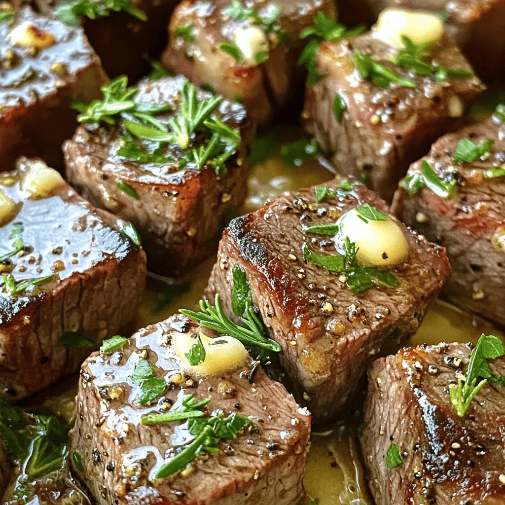 - 1 lb flank steak, cut into bite-sized cubes - 4 tablespoons unsalted butter - 4 cloves garlic, minced - 1 teaspoon fresh rosemary, finely chopped - 1 teaspoon fresh thyme, finely chopped - Salt and pepper to taste - 1 tablespoon olive oil - 1 tablespoon fresh parsley, chopped (for garnish) - Additional spices or herbs - Alternative cuts of steak - Side dishes (e.g., roasted vegetables, mashed potatoes) - Sauces (e.g., chimichurri, peppercorn sauce) The key to great garlic butter steak bites starts with quality ingredients. I always choose flank steak for its rich flavor and tenderness. It cooks fast and absorbs the garlic butter well. Using unsalted butter lets you control the salt level. Fresh garlic, rosemary, and thyme add a burst of flavor. I love how these herbs brighten up the dish. Salt and pepper are crucial for seasoning. Make sure to taste your dish as you cook. Olive oil helps sear the steak perfectly. Finally, fresh parsley gives a pop of color when you serve. Feel free to swap herbs or add spices to suit your taste. You can also try different cuts of steak if you prefer. For sides, I recommend roasted veggies or creamy mashed potatoes. A tasty sauce like chimichurri or peppercorn sauce can make your meal shine. For the full recipe, check the details above. Enjoy making your garlic butter steak bites! To start, you need to season the steak well. Sprinkle salt and pepper on all sides. This step gives your steak bites great flavor. Take a moment to prepare your work area. Gather your tools like a large skillet, a cutting board, and a sharp knife. Make sure everything is clean and ready to use. Next, heat your skillet over medium-high heat. Add olive oil and let it shimmer. This means it's hot enough for cooking. Place the steak bites in a single layer. If your skillet is small, sear in batches. Cook for 2-3 minutes on one side. Then flip them and cook for another 2-3 minutes for medium-rare. Adjust the time for your preferred doneness. Once cooked, remove the steak from the pan and set it aside. In the same skillet, lower the heat to medium. Add the unsalted butter and let it melt. After the butter melts, add the minced garlic, rosemary, and thyme. Stir for 1-2 minutes. Watch the garlic closely; you want it fragrant, not burnt. The goal is to create a rich, flavorful sauce. Once ready, return the seared steak bites to the pan. Toss them in the garlic butter sauce for about a minute. This step makes sure every bite is coated in flavor. Enjoy your Garlic Butter Steak Bites! For complete details, check out the Full Recipe. For the best steak bite, cook it right. I recommend these times for doneness: - Rare: 2 minutes per side - Medium-rare: 3 minutes per side - Medium: 4 minutes per side - Well-done: 5-6 minutes per side To check doneness without a thermometer, press the steak. Rare feels soft, while well-done is firm. Practice this method to get a feel for it. You can customize the garlic butter with more herbs or spices. Try adding: - Fresh basil - Oregano - Red pepper flakes Always use high-quality ingredients. Fresh steak and real butter make a big difference. Your dish will taste much better with good stuff. Garnishing makes your dish pop! Here are some ideas: - Sprinkle fresh parsley on top - Add a slice of lemon on the side Serve these steak bites with roasted veggies or mashed potatoes. Place them on a nice plate to impress your guests. For the full recipe, check the detailed instructions above. {{image_2}} You can swap out steak for chicken, shrimp, or even mushrooms. Chicken offers a lighter option. Shrimp cooks fast and adds a sweet taste. For a plant-based option, mushrooms absorb flavors well. When using chicken, cut it into bite-sized pieces like the steak. If you choose shrimp, clean and devein them first. For mushrooms, use hearty types like portobello or shiitake. Each protein needs slight changes in cooking time. Chicken should reach 165°F, while shrimp cooks in just a few minutes. Mushrooms need a bit more sauté time to get tender. You can give garlic butter steak bites an Asian twist. Just add soy sauce and ginger to the butter. This gives the dish a savory, umami flavor. You can also sprinkle sesame seeds for extra crunch. For a Mediterranean flair, mix in feta cheese and olives. The salty feta pairs well with the rich butter. Chopped sun-dried tomatoes add a nice burst of flavor too. You can grill or cook these bites in a skillet. Grilling gives them a smoky taste, while skillet cooking allows for a rich, buttery sauce. If you want a healthier choice, try an air fryer. It cooks steak bites quickly and keeps them juicy. Just toss the seasoned bites in the air fryer for about 8-10 minutes. For the full recipe, click here: [Full Recipe]. Store your leftover garlic butter steak bites in the fridge. Place them in an airtight container. This keeps them fresh for about 3 days. Make sure they cool down before sealing. If you don't have an airtight container, use plastic wrap. It will help prevent drying out. To reheat, use a skillet over low heat. This method keeps the texture and flavor. Stir the steak bites gently as they warm. You can also use a microwave, but watch the time. Heat in short bursts to avoid overcooking. Overcooking can make the steak tough. You can freeze garlic butter steak bites for longer storage. Place them in a freezer-safe bag. Remove as much air as possible to prevent freezer burn. They can last up to 3 months in the freezer. When ready to eat, thaw in the fridge overnight. Reheat them in a skillet for the best results. The best way to cook steak bites is on high heat. Start by heating your skillet until it is very hot. This helps to sear the meat well. You want that nice brown crust. Cook the steak bites for 2-3 minutes on each side. This timing gives you a great medium-rare steak. If you like it more done, add an extra minute or so. Remember to work in batches if needed. Overcrowding the pan can cause steaming instead of searing. Yes, you can use different cuts of steak. Flank steak works well, but you can also try sirloin or ribeye. Sirloin is lean and has a nice flavor. Ribeye has more fat, making it juicy and rich. Each cut brings its own taste and texture. Choose what you like best or what you have on hand. To know if your steak bites are done, look for color. They should be a deep brown outside. Inside, for medium-rare, they should be pink. You can also use a meat thermometer. Aim for 130°F for medium-rare and 140°F for medium. If you don’t have a thermometer, you can cut one open to check. Garlic butter steak bites go well with many sides. Popular choices include roasted vegetables, mashed potatoes, or a fresh salad. You can also serve them with rice or crusty bread. For drinks, red wine or a light beer works great. Yes, this recipe can be made gluten-free. Use gluten-free soy sauce or a gluten-free broth for added flavor. Make sure to check all ingredient labels to ensure they are gluten-free. This way, everyone can enjoy the meal. This blog post guides you through making delicious garlic butter steak bites. We covered the best ingredients, step-by-step cooking instructions, and tips for a perfect meal. Remember, high-quality ingredients and attention to cooking times will enhance your dish. You can also try different proteins or cooking methods for variety. Don't hesitate to experiment with new flavors. With practice, you will impress everyone at your table. Enjoy your cooking and the tasty results that come from it.