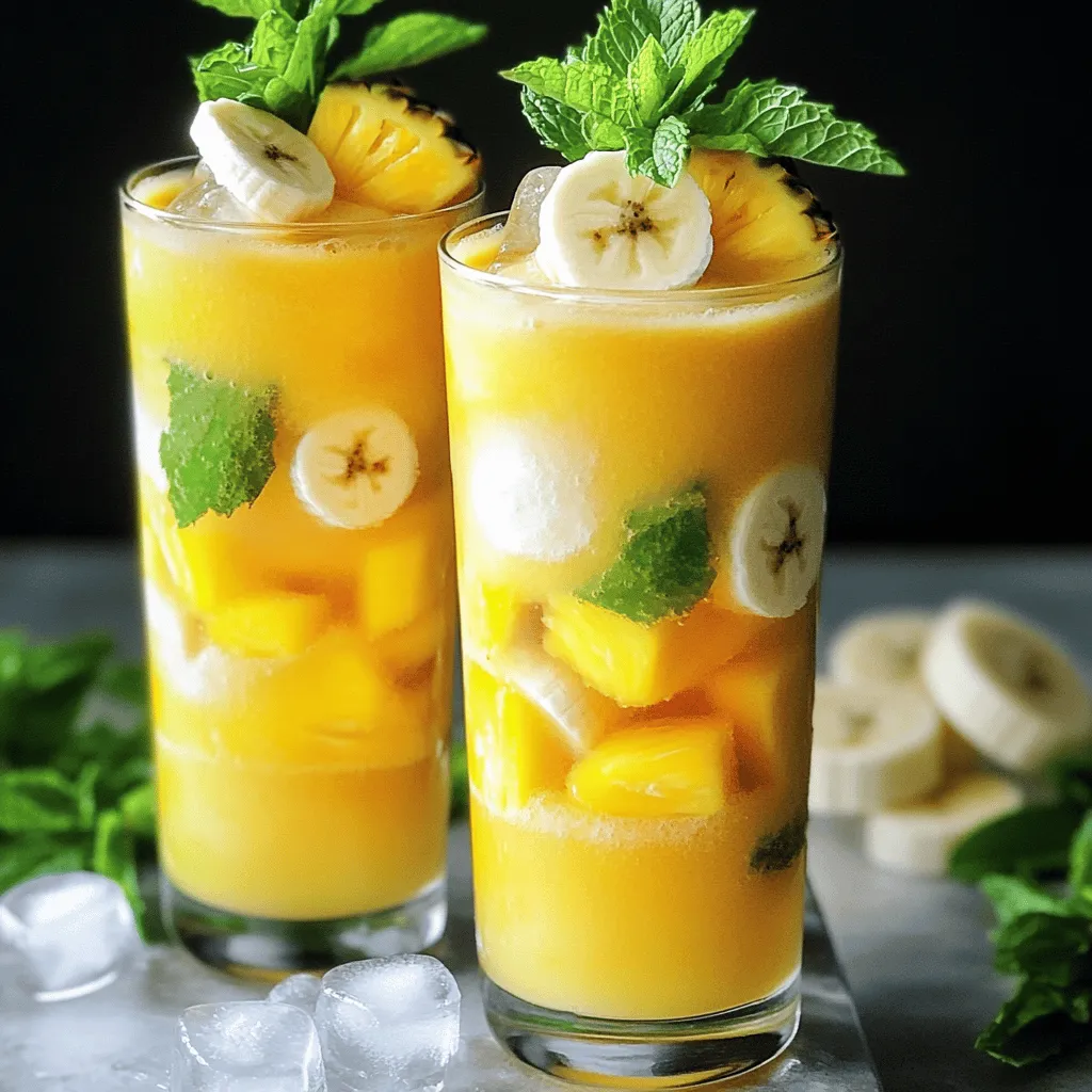 - 1 ripe mango, peeled and diced - 1 cup fresh pineapple chunks - 1 banana, sliced - 1 cup coconut water (or regular water) - 1/2 cup plain Greek yogurt (or dairy-free alternative) - 1 tablespoon honey or agave syrup (optional) - A handful of fresh mint leaves (for garnish) - Ice cubes (optional) The key to a delicious mango pineapple smoothie lies in its fresh ingredients. You want ripe fruits for the best flavor. The mango should feel soft when you squeeze it gently. Pineapples should smell sweet and fruity. This smoothie combines sweet mango, tangy pineapple, and creamy banana. Coconut water adds hydration, while Greek yogurt gives it a nice creaminess. You can add honey for extra sweetness if you like. Mint leaves add a refreshing touch when you serve it. Each ingredient plays a role in making this smoothie flavorful and refreshing. Trust me, using fresh ingredients will make a big difference in taste! To make this smoothie, start by gathering your main ingredients. You need a ripe mango, fresh pineapple, and a banana. 1. In a blender, combine the diced mango, pineapple chunks, and banana slices. This mix brings a burst of tropical flavor. 2. Next, add one cup of coconut water to the blender. This not only hydrates but also adds a refreshing twist. 3. For creaminess, pour in half a cup of plain Greek yogurt. If you want it sweeter, drizzle in one tablespoon of honey or agave syrup. 4. Blend on high until the mixture is smooth and creamy. If you like your smoothie chilled, toss in a few ice cubes and blend again until they are fully mixed in. 5. After blending, taste your smoothie. If it needs to be sweeter or thicker, add more honey or coconut water as needed. Once your smoothie is ready, it’s time to serve it. I recommend using tall glasses to show off the vibrant color. For a fun touch, garnish each glass with a few fresh mint leaves on top. This not only looks nice but also adds a fresh aroma. Enjoy your delicious Mango Pineapple Smoothie! For the Full Recipe, please refer back to the ingredient list and instructions. To get your smoothie just right, focus on creaminess. Use ripe fruits like mango and banana. The Greek yogurt adds a nice, smooth texture. If you want a richer taste, try full-fat yogurt. For a lighter feel, use low-fat or dairy-free yogurt. Adjust the thickness by adding more liquid. Coconut water is great for this. If your smoothie is too thick, just pour in a bit more. Blend again until it’s just how you like it. If you want a thicker smoothie, add more banana or ice cubes. Boosting flavor can take your smoothie to the next level. Try adding spices like cinnamon or ginger. These spices not only add warmth but also great health benefits. A dash of cinnamon can make the smoothie taste cozy. A pinch of ginger gives it a nice kick. You can also use flavored yogurts for extra taste. Vanilla or coconut yogurt work well. If you want sweetness, think about honey or agave syrup. These can make your smoothie more enjoyable. For a fun twist, try adding a splash of vanilla extract. It will add a lovely aroma to your drink. For a full taste experience, explore the [Full Recipe]. {{image_2}} You can change the fruit in your smoothie to keep it fresh. Adding strawberries or blueberries gives a sweet twist. These berries add a nice color and taste. You can also try using other tropical fruits like papaya or kiwi. These fruits bring new flavors and nutrients to your drink. Each fruit will change the smoothie’s taste and make it unique. If you want a dairy-free smoothie, swap the Greek yogurt for a plant-based option. Almond, coconut, or soy yogurt works well. These alternatives keep your smoothie creamy without dairy. For sweeteners, you can use maple syrup or agave syrup for a vegan choice. These options add sweetness while keeping your drink plant-based. Enjoy the fruity goodness in many ways! Don't forget to check the Full Recipe for more ideas. You may have some smoothie left after making your Mango Pineapple Smoothie. To keep it fresh, use a glass jar or a BPA-free plastic container. Seal it tightly to prevent air from spoiling the flavor. Store it in the fridge for up to 24 hours. After that, it may lose some taste and texture. If you want to enjoy the smoothie later, freezing is a great option. Pour the smoothie into ice cube trays or freezer-safe bags. Leave some space in the bags for expansion. You can freeze it for up to three months. When you’re ready to drink it, take out what you need. Thaw it in the fridge overnight or blend it straight from the freezer for a slushy treat. Enjoy your refreshing Mango Pineapple Smoothie anytime! Yes, you can make this smoothie ahead of time. If you want to save it, store it in an airtight container. Keep it in the fridge for up to one day. The smoothie may separate, so stir it well before you drink it. If you don’t have coconut water, use regular water or fruit juice instead. Fruit juice can add a nice flavor. You can also try almond milk for a creamier touch. Just remember, the taste will change a bit based on what you use. To make the smoothie thicker, add more Greek yogurt or a banana. You can also use frozen fruit instead of fresh. Frozen fruit gives you a nice, thick texture. Just blend it well, and you’ll get a creamy drink. Yes, this smoothie is great for kids! It is packed with fruits and tastes sweet. You can adjust the sweetness by adding less honey. The bright colors and fresh flavors will appeal to children, making it a fun treat. You can find the Full Recipe for the Tropical Bliss Mango Pineapple Smoothie above in this article. This will guide you through every step to create your own refreshing drink. This blog post covers a simple and tasty smoothie recipe. You learned about the key ingredients and their nutritional benefits. I provided steps to prepare and serve the smoothie perfectly. Tips for texture and flavor help you make it your own. You can explore variations to suit your tastes or dietary needs. Don’t forget storage tips to keep leftovers fresh. Enjoy your smoothie making journey. It’s all about trying new things and having fun!