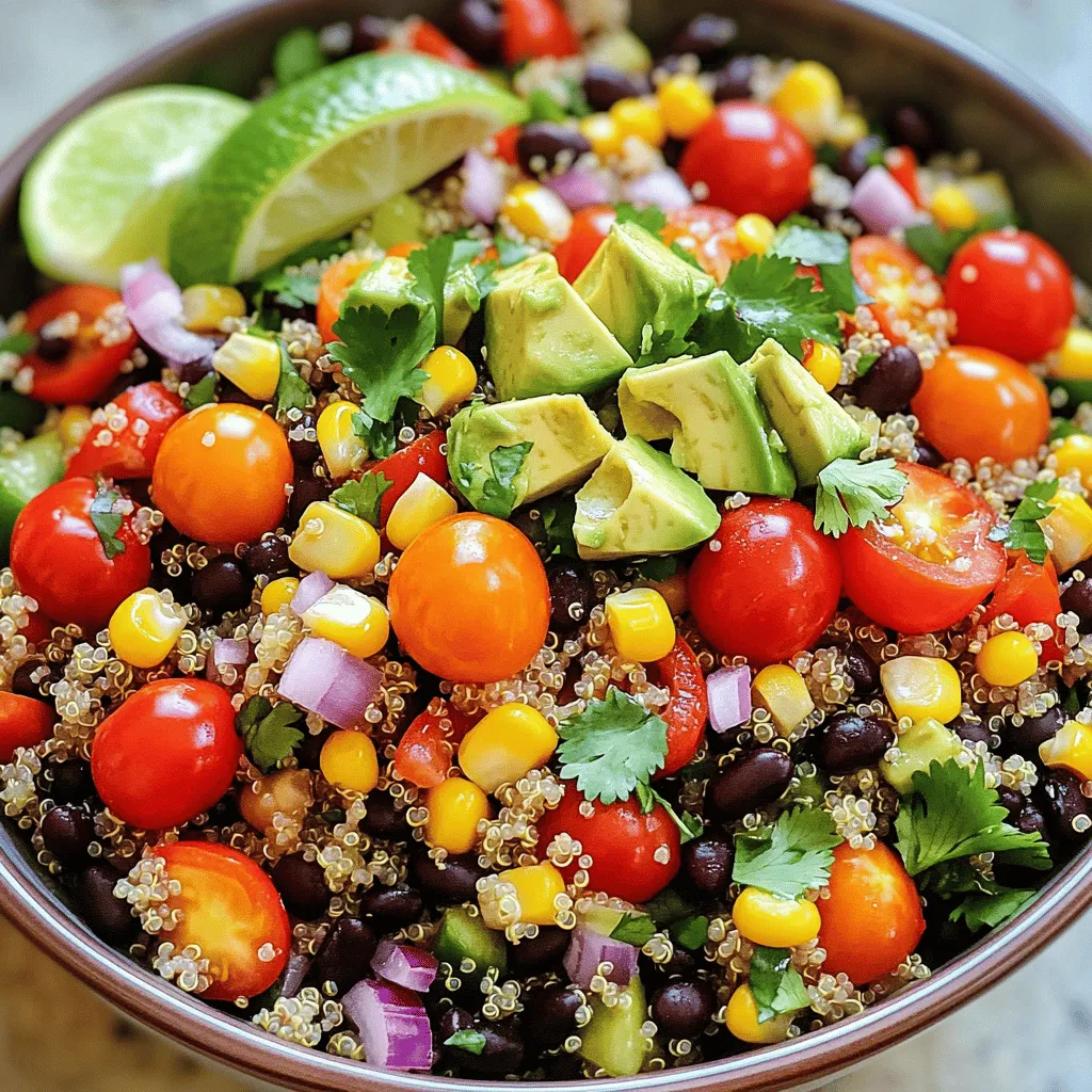 To make a delicious Mexican quinoa salad, you will need: - 1 cup quinoa, rinsed - 2 cups vegetable broth - 1 can (15 oz) black beans, rinsed and drained - 1 cup cherry tomatoes, halved - 1 avocado, diced - 1 cup corn (fresh, frozen, or canned) - 1 bell pepper (red or yellow), diced - ¼ cup red onion, finely chopped - ½ cup fresh cilantro, chopped - Juice of 2 limes - 2 tablespoons olive oil - 1 teaspoon ground cumin - ½ teaspoon chili powder - Salt and pepper to taste You can add some optional ingredients to enhance taste: - Jalapeño, diced for spice - Cotija cheese for creaminess - Chopped green onions for freshness - Diced cucumber for crunch This salad is packed with nutrients: - Quinoa is high in protein and fiber. - Black beans add more protein and iron. - Avocado provides healthy fats and vitamins. - Tomatoes are rich in antioxidants. - This salad is low in calories and very filling. Enjoy this fresh, colorful salad that not only tastes great but also fuels your body! For the full recipe, check the details above. To start, rinse 1 cup of quinoa under cold water. This step removes the bitter coating. Next, in a medium saucepan, combine the rinsed quinoa with 2 cups of vegetable broth. Bring it to a boil over high heat. Once it boils, lower the heat, cover, and let it simmer for about 15 minutes. The quinoa is done when it absorbs all the liquid. Remove it from the heat and let it cool. Grab a large mixing bowl. Add the following fresh ingredients: - 1 can (15 oz) black beans, rinsed and drained - 1 cup cherry tomatoes, halved - 1 avocado, diced - 1 cup corn (fresh, frozen, or canned) - 1 bell pepper (red or yellow), diced - ¼ cup red onion, finely chopped - ½ cup fresh cilantro, chopped Mix these veggies together to distribute the colors and flavors evenly. In a small bowl, whisk together the dressing ingredients. Combine the juice of 2 limes, 2 tablespoons of olive oil, 1 teaspoon of ground cumin, and ½ teaspoon of chili powder. Add salt and pepper to taste. This dressing brings zest to the salad and ties all the flavors together. Once the quinoa has cooled slightly, fluff it with a fork. Add the quinoa to the large bowl with the vegetables. Pour the dressing over the mixture. Gently toss everything until it is evenly coated. Taste and adjust the seasoning if needed. For the best flavor, chill the salad in the refrigerator for at least 30 minutes before serving. This wait allows the flavors to meld beautifully. For the full recipe, check the complete instructions above. To cook quinoa perfectly, rinse it first. Rinsing washes away the bitter coating. Use a medium saucepan. Combine one cup of rinsed quinoa with two cups of vegetable broth. Bring it to a boil over medium heat. Reduce the heat and cover the pot. Simmer for about 15 minutes. When the liquid absorbs, fluff it with a fork. Let it cool before mixing it with other ingredients. For serving, I love using a large bowl. This makes it easy for guests to help themselves. Garnish with fresh cilantro and lime wedges for a pop of color. You can also serve it in lettuce wraps. It adds a nice crunch. This salad pairs well with grilled chicken or fish. Enjoy it as a light lunch or a side dish at dinner. To boost flavors, use fresh lime juice. It brightens every bite. Adding cumin and chili powder gives depth. For a twist, try adding diced jalapeños for heat. You can also mix in some cheese like feta or cotija for creaminess. Experiment with herbs like parsley or mint for freshness. Always taste and adjust the seasoning as you mix. This will ensure a delicious balance in every mouthful. Check out the [Full Recipe] for detailed steps on making this vibrant dish. {{image_2}} You can easily boost the protein in your salad. Try adding grilled chicken, shrimp, or tofu. Each option brings a unique flavor. For a plant-based choice, chickpeas work well too. They add a nice texture and protein punch. The dressing can change your salad's taste completely. Instead of lime and olive oil, use a tahini dressing for a nutty flavor. A cilantro-lime vinaigrette can add freshness. You can also try a spicy chipotle dressing for a kick. Each dressing can create a new experience. Don't worry if you lack some ingredients. You can swap black beans for pinto beans or kidney beans. If you don’t have cherry tomatoes, use regular diced tomatoes. For the bell pepper, any color works. You can even skip the onion if you prefer. These swaps make the salad flexible and fun. For the complete recipe of this vibrant dish, check out the Full Recipe! Store any leftover salad in an airtight container. Make sure it is sealed tightly. This helps keep it fresh for a few days. You can keep it in the fridge for up to three days. If you see any brown spots on the avocado, just scoop them off. You can freeze quinoa salad, but it may change the texture. To freeze, place it in a freezer-safe bag. Remove as much air as possible before sealing. It can last for up to three months. When you're ready to eat, thaw it overnight in the fridge. When you serve the salad after storage, give it a good mix. This helps to combine the flavors again. If the salad seems dry, add a splash of lime juice or olive oil. Taste it and adjust the seasoning if needed. Enjoy your fresh flavors! For the complete recipe, check out the Full Recipe section. Yes, you can make Mexican Quinoa Salad ahead of time. It tastes even better after sitting. Just chill it in the fridge for at least 30 minutes. This helps the flavors mix well. You can prepare it a day in advance too. Just store it in an airtight container. You can serve Mexican Quinoa Salad with many dishes. It pairs well with grilled chicken or shrimp. Try it next to tacos for a fun meal. You can also serve it with fish for a light dinner. Add some tortilla chips for crunch. This salad goes great with salsas or guacamole too. Yes, quinoa is gluten-free. It comes from a seed, not a grain. This makes it a great option for those avoiding gluten. You can enjoy it safely in many dishes. Quinoa is also high in protein and fiber. This adds to its health benefits. This article covered how to make Mexican Quinoa Salad. We looked at key ingredients, cooking steps, and tips for flavor. You learned about variations and storage options. In short, this dish is easy to make and fun to eat. It’s healthy and packed with flavor. Enjoy making it your own with different proteins and dressings. You’ll love how this salad fits into any meal!