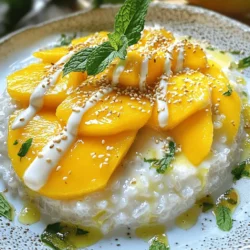 - 1 cup glutinous rice - 1 ½ cups coconut milk - ½ cup granulated sugar - ¼ teaspoon salt - 1 ripe mango, peeled and sliced - 1 tablespoon sesame seeds (optional) - Fresh mint leaves for garnish (optional) Glutinous rice is key to this dish. It gives the pudding its unique sticky texture. This type of rice absorbs flavors well and becomes soft when cooked. You can find it in Asian grocery stores or online. When selecting mangoes, look for ones that are slightly soft to the touch. This means they are ripe and sweet. A ripe mango has a fragrant aroma, indicating its sweetness. Avoid mangoes with dark spots or blemishes. For coconut milk, you can use canned or fresh options. Canned coconut milk is easy to find and convenient. Make sure to choose one with no added preservatives. If you prefer fresh coconut, blend the flesh with water and strain for a homemade version. For the full recipe, follow the steps outlined in the cooking guide. Enjoy making this delightful treat! To start, rinse the glutinous rice. Place it in a bowl and cover it with cold water. Swirl the rice until the water turns cloudy. Drain and repeat until the water runs clear. This step removes excess starch. Next, soak the rice. You need to soak it for at least 4 hours, or overnight for best results. This helps the rice absorb water and become sticky when cooked. Now, it's time to cook the rice. Drain the soaked rice and place it in a steamer lined with cheesecloth. Make sure the rice is spread out evenly. Steam it over boiling water for 30 to 40 minutes. You know the rice is done when it is fully cooked and sticky. While the rice cooks, make the coconut sauce. In a saucepan, mix coconut milk, sugar, and salt. Heat it over medium heat. Stir until the sugar dissolves. Be careful not to let it boil. To get the right consistency, keep an eye on the sauce. It should be smooth and creamy, without lumps. Once the rice is cooked, transfer it to a large bowl. Pour about 1 cup of the coconut milk mixture over the rice. Stir well to combine. Let it sit for 15 to 20 minutes. This helps the rice soak in the flavors. For serving, scoop the sticky rice pudding onto a plate. Drizzle more coconut milk sauce on top. Add fresh mango slices, arranged beautifully. If you want extra crunch, sprinkle sesame seeds over the dish. You can also use fresh mint leaves for a nice touch. For the full recipe, check out the complete instructions above. To make the best mango sticky rice pudding, you need the right texture. Achieving a sticky consistency is key. Start by rinsing the glutinous rice well. This removes excess starch. Soak the rice for at least four hours. Soaking overnight is even better. It helps the rice absorb water and cook evenly. Avoid overcooking the rice. Steam it for 30 to 40 minutes. Check it for doneness. The rice should be soft but still hold its shape. If you cook it too long, it can turn mushy. You want that perfect, chewy bite. Add a twist to your mango sticky rice pudding. You can enhance the flavor with spices. A hint of vanilla or a pinch of salt can elevate the taste. Consider adding a dash of cinnamon for warmth. It pairs well with the coconut milk. For garnishing, fresh mint leaves add a pop of color. You can also sprinkle sesame seeds on top. They add a nice crunch. Combine these elements to make your dish shine. Watch out for these common mistakes. First, don’t over-soak your rice. Soaking for too long can make it too soft. Aim for four to eight hours. Second, use glutinous rice only. Regular rice won’t give you that signature sticky texture. Look for glutinous rice in Asian grocery stores. This small step makes a big difference in your pudding's final outcome. {{image_2}} You can switch mango for other fruits in this dish. Pineapple adds a bright twist. Strawberries give a sweet and tangy flavor. You can also use bananas for creaminess. Seasonal fruits like peaches or berries work well, too. These fruits can change the taste and color of your pudding. If you want a vegan option, use maple syrup or agave for sweetness. These keep the flavor without using granulated sugar. You can also find coconut milk that is labeled vegan. For gluten-free versions, stick to glutinous rice, as it is naturally gluten-free. This way, everyone can enjoy this treat! Serving styles can make your dessert even more fun. Use a glass cup to show off the layers. You can also use small bowls to create individual servings. Molds help create fun shapes, like hearts or stars. This adds a playful touch to your meal. Try these ideas for a delightful treat! For more about this dish, check out the Full Recipe. To keep your mango sticky rice pudding fresh, follow these tips: - Place leftovers in an airtight container. - Store in the fridge for up to three days. - If you want to freeze it, separate into portions first. - Use freezer-safe bags to save space. When you’re ready to enjoy leftovers, here’s how to reheat without losing texture: - For best results, use a stovetop. - Add a splash of coconut milk to keep it moist. - Heat over low until warmed through. If you choose the microwave: - Place in a microwave-safe bowl. - Cover with a damp paper towel. - Heat for short bursts, stirring in between. You can store mango sticky rice pudding for a few days: - In the fridge, it lasts about three days. - Frozen, it can last up to a month. Watch for these signs of spoilage: - Off smell or sour taste. - Mold or unusual texture. - Discoloration on the mango slices. For the full recipe, check the earlier section. Enjoy your dessert! Mango Sticky Rice Pudding is a sweet dessert from Thailand. It combines sticky rice, coconut milk, and fresh mango. The dish has a rich history in Thai culture. It is often served during festivals and special occasions. The rice becomes sticky as it cooks, absorbing the creamy coconut milk. This dessert is loved for its balance of flavors. Yes, you can prepare Mango Sticky Rice Pudding in advance. Make the sticky rice and coconut sauce ahead of time. Store them separately in the fridge. When ready to serve, reheat the rice gently. Add the coconut sauce and fresh mango just before serving for the best taste. Glutinous rice is best for this dish. It has a high starch content, making it sticky. Regular rice will not give you the same texture. Glutinous rice absorbs the coconut milk well and holds its shape. Look for “sweet rice” or “sticky rice” in stores. To make the dish creamier, adjust the coconut milk ratio. Use more coconut milk in the mix. Start with 1 ½ cups and add a little more if needed. Make sure to stir well to blend it into the rice. You can also let the rice sit longer in the coconut milk for extra creaminess. You can find great Mango Sticky Rice Pudding at many Thai restaurants. Look for places that focus on authentic Thai dishes. Local markets may also sell this dessert. Ask for recommendations from friends or check online reviews. Enjoying it fresh from a local spot is a delightful experience. Mango sticky rice pudding is a delightful treat, blending glutinous rice, coconut milk, and fresh mango. This dish shines when you use quality ingredients and follow the proper techniques. My tips and variations help you customize it to your taste. Remember to store leftovers correctly and enjoy them later. With this guide, you can master a beloved dish that never fails to impress. Enjoy creating this treat for yourself and others!