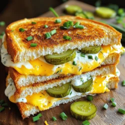 To make a Pickle Ranch Grilled Cheese, you need some key ingredients. Here’s what you’ll need: - Sourdough bread - Unsalted butter - Cheddar cheese - Mozzarella cheese - Ranch dressing - Dill pickles - Fresh chives (optional) - Salt and pepper Each ingredient plays a big role in making this sandwich tasty. The sourdough bread gives a nice, crisp bite. Unsalted butter helps create that golden crust we all love. The cheddar and mozzarella mix melts perfectly, adding a gooey texture. Ranch dressing brings a creamy flavor that is hard to beat. Dill pickles add a tangy crunch, which balances the richness of the cheese. Chives, while optional, add a fresh touch. Don’t forget to season with salt and pepper to enhance all these flavors. For the full recipe, you can find it listed above. Enjoy the fun of cooking this delicious sandwich! - Heating the skillet First, I heat a skillet over medium heat. This step is key for a nice, even cook. - Buttering the bread While the skillet warms, I spread butter on one side of each slice of sourdough. This butter gives the bread a crispy, golden finish. - Mixing cheeses In a bowl, I mix together the shredded cheddar and mozzarella cheeses. The blend of flavors makes each bite rich and tasty. - Spreading ranch dressing Next, I spread ranch dressing on the unbuttered side of one slice. This adds a tangy kick that pairs perfectly with the cheese. - Layering pickles & cheese I layer the cheese mixture on top of the ranch. Then, I add sliced dill pickles and sprinkle chives if I want a fresh taste. Finally, I top it with more cheese, placing the second slice on top, butter side out. - Cooking the sandwich Carefully, I place the sandwich in the hot skillet. I cook it for about 4-5 minutes until the bottom is golden brown. - Flipping technique Using a spatula, I flip the sandwich carefully. I cook the other side for another 4-5 minutes until it is also golden and the cheese melts. - Resting & slicing Once cooked, I remove the sandwich from the skillet. I let it rest for a minute before slicing it in half. This allows the cheese to set a bit, making it easier to eat. For the full recipe, check out the details above! To get the best grilled cheese, control the heat. Set your skillet to medium. This helps the bread toast slowly. High heat burns the outside but leaves the cheese cold. For crispiness, use unsalted butter. It gives a rich flavor and helps achieve that golden crust. Spread it evenly on the bread. This ensures each bite is crunchy and delicious. You can add more fun to your Pickle Ranch Grilled Cheese. Try crispy bacon for a savory twist. Add sliced tomatoes for freshness. For a spicy kick, jalapeños work great too. Pair your sandwich with a side of tomato soup. The warmth complements the cheese and pickles. A simple salad can also balance the meal. No sourdough? Use whole grain or rye bread. Each has its own taste and texture. If you want to go lighter, swap out the cheeses. Use low-fat mozzarella or cheddar. For a healthier option, choose low-fat ranch dressing. It keeps the flavor without the extra calories. This way, you can enjoy your grilled cheese guilt-free. For the complete recipe, check out the Full Recipe. {{image_2}} You can make this sandwich even better with a few fun twists. Adding crispy bacon gives each bite a smoky crunch. Just fry the bacon until it's crispy and layer it inside your grilled cheese. You can also add other vegetables. Think about adding spinach or sliced tomatoes for extra flavor and color. These additions make the sandwich more filling and healthy. Cheese is key in this recipe. You can switch up the cheese for new tastes. Using pepper jack adds a nice kick. It brings a bit of heat that pairs well with the cool ranch. You can also try different mozzarella cheeses. Flavored mozzarella can offer a unique twist. It’s fun to mix and match flavors to find your favorite combo. Ranch dressing is great, but you have options. Try using blue cheese dressing for a bold flavor. It adds a rich taste that many love. You can also make your own ranch dressing at home. Mix sour cream, garlic powder, and herbs for a fresh touch. This way, you can control the flavor and keep it exciting. To store leftover Pickle Ranch Grilled Cheese, let it cool first. Wrap it in foil or place it in an airtight container. This keeps it fresh. Refrigerate the sandwich for up to three days. To reheat, use a skillet over medium heat. Cook for about 3-4 minutes on each side. This brings back the crispiness and melts the cheese nicely. You can also use a toaster oven for even heating. If you want to save your Pickle Ranch Grilled Cheese, freezing is a good choice. Wrap each sandwich tightly in plastic wrap. Then, put them in a freezer bag. This prevents freezer burn. To thaw, leave the sandwich in the fridge overnight. If you're in a hurry, use the microwave. Heat it on low for about 1-2 minutes. Then, reheat in a skillet for best results. When stored correctly, your Pickle Ranch Grilled Cheese lasts about 3 days in the fridge. If frozen, it can last up to three months. Watch for signs of spoilage. If the bread is soggy, or the cheese has a strange smell, throw it away. Enjoy your tasty sandwich while it’s fresh! Yes, you can make Pickle Ranch Grilled Cheese ahead of time. To prep, follow these steps: - Prepare the sandwich without cooking it. - Wrap it tightly in plastic wrap or foil. - Store it in the fridge for up to 24 hours. When you’re ready to eat, just cook it in a skillet as usual. This keeps the bread fresh and the cheese melty. To make Pickle Ranch Grilled Cheese vegan, use these substitutes: - Replace butter with vegan butter or olive oil. - Swap out the cheeses for vegan cheese options. - Use dairy-free ranch dressing. These changes keep the taste bold and creamy while fitting a vegan diet. Serve Pickle Ranch Grilled Cheese with these tasty sides: - Tomato soup for a classic combo. - Fresh salad for crunch and color. - Sweet potato fries for a fun twist. These sides enhance the meal and bring out the flavors of the sandwich. In this article, we explored the tasty world of Pickle Ranch Grilled Cheese. We detailed the key ingredients and provided step-by-step instructions to make it easy. I shared tips on perfect grilling, flavor combinations, and creative twists. You can store leftovers or even freeze your sandwiches for later. Remember, this meal is versatile and can be customized to fit your taste. Enjoy experimenting with different cheeses and toppings. Your kitchen adventure awaits! Enjoy every bite of this unique grilled cheese.