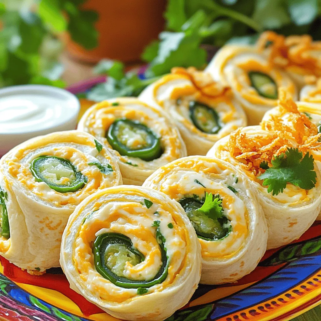 To make Jalapeño Popper Pinwheels, you need simple and tasty ingredients. Here’s what to gather: - 8 oz cream cheese, softened - 1 cup sharp cheddar cheese, shredded - 1/2 cup jalapeños, finely chopped (fresh or pickled) - 1/4 cup green onions, finely sliced - 1 tsp garlic powder - 1 tsp onion powder - 4 large flour tortillas - 1/2 cup crispy fried onions (optional, for extra crunch) - Fresh cilantro, chopped (for garnish) These ingredients create a fun mix of flavors. The cream cheese gives a rich base, while the jalapeños add a nice kick. When I prepare these pinwheels, I prefer using specific brands for the best taste: - Cream Cheese: Philadelphia is a classic choice for smooth texture. - Cheddar Cheese: Tillamook offers a sharp flavor that stands out. - Tortillas: Mission brand is soft and easy to roll. - Jalapeños: Whole Foods has fresh jalapeños that are spicy and crunchy. Using these brands can enhance your dish's flavor and quality. Always choose fresh ingredients for the best results. If you need to swap out any ingredients, here are some easy alternatives: - Cream Cheese: Use Greek yogurt for a lighter option. - Cheddar Cheese: Monterey Jack works well if you prefer a milder taste. - Tortillas: Gluten-free tortillas can be used for a gluten-free option. - Jalapeños: If you want less heat, bell peppers can be a good choice. Feel free to mix and match based on your taste. The key is to keep the flavors vibrant and fun. For the full recipe, check out the detailed instructions. Making jalapeño popper pinwheels is quick and fun. You will mix the filling, spread it on tortillas, and roll them up. These pinwheels are perfect for parties or game day. You’ll need about 45 minutes from start to finish. 1. Mix the Filling: In a bowl, combine 8 oz cream cheese, 1 cup sharp cheddar cheese, and 1/2 cup finely chopped jalapeños. Add 1/4 cup sliced green onions, 1 tsp garlic powder, and 1 tsp onion powder. Stir until everything is well mixed. 2. Prepare the Tortilla: Place a large flour tortilla on a clean surface. Spread a good layer of the cheese mixture on the tortilla. Leave about a 1/2 inch space at the edges. 3. Add Crunch (Optional): If you want extra crunch, sprinkle 1/2 cup crispy fried onions over the cheese mixture. 4. Roll It Up: Start at one edge and roll the tortilla tightly. Keep the filling inside as you roll. Repeat this with the other tortillas and filling. 5. Chill the Rolls: Wrap each rolled tortilla in plastic wrap. Refrigerate them for at least 30 minutes. This helps the pinwheels hold their shape. 6. Slice the Pinwheels: After chilling, take the tortillas out of the wrap. Use a sharp knife to cut each roll into 1-inch pinwheels. 7. Serve: Arrange the pinwheels on a platter and add fresh cilantro on top for color. Serve them with ranch dressing or a spicy dip for extra flavor. - Keep It Tight: When rolling, apply even pressure. This helps the pinwheels stay together. - Use a Sharp Knife: A sharp knife makes clean cuts. This keeps your pinwheels looking nice. - Chill Well: Chilling the rolls makes slicing easier. It also keeps the filling from spilling out. For the full recipe, refer to the ingredients and instructions above. Enjoy your tasty jalapeño popper pinwheels! For the best filling, mix your cream cheese well. Make sure it’s soft. This helps it blend with the cheddar and jalapeños. If your mixture seems too thick, add a little more cream cheese. You want a smooth spread, not a chunky paste. Wrap your pinwheels tightly in plastic wrap. This keeps them fresh and prevents them from drying out. Chill them in the fridge for at least 30 minutes. This helps the flavors meld together. If you plan to serve later, store them in an airtight container. They stay fresh and tasty that way. These pinwheels shine at parties! Serve them with ranch dressing for dipping. A spicy sauce adds some kick. Arrange them on a colorful platter for a fun look. You can also pair them with fresh veggies or a salad. They make a great snack or appetizer, too. For the full recipe, check out the section above. {{image_2}} Want more heat in your pinwheels? You can easily amp up the spice. Try adding diced serrano peppers or a splash of hot sauce to the cream cheese mix. For an extra kick, sprinkle in some cayenne pepper or crushed red pepper flakes. This way, your pinwheels will have a fiery punch that spice lovers will adore. If you want a vegetarian twist, swap the cream cheese for a dairy-free version. You can also use smoked gouda or pepper jack cheese for unique flavors. Add chopped bell peppers, spinach, or even sun-dried tomatoes to the filling. These veggies add color and taste, making your pinwheels even more delightful. You can make these pinwheels ahead of time. After rolling them, wrap each one well in plastic wrap. Store them in the fridge for up to two days. If you want to freeze them, place the wrapped rolls in a freezer-safe bag. They will stay fresh for about a month. When you are ready to enjoy, just thaw them in the fridge overnight. Then slice and serve. This makes it easy to have a tasty snack on hand whenever you need! To keep your Jalapeño Popper Pinwheels fresh, wrap them tightly in plastic wrap. This keeps air out and prevents them from drying out. You can also store them in an airtight container. Make sure to place parchment paper between layers if stacking. This will help maintain their shape and texture. When stored properly in the fridge, your Jalapeño Popper Pinwheels can last up to 3 days. After that, their taste and texture may decline. If you want to keep them longer, consider freezing them. Frozen pinwheels can last up to 2 months. To reheat your Jalapeño Popper Pinwheels, remove them from the fridge or freezer. If they are frozen, let them thaw in the fridge overnight. Then, place the pinwheels on a baking sheet in a preheated oven at 350°F (175°C) for about 10-15 minutes. This will warm them up and help maintain their crunch. Enjoy your delicious pinwheels warm! For the full recipe, check the recipe section above. A good pinwheel roll is tight and holds its shape. You want the filling well-distributed. Use a soft tortilla to help with rolling. The filling should not be too runny. If it is, the pinwheels may fall apart. I like to mix cream cheese with sharp cheddar for flavor. Adding jalapeños gives it a nice kick. Remember, the goal is a tasty bite every time. Yes, you can make Jalapeño Popper Pinwheels ahead of time. In fact, chilling them helps the flavors meld. After rolling the tortillas, wrap them in plastic. Store them in the refrigerator for up to a day. This way, they stay fresh and firm. Just slice them before serving. You’ll have a quick snack ready for guests or family. The best way to serve pinwheels is on a colorful platter. You can arrange them in a circle or line. I like to add a small bowl of ranch dressing. A spicy dipping sauce also pairs well. Fresh cilantro on top adds a nice touch. This makes for an eye-catching and tasty display. Enjoy sharing these with friends and family! Jalapeño Popper Pinwheels are fun and easy to make. We discussed ingredient choices, steps, and expert tips. Remember to choose high-quality ingredients for the best taste. Use my instructions to roll and slice them perfectly. Don't forget about tasty variations and proper storage. These pinwheels can impress anyone at a party. Try different flavors or make them ahead for convenience. Enjoy these delicious bites at your next gathering or for a snack.