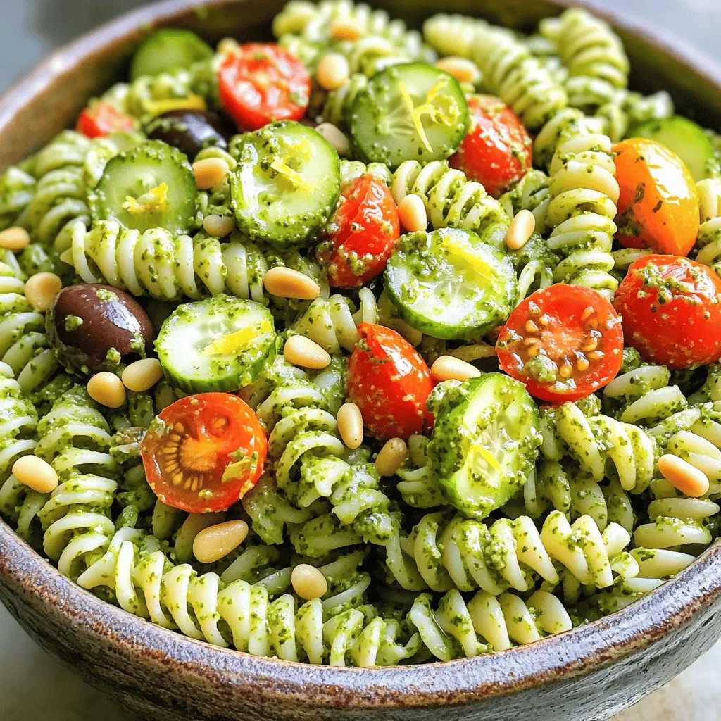 - 12 oz (340g) fusilli pasta - 1 cup fresh basil leaves - ½ cup pine nuts (toasted) - ½ cup grated Parmesan cheese - 3 cloves garlic - ½ cup extra virgin olive oil - 1 cup cherry tomatoes, halved - 1 cup cucumber, diced - ¼ cup Kalamata olives, pitted and sliced - Zest and juice of 1 lemon To create a tasty pesto pasta salad, I use fresh and high-quality ingredients. The main ingredient, fusilli pasta, holds the sauce well. For my pesto, I blend fresh basil leaves, toasted pine nuts, garlic, and grated Parmesan cheese. This mix gives the salad a rich flavor. I then add extra virgin olive oil until the pesto is smooth. Cherry tomatoes add a sweet burst, while cucumber adds a crunchy bite. Kalamata olives give the dish a salty taste. Finally, the lemon juice brightens every bite. - Protein additions (chicken, shrimp) - Additional vegetables (bell peppers, zucchini) - Fresh herbs (parsley, arugula) You can make this salad even better by adding protein. Cooked chicken or shrimp works great. For more crunch, try adding bell peppers or zucchini. Fresh herbs like parsley or arugula can bring extra flavor and color. - Vegetarian options - Gluten-free substitutions (gluten-free pasta) - Nut-free variations This salad is friendly for many diets. If you want a vegetarian option, skip the protein. You can also use gluten-free pasta to make it gluten-free. For those with nut allergies, simply leave out the pine nuts or use seeds instead. To start, boil water in a large pot. Add salt to the water for flavor. Once it boils, add 12 oz of fusilli pasta. Cook it until al dente, which means it should be firm when you bite it. This usually takes about 8-10 minutes. After cooking, drain the pasta and rinse it under cold water. This stops the cooking and cools the pasta down. Next, let's make the pesto. Gather these ingredients for the pesto: - 1 cup fresh basil leaves - ½ cup toasted pine nuts - ½ cup grated Parmesan cheese - 3 cloves garlic - ½ cup extra virgin olive oil - Salt and pepper to taste In a food processor, first add the basil leaves, pine nuts, Parmesan, and garlic. Pulse these until they are finely chopped. Now, with the processor running, slowly pour in the olive oil. This will help create a smooth texture. If your pesto is too thick, just add a bit more olive oil. Season it with salt and pepper to your taste. Now it’s time to combine everything. In a large bowl, add the cooled pasta, pesto, and these vegetables: - 1 cup cherry tomatoes, halved - 1 cup cucumber, diced - ¼ cup Kalamata olives, pitted and sliced Gently fold these ingredients together. Make sure the pasta is evenly coated with the pesto. This step is key for a full flavor in every bite. For the last steps, add zest and juice from 1 lemon to the salad. This adds a nice brightness. Toss the salad again to mix the lemon flavor throughout. Then, cover the salad and chill it in the fridge for at least 30 minutes. Chilling helps the flavors deepen and meld together. For the full recipe, check out the detailed steps above. Enjoy your fresh and flavorful pesto pasta salad! To get the best pesto, start with good olive oil. If your pesto is too thick, add more olive oil. You can also swap out pine nuts for walnuts or almonds if you like. This gives a new taste and texture. Feel free to mix in different herbs too, like parsley or cilantro. Each choice changes the flavor. Pesto pasta salad pairs well with crusty bread or grilled meats. Serve it in a big bowl or on a nice platter. Add a sprinkle of Parmesan on top for a pretty finish. You can also toss in some extra cherry tomatoes to add color and freshness. You can make this salad ahead of time. It tastes even better after sitting for a while. Chill it in the fridge for at least 30 minutes before serving. This helps the flavors blend well. If you're planning a party, prepare it a few hours early for easy serving. Check the Full Recipe for more tips! {{image_2}} You can make your pesto pasta salad even better by adding protein. Adding cooked chicken or shrimp gives it a tasty boost. Both options work well with the flavors of the pesto. If you want a vegetarian choice, try using tofu or chickpeas. Both add protein and make the salad filling. You might want to spice up your salad a bit. Adding herbs like oregano or red pepper flakes can give it a nice kick. A touch of heat makes every bite exciting. You can also introduce a creamy element for richness. Cream cheese or ricotta can bring a smooth texture that pairs nicely with the pesto. Seasonal veggies can change the game. In summer, add fresh asparagus or sweet corn for a bright twist. In winter, roasted veggies like butternut squash can warm up the dish. Adapting your salad to the seasons keeps it fresh and fun. Try these ideas to make your pesto pasta salad a new favorite each time! For the complete recipe, check out the Full Recipe. To store your pesto pasta salad, place it in an airtight container. This keeps it fresh and tasty. The salad stays good in the fridge for about 3 to 5 days. Make sure to check for any signs of spoilage, like off smells or changes in texture. Can you freeze pesto pasta salad? Yes, but it may change a bit in texture. To freeze, put the salad in a freezer-safe container. Use it within 2 months for the best flavor. When you want to eat it, thaw it in the fridge overnight. After thawing, add fresh ingredients like tomatoes or cucumber for a crisp bite. Reheat pesto pasta salad gently. Use the microwave on low power or a stovetop with a little water. Stir often to heat it evenly. Avoid high heat to stop the pasta from getting soggy. This keeps your dish fresh and delicious, just like when you first made it. To make pesto pasta salad vegan, swap out a few key ingredients. Replace the Parmesan cheese with nutritional yeast or a vegan cheese alternative. You can also use walnuts or sunflower seeds instead of pine nuts. These changes will keep the flavor rich and satisfying. Using store-bought pesto can save time. It’s convenient and often tasty. However, some brands may include preservatives or additives. If you prefer fresh flavors, making your own pesto is best. With homemade, you control the ingredients and taste. Pesto pasta salad lasts about 3 to 5 days in the fridge. Store it in an airtight container. If you freeze it, it can last up to 3 months. Remember to thaw it in the fridge overnight before serving. Pesto pasta salad pairs well with many sides. Consider grilled chicken, shrimp, or roasted vegetables. A simple green salad or crusty bread also complements the dish. These sides enhance the meal and add more flavor. Pesto pasta salad can be gluten-free if you use gluten-free pasta. There are many options available, such as chickpea or brown rice pasta. Be sure to check the labels to avoid any gluten. This way, everyone can enjoy the dish! This blog post covered making a delicious pesto pasta salad. We discussed ingredients, cooking steps, and storage tips. Remember, you can customize your salad with proteins or seasonal veggies. Pesto pasta salad is both simple and adaptable. It fits various diets and can be made ahead of time. Enjoy experimenting with flavors and ingredients. With these details, you are ready to create a tasty dish that is perfect for any occasion. Happy cooking!