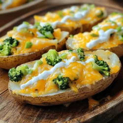 - 4 large russet potatoes - 1 cup broccoli florets, steamed and chopped - 1 cup sharp cheddar cheese, grated - 1/2 cup sour cream - 1/4 cup green onions, chopped - 2 tablespoons olive oil - Salt and pepper to taste - Optional: 1/2 teaspoon garlic powder You can swap broccoli for spinach or cauliflower. These options work well. For cheese, try mozzarella or pepper jack for a twist. If you want a dairy-free option, use vegan sour cream or cashew cream. These choices keep the dish tasty and suitable for different diets. Feel free to mix and match! Each alternative can change the flavor and texture. This way, you can make it your own while staying true to the core of the recipe. You can find the full recipe for Cheesy Broccoli Cheddar Potato Skins at the beginning of the article. To start, clean your russet potatoes well. Use cold water to scrub off any dirt. Make sure they are dry before cooking. Next, pierce each potato with a fork. This lets steam escape while baking. Aim for about six to eight holes per potato to avoid popping. Set your oven to 400°F (200°C). Place the potatoes directly on the oven rack. Bake them for 45 to 55 minutes. To check if they are done, pierce them with a fork. They should feel soft and tender inside. After baking, let the potatoes cool for about ten minutes. Then, cut each potato in half lengthwise. Scoop out most of the flesh, leaving about 1/4 inch inside. In a bowl, mix the scooped-out potato with steamed broccoli, grated cheddar cheese, sour cream, and green onions. If you like, add garlic powder. Stir everything until it is well mixed. Spoon the filling back into the potato skins. Fill them generously, but don’t overfill. Place the filled skins on a baking sheet. If you want, add more cheddar cheese on top. Bake them again at 375°F (190°C) for 15 to 20 minutes. You want the tops to be golden and bubbly. After baking, let them cool slightly before serving. To get crispy potato skins, bake them at a high temperature. I suggest 400°F (200°C) for the first bake. Make sure to poke holes in the potatoes with a fork. This helps steam escape. After baking, rub the skins with olive oil. This adds flavor and helps crisp them up. To enhance flavor, season the potato filling well. Salt and pepper are essential. You can also add garlic powder for a nice kick. Feel free to mix in spices like paprika or cayenne for extra zest. For serving, I love using a rustic wooden platter. It adds charm and warmth. You can arrange the cheesy broccoli cheddar potato skins in a circle. This makes them look inviting. Drizzling sour cream on top adds a creamy touch. Garnish with chopped green onions for color. You can also add fresh herbs like parsley or cilantro for a pop of green. Adding a sprinkle of extra cheese on top before baking makes them even more appetizing. One mistake is overbaking the potato skins. If you bake them too long, they can dry out. Another error is underfilling the skins. Make sure to fill them generously with the tasty mixture. Improper seasoning is also common. Always taste the filling before you fill the skins. Adjust the salt and pepper to your liking. This ensures every bite is packed with flavor. {{image_2}} You can customize your cheesy broccoli cheddar potato skins with fun toppings. Try adding crispy bacon bits for a savory crunch. You can also sprinkle on some diced tomatoes or jalapeños for a fresh kick. If you love heat, add a dash of hot sauce or chili flakes. You can also mix in different veggies like bell peppers or zucchini. This adds color and taste to your dish. Want to make it gluten-free? Just check your cheese and sour cream labels. Most are safe, but it’s good to confirm. For a low-carb option, swap regular potatoes for cauliflower. This makes a tasty and lighter version. If you’re going vegan, use plant-based cheese and sour cream. You can also skip the cheese and load up on more veggies. This keeps the dish creamy and delicious. Pair your cheesy potato skins with crunchy salads or veggie sticks. They go well with ranch or salsa dips for extra flavor. For drinks, a light beer or sparkling water works best. If you prefer something sweeter, serve with iced tea or lemonade. These choices enhance the meal and keep it fun. For more ideas, check the Full Recipe for tips on sides and drinks. To keep your cheesy broccoli cheddar potato skins fresh, follow these steps: - Let the potato skins cool to room temperature. - Wrap each skin in plastic wrap or place them in an airtight container. - Store them in the fridge. These skins can last for up to three days in the fridge. They taste best when eaten fresh, but they still make a tasty snack later! When you're ready to enjoy your leftovers, here’s how to reheat them: - Oven Method: Preheat your oven to 350°F (175°C). Place the potato skins on a baking sheet. Bake for around 10-15 minutes until heated through. This keeps the skins crispy. - Microwave Method: Place a potato skin on a microwave-safe plate. Heat for about 1-2 minutes. This is quicker but may make the skins a bit soft. With these methods, you can enjoy your cheesy broccoli cheddar potato skins just like when they were fresh! To keep potato skins crispy, follow these tips: - Bake at the right temperature: Start by baking your potatoes at a high temperature. This helps to dry out the skin. - Pierce the potatoes: Pricking the potatoes with a fork before baking allows steam to escape. This step is key to avoid moisture build-up. - Use olive oil: Rub the skins with olive oil and season them. This adds flavor and helps crisp up the skin. The initial baking is crucial. It sets the stage for a perfect crunch. If you skip this step, the skins may turn out soft and sad. Yes, you can prepare these delicious potato skins ahead of time. Here are some tips: - Refrigerator storage: After baking and filling the skins, store them in an airtight container. They can last in the fridge for up to 3 days. - Freezer storage: For longer storage, freeze the filled potato skins. Wrap them tightly in plastic wrap and then foil. They can stay in the freezer for up to 3 months. When you’re ready to eat, reheating is easy. For best results, bake them again. This helps restore their crispiness. Absolutely! These cheesy broccoli cheddar potato skins are great for meal prep. Here’s how to do it: - Portioning: Cut the potatoes into halves and fill them evenly. This way, you have ready-to-eat portions. - Packing: Use meal prep containers for easy storage. Keep the skins separated to avoid sogginess. To maintain freshness, store them in the fridge. Make sure they are cool before sealing. This way, they will taste fresh when you reheat them. This article covered everything you need to make Cheesy Broccoli Cheddar Potato Skins. We detailed essential ingredients, from russet potatoes to sharp cheddar cheese. You learned step-by-step instructions for prepping, baking, and assembling your skins. I also shared tips for storage, common mistakes, and variations for different diets. With these insights, you can create a tasty dish everyone will enjoy. Use your creativity to make this recipe your own. Happy cooking!