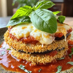 To make crispy baked eggplant parmesan, you will need: - 2 medium eggplants, sliced into 1/4 inch rounds - 1 cup all-purpose flour - 2 large eggs, beaten - 1 cup breadcrumbs (preferably panko for extra crunch) - 1 teaspoon garlic powder - 1 teaspoon Italian seasoning - 1/2 teaspoon salt - 1/4 teaspoon black pepper - 3 cups marinara sauce (store-bought or homemade) - 2 cups mozzarella cheese, shredded - 1/2 cup grated Parmesan cheese - Fresh basil leaves, for garnish You can add extra flavors or textures with these optional ingredients: - Crushed red pepper for spice - Fresh parsley for garnish - Extra cheese varieties like provolone or fontina You may need ingredient swaps for dietary needs or preferences: - Use gluten-free flour and breadcrumbs for a gluten-free dish. - Replace eggs with a flaxseed mixture (1 tablespoon of flaxseed meal + 2.5 tablespoons of water) to make it vegan. - If you do not have marinara sauce, try a homemade tomato sauce or even pesto for a twist. Using the right ingredients is key to a tasty and crispy baked eggplant parmesan. I recommend sticking with the fresh eggplant and quality cheese for the best taste and texture. For the full recipe, check the detailed instructions. Start by preheating your oven to 400°F (200°C). This ensures the eggplant cooks evenly. Next, slice two medium eggplants into 1/4 inch rounds. Take your time and make the slices even. Sprinkle salt over the slices. This step draws out excess moisture, making them crispy. Let them sit for about 30 minutes. After that, rinse each slice and pat them dry with paper towels. This helps remove the salt and excess water. Now, you will set up a breading station. In one bowl, place 1 cup of all-purpose flour. This will be the first step for coating the eggplant. In a second bowl, beat two large eggs. This will help the breading stick. In a third bowl, mix 1 cup of breadcrumbs with 1 teaspoon of garlic powder, 1 teaspoon of Italian seasoning, 1/2 teaspoon of salt, and 1/4 teaspoon of black pepper. Dip each eggplant slice first in the flour, coating it well. Then, dip it in the beaten eggs. Finally, roll it in the breadcrumb mixture, pressing down to ensure good coverage. Arrange the coated eggplant slices on two lined baking sheets in a single layer. This allows for even cooking. Lightly spray them with cooking spray or drizzle with olive oil. Bake for 25 to 30 minutes, flipping halfway through. You want them golden brown and crispy. Once baked, take them out and set them aside. In a large baking dish, spread a thin layer of marinara sauce on the bottom. Layer half of the crispy eggplant on top. Then, sprinkle half of the shredded mozzarella cheese and a third of the grated Parmesan cheese over the eggplant. Repeat with the remaining eggplant, sauce, and cheeses. Top with the last of the Parmesan cheese. Bake again for 20 to 25 minutes, until the cheese is bubbly and golden. After baking, let it cool for a few minutes and garnish with fresh basil leaves. Enjoy your crispy baked eggplant parmesan! For the full recipe, check the earlier section. To get that perfect crunch, follow these steps. First, salt the eggplant slices. The salt draws out moisture and keeps the eggplant from getting soggy. Let them sit for about 30 minutes. Rinse and dry each slice well before breading. Use panko breadcrumbs if you like extra crispiness. They give the best texture. Lightly spray the breaded slices with cooking spray or drizzle olive oil on top before baking. This helps them brown nicely. You can use store-bought marinara sauce or make your own. If you choose store-bought, look for a brand with simple ingredients. I like sauces that use fresh tomatoes and herbs. For homemade sauce, cook diced tomatoes with garlic, onion, and basil. Simmer it until thick. A good marinara sauce can make your eggplant parmesan shine. Feel free to add chili flakes for a touch of heat! Using the right tools makes cooking easier. A sharp knife helps slice the eggplant evenly. A cutting board does the job well. You need three shallow bowls for breading: one for flour, one for eggs, and one for breadcrumbs. Baking sheets lined with parchment paper prevent sticking. An oven thermometer ensures your oven is at the right temperature. Finally, a large baking dish helps layer the eggplant and sauce perfectly. For the full recipe, check out the details above! {{image_2}} You can easily make a gluten-free eggplant parmesan. Replace regular flour with gluten-free flour. Use gluten-free breadcrumbs instead of panko. This keeps the same crispy texture while meeting dietary needs. Feel free to get creative with toppings! Add sautéed mushrooms or spinach for extra flavor. You can also sprinkle red pepper flakes for a hint of heat. For more richness, consider adding ricotta cheese between the layers. To make a vegan version, swap out eggs with a mix of ground flaxseed and water. Use dairy-free cheese or nutritional yeast for a cheesy flavor. Marinara sauce is a great vegan option, so that stays the same. Enjoy this tasty dish without any animal products! For the full recipe, you can refer back to the section above. After you enjoy your crispy baked eggplant parmesan, store any leftovers in your fridge. Place them in an airtight container. This keeps moisture out and helps it stay fresh. It’s best to store it within two hours of cooking. The dish can keep well for up to three days. Just make sure it cools down before sealing it up. If you want to save some for later, freezing is a great option. Wrap individual portions in plastic wrap and then place them in a freezer-safe bag. This helps prevent freezer burn. You can freeze it for up to three months. To reheat, thaw in the fridge overnight. Bake at 350°F (175°C) until heated through. This usually takes about 20-30 minutes. Properly stored, your eggplant parmesan stays tasty for a good while. In the fridge, it lasts up to three days. In the freezer, it lasts up to three months. Keep an eye on the quality. If it looks or smells off, it’s best to toss it. Enjoy the full recipe for the best results! You can serve Crispy Baked Eggplant Parmesan with many sides. A fresh salad pairs well. A simple green salad with lemon vinaigrette adds brightness. Garlic bread is another great choice. The crunchy bread complements the soft eggplant. You might also try a side of pasta. A light marinara sauce on pasta works well. For a heartier meal, serve it with roasted vegetables. Each side enhances the flavors of the dish. Yes, you can make this recipe ahead of time. Prepare the eggplant and layer it in the dish. Cover it with plastic wrap and refrigerate. You can do this up to one day in advance. When you're ready to eat, just bake it. It may need a few extra minutes in the oven. This option is great for busy days. The best way to reheat leftovers is in the oven. Preheat your oven to 350°F (175°C). Place the eggplant parmesan in an oven-safe dish. Cover it with foil to keep moisture in. Heat for about 15-20 minutes, or until hot. This method keeps the crust crispy. You can also use a microwave, but the texture may change. Enjoy your leftovers just as much as the first time! To wrap it up, we've covered all you need to know about Crispy Baked Eggplant Parmesan. We discussed ingredients, step-by-step instructions, and helpful tips for the best results. You also learned about variations and storage options to keep your dish fresh. Remember, this recipe is flexible and easy to customize. With the right ingredients and techniques, you’ll enjoy a delicious meal every time. Now, go ahead and make this dish your own. Happy cooking!