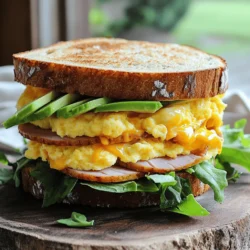 To make a delicious Egg & Ham Breakfast Sandwich with Melty Cheddar, you need these simple items: - 2 large eggs - 2 slices of ham (honey or smoked) - 2 slices of sharp cheddar cheese - 2 slices of whole-grain bread - 1 tablespoon butter - Salt and pepper to taste - Optional: sliced avocado and greens for garnish These ingredients create a hearty meal that packs flavor. The eggs give protein, while the ham adds a nice savory touch. Sharp cheddar brings a rich, creamy layer that melts beautifully. Whole-grain bread provides fiber and a nutty taste. Feel free to add avocado or greens for extra flavor and freshness. This sandwich is not just tasty; it’s also filling. You can easily customize it based on what you have at home. For the full recipe, check out the detailed cooking steps. - Heat the skillet over medium heat. - Add the ham slices to the skillet. - Cook them for about 2-3 minutes on each side until crispy. - Once done, take them out and set aside. - In a bowl, whisk the eggs with salt and pepper. - Melt butter in the same skillet. - Pour the eggs into the skillet when the butter is bubbly. - Gently scramble the eggs for 2-3 minutes. - Place the cheddar cheese on the scrambled eggs. - Cover the skillet to help the cheese melt. - Meanwhile, toast the whole-grain bread until golden brown. - On one slice of toasted bread, layer the crispy ham. - Add the cheesy scrambled eggs on top. - If you want, add sliced avocado and greens for extra flavor. - Finish with the second slice of bread. For the full recipe, check out the earlier section. Enjoy your delicious Egg & Ham Breakfast Sandwich with Melty Cheddar! To make fluffy scrambled eggs, whisk them well. Use a fork or whisk to blend air into the eggs. This helps them become light and soft. Cook on low heat to keep them from overcooking. Stir gently, so they cook evenly. Watch them closely; they should be just set, not dry. For the best flavor, use honey or smoked ham. These types add a nice sweetness or depth to your sandwich. Sharp cheddar cheese is a great choice too. It melts well and gives rich taste. For extra flavor, sprinkle in salt, pepper, or herbs like chives or parsley. These enhance the dish without being overpowering. For a stunning look, serve your sandwich on a wooden board. It adds a rustic feel. You can garnish with fresh herbs or a side of greens for color. Slice the sandwich in half to show off the melted cheese and eggs. This makes it more inviting and fun to eat. {{image_2}} You can change the meat in this sandwich. Use turkey or crispy bacon instead of ham. Each choice adds a new taste. You can also switch up the cheese. Try Swiss or mozzarella for a different flavor profile. These swaps keep your breakfast fun and exciting. If you need a gluten-free option, use gluten-free bread. This small change keeps the sandwich tasty. For those who follow a vegan diet, try plant-based eggs and cheese. These options make this sandwich fit for everyone. You can enjoy a delicious breakfast without missing out. Want to spice things up? Add a splash of hot sauce or some salsa. This brings heat and a burst of flavor. If you prefer sweet notes, try jam or fruit slices. These additions create a sweet and savory mix that delights your taste buds. To keep your Egg & Ham Breakfast Sandwich fresh, store it in an airtight container. Wrap it tightly with plastic wrap or foil, too. This helps prevent it from drying out. Place the sandwich in the fridge if you plan to eat it within two days. For best taste, enjoy it on the first day. When reheating, use a skillet over low heat. This keeps the bread from getting too hard. If you use a microwave, cover the sandwich with a damp paper towel. This helps keep the bread soft. Heat in short bursts of 15 to 20 seconds. Check often until it’s warm all the way through. If you want to save the sandwich for later, freezing is a good option. First, wrap the sandwich in foil or plastic wrap. For extra protection, place it in a freezer bag. Remove as much air as you can. Label it with the date. The sandwich will keep well for up to three months. For freezing components, you can also freeze the cooked ham and scrambled eggs separately. Place them in airtight containers. When you're ready to eat, take the sandwich out of the freezer. Let it thaw in the fridge overnight. Then, reheat the sandwich or its parts in a skillet. This helps regain the original taste and texture. To make the eggs creamier, use low heat when scrambling. Whisk the eggs well with a splash of milk or cream. This helps add richness. Stir gently while cooking. Remove them from heat just before they fully set. They will continue to cook off the heat. Yes, you can use many types of bread. Whole-grain bread is great for health. However, sourdough, brioche, or even bagels work well too. Choose what you love. Each bread type adds a unique flavor and texture. This sandwich pairs well with fresh fruits. Think sliced strawberries or oranges. You can also serve it with a side salad. For a heartier meal, add some crispy hash browns. They add crunch and balance the meal. Yes, you can prep parts ahead. Cook the ham and eggs and store them in the fridge. Toast the bread when you are ready to eat. This way, the sandwich stays fresh and warm. Just reheat the ham and eggs before assembling. This sandwich takes about 15 minutes in total. You’ll spend 5 minutes prepping and 10 minutes cooking. It’s quick and easy for a busy morning. Enjoy a delicious breakfast in no time! This article covered a simple yet delicious Egg & Ham Breakfast Sandwich. We started with the basic ingredients, learned how to cook and assemble it, and explored tips for perfecting each step. Variations allow for personal touches, while storage tips help keep your meal fresh. Enjoy this versatile sandwich anytime you want a hearty breakfast. It’s quick to make and sure to impress. Get creative and make it yours!