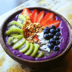 - 2 packets of frozen açaí puree - 1 ripe banana - 1 cup of fresh pineapple chunks - 1 cup of coconut milk (or any non-dairy milk) - 1 tablespoon of honey or agave syrup (optional) For a vibrant tropical taste, the main ingredients are key. Açaí puree brings rich color and flavor. It is full of antioxidants. Bananas add creaminess and natural sweetness. Fresh pineapple gives a bright, juicy touch. Coconut milk offers a smooth base. You can use any non-dairy milk you prefer. Honey or agave syrup adds sweetness if needed. - Sliced kiwi - Coconut flakes - Granola - Chia seeds - Fresh berries (e.g., strawberries, blueberries) Toppings make your smoothie bowl pop! Sliced kiwi adds a zesty kick. Coconut flakes give it a tropical crunch. Granola provides texture and flavor. Chia seeds offer extra nutrients. Fresh berries, like strawberries and blueberries, add color and taste. You can mix and match these toppings for a fun look. For the full recipe, please refer to the section above. 1. Blend the ingredients Start by adding the frozen açaí puree, ripe banana, fresh pineapple chunks, and coconut milk into a blender. If you want it sweeter, you can add honey or agave syrup. Blend this mixture on high speed until it becomes creamy and smooth. 2. Adjust consistency with coconut milk If your smoothie is too thick, just add a bit more coconut milk. Blend again until you reach the texture you want. This step is key to making your smoothie bowl enjoyable. 3. Pour into a bowl Once blended, carefully pour the smoothie mixture into a bowl. Make sure to use a large enough bowl to hold all the goodness. 4. Add toppings creatively Now comes the fun part! Arrange your toppings, such as sliced kiwi, coconut flakes, granola, chia seeds, and fresh berries, over the smoothie. Try to create a colorful pattern. I love making a circular design to highlight all the vibrant colors. - Tips for presentation Use a shallow bowl to show off your beautiful toppings. You can also sprinkle some extra coconut flakes around the edge for a nice touch. A colorful presentation makes your smoothie bowl more fun to eat. - Recommended serving utensils Serve your smoothie bowl with a regular spoon. If you want to make it more special, use a wooden spoon or a cute, colorful one. Enjoy your tropical treat right away to keep it fresh and tasty. For the full recipe, refer to the earlier sections. To make a great smoothie bowl, start with ripe fruits. Ripe fruits taste better and add natural sweetness. Look for bananas that are yellow with some brown spots. When it comes to pineapples, choose ones that smell sweet. It ensures they are juicy and fresh. Blending is key to your smoothie bowl. You want a smooth and creamy texture. If your mix is too thick, add more coconut milk. Blend again until you reach the right consistency. A good blend makes your bowl enjoyable and easy to eat. A colorful topping arrangement makes your smoothie bowl pop. Use fresh berries, sliced kiwi, and coconut flakes. Lay them out in a pattern. A circular design looks appealing and fun. To elevate your smoothie bowl's look, use bowls with interesting shapes. Tall bowls or wide, shallow ones can change the game. Garnish with a sprinkle of chia seeds for a fancy touch. This not only looks great but adds a bit of crunch too. {{image_2}} You can change the non-dairy milk for this smoothie. Almond, soy, or oat milk work well. Each milk adds a different taste. Try using seasonal fruits too. Mango, papaya, or berries add a fresh twist. You can mix and match to find your favorite blend. Want more nutrients? Add spinach or kale to your smoothie. They blend well and boost health. You won’t even taste them! For extra energy, stir in nut butter or protein powder. Both will make your smoothie more filling. They add great flavor too! You can also experiment with different combinations to find the best taste for you. To store leftovers, place your smoothie bowl in the fridge. Use a tight container to keep it fresh. Glass or BPA-free plastic works well for storage. I prefer glass because it keeps flavors better. You can freeze smoothie bowls for later. Just pour the mixture into an airtight container. Leave some space at the top, as it will expand when frozen. To defrost, place it in the fridge overnight. If you’re in a rush, you can use the microwave. Just heat it in short bursts to avoid cooking. Enjoy your tropical treat later with ease! For the recipe, check out the Full Recipe. What is açaí and what are its benefits? Açaí is a small, dark purple berry from Brazil. It is full of antioxidants, which help fight free radicals in the body. Açaí is also rich in fiber, promoting good digestion. Plus, it has healthy fats that support heart health. You can enjoy its fruity taste in many dishes. Can I make this smoothie bowl ahead of time? Yes! You can prepare the smoothie mix and store it in the fridge for up to 24 hours. Just remember to keep the toppings separate. This way, your bowl stays fresh and tasty. How can I make this recipe vegan or gluten-free? To make it vegan, use agave syrup instead of honey. For gluten-free, ensure your granola and any other toppings are gluten-free. Most fruits and coconut milk are naturally gluten-free, so you’re all set! Can I substitute açaí with other fruits? Yes, you can! If you can’t find açaí, try using frozen berries like blueberries or strawberries. These fruits will add sweetness and a burst of color to your bowl. What to do if the smoothie is too thick? If your smoothie is too thick, just add a little more coconut milk. Blend again until you reach your desired creaminess. This will make it easier to pour and enjoy. How to fix a smoothie bowl that tastes too bland? If your smoothie bowl lacks flavor, try adding a splash of vanilla extract or a pinch of salt. You can also mix in a bit of honey or agave syrup for sweetness. Adjust the toppings to add more taste and texture. This article covers how to make a delicious açaí smoothie bowl. You learned about the key ingredients, easy steps for preparation, and creative topping ideas. I shared tips to improve taste and presentation, plus fun variations to try. Don’t forget storage techniques to keep your bowl fresh. With all this information, you can enjoy a tasty and nutritious treat anytime. Get creative with your favorites and make this recipe truly yours. Enjoy every bite!