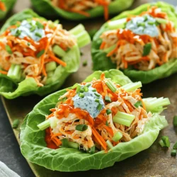 To make tasty Buffalo Chicken Lettuce Wraps, you need a few key ingredients: - 1 pound boneless, skinless chicken breasts, cooked and shredded - 1/2 cup buffalo sauce (adjust to taste) - 1 tablespoon olive oil - 1 cup celery, finely chopped - 1/2 cup carrots, grated - 1 head of Romaine or Butter lettuce, leaves separated - Fresh chives, chopped, for garnish - Salt and pepper to taste These ingredients come together to create a blend of flavors and textures. The chicken gives protein and heartiness, while the buffalo sauce adds a spicy kick. The crunchy veggies bring freshness and balance. You can customize your wraps with these optional ingredients: - 1/2 cup blue cheese or ranch dressing - Avocado slices for creaminess - Sliced green onions for a mild onion flavor - Diced tomatoes for added juiciness These additions let you change up the taste. If you love creamy dressings, add some blue cheese or ranch. Avocado can make the wraps richer and more filling. To enhance the flavor of your Buffalo Chicken Lettuce Wraps, consider these key seasonings: - Garlic powder - Onion powder - Smoked paprika These seasonings add depth to your chicken. Garlic and onion powder give a savory note, while smoked paprika brings a hint of smokiness. Feel free to adjust the amounts based on your taste. For a full recipe, check out the [Full Recipe]. Start by heating olive oil in a medium saucepan over medium heat. Then, add the cooked and shredded chicken to the pan. Pour in the buffalo sauce and stir well. You want each piece of chicken to be coated well. Cook this mixture for about 5 to 7 minutes. Stir it occasionally until it heats through. If you like it spicier, add more buffalo sauce now. This step gives the filling its bold flavor. Next, grab a head of Romaine or Butter lettuce. Carefully separate the leaves. Take one leaf and place it on a plate. Spoon a generous amount of the buffalo chicken mixture into the center of the leaf. Then, add a mix of chopped celery and grated carrots on top of the chicken. This adds crunch and freshness. If you enjoy dressing, drizzle some blue cheese or ranch over everything. To wrap it up, fold the sides of the lettuce leaf over the filling. You can use a toothpick to hold it together if needed. For a nice finish, sprinkle some chopped chives on top. This adds color and flavor. Serve these wraps right away. They taste best when fresh! For the full recipe, check out the details above. Enjoy your tasty buffalo chicken lettuce wraps! To get the best flavor in your Buffalo chicken, use high-quality buffalo sauce. I love making my own sauce for a fresh taste. Mix hot sauce with melted butter for a balanced kick. Taste it and adjust to find your perfect heat level. Adding a splash of vinegar can also brighten the flavor. For easy shredding, I suggest cooking chicken in a slow cooker. Cook it on low for four to six hours. This makes the chicken tender and juicy. After cooking, use two forks to shred the chicken in the pot. You can also boil the chicken for about 15-20 minutes and shred it with the same method. You can easily make these wraps healthier. Use skinless chicken breasts for less fat. Swap buffalo sauce for a lighter hot sauce if you want fewer calories. Add more veggies like bell peppers or cucumbers for extra crunch and nutrition. Using Greek yogurt instead of blue cheese dressing keeps the flavor while cutting down on fat. {{image_2}} If you love heat, add more buffalo sauce to your chicken. You can also mix in minced jalapeños or a pinch of cayenne pepper. This will give your wraps a fiery kick. Try using a spicy ranch dressing instead of blue cheese for a twist. You can even sprinkle some crushed red pepper flakes on top for extra spice. For a meatless option, swap the chicken for jackfruit or chickpeas. Shred the jackfruit and cook it with buffalo sauce the same way as chicken. If you use chickpeas, mash them slightly and mix with buffalo sauce. Both options will still give you that great buffalo taste. Toss in some diced bell peppers for added crunch and flavor. You can change the flavor of your wraps with different sauces. Try using teriyaki sauce for a sweet twist. BBQ sauce gives a smoky flavor that pairs well with chicken. For a tangy taste, go for a zesty lemon garlic sauce. Each sauce brings out a new flavor and keeps your wraps exciting. For the complete recipe, check out the Full Recipe. To store your Buffalo chicken lettuce wraps, let them cool first. Place the chicken mix in an airtight container. Keep the lettuce leaves separate to stay crisp. Store them in the fridge for up to three days. This way, you can enjoy them again later without losing that fresh crunch. When you're ready to eat the leftovers, reheat the chicken mix. Use a microwave or stove. If using a microwave, heat in short bursts. Stir in between to heat evenly. On the stove, warm it gently over low heat. Avoid overheating, as this can dry out the chicken. Keep the lettuce fresh and cold until you are ready to assemble. You can freeze the buffalo chicken mix if you want to save it for later. Place it in a freezer-safe container or bag. Make sure to remove as much air as possible. Label the container with the date. It can last up to three months in the freezer. When ready to eat, thaw it overnight in the fridge before reheating. Remember, only freeze the chicken mix, not the lettuce. Yes, you can use other types of lettuce. Butter lettuce is soft and easy to fold. Iceberg lettuce is crisp and gives a nice crunch. Both options work well. You can even use cabbage leaves for a twist. Each type brings a unique flavor and texture. Try different ones to find your favorite! You can prepare the chicken filling ahead of time. Cook and shred the chicken, then mix it with buffalo sauce. Store this mix in the fridge. When ready to serve, just warm it up. Prepare the veggie mix in advance too. Keep everything in separate containers. Assemble the wraps just before serving for the best taste. These wraps pair well with many sides. Here are a few ideas: - Veggie sticks with dip - A fresh garden salad - Sweet potato fries - Quinoa salad - Fruit salad Each side adds variety and complements the flavors of the wraps. Enjoy mixing and matching! Buffalo chicken lettuce wraps are fun and easy to make. We covered key ingredients, flavors, and techniques. You can customize the recipe with your favorite protein or spices. Whether you prefer it spicy, vegetarian, or with different sauces, there’s a version for everyone. Remember to store leftovers properly and savor them later. Experiment and enjoy these tasty wraps for a healthier meal option. Now, get cooking and make your meal a hit!