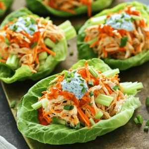 To make tasty Buffalo Chicken Lettuce Wraps, you need a few key ingredients: - 1 pound boneless, skinless chicken breasts, cooked and shredded - 1/2 cup buffalo sauce (adjust to taste) - 1 tablespoon olive oil - 1 cup celery, finely chopped - 1/2 cup carrots, grated - 1 head of Romaine or Butter lettuce, leaves separated - Fresh chives, chopped, for garnish - Salt and pepper to taste These ingredients come together to create a blend of flavors and textures. The chicken gives protein and heartiness, while the buffalo sauce adds a spicy kick. The crunchy veggies bring freshness and balance. You can customize your wraps with these optional ingredients: - 1/2 cup blue cheese or ranch dressing - Avocado slices for creaminess - Sliced green onions for a mild onion flavor - Diced tomatoes for added juiciness These additions let you change up the taste. If you love creamy dressings, add some blue cheese or ranch. Avocado can make the wraps richer and more filling. To enhance the flavor of your Buffalo Chicken Lettuce Wraps, consider these key seasonings: - Garlic powder - Onion powder - Smoked paprika These seasonings add depth to your chicken. Garlic and onion powder give a savory note, while smoked paprika brings a hint of smokiness. Feel free to adjust the amounts based on your taste. For a full recipe, check out the [Full Recipe]. Start by heating olive oil in a medium saucepan over medium heat. Then, add the cooked and shredded chicken to the pan. Pour in the buffalo sauce and stir well. You want each piece of chicken to be coated well. Cook this mixture for about 5 to 7 minutes. Stir it occasionally until it heats through. If you like it spicier, add more buffalo sauce now. This step gives the filling its bold flavor. Next, grab a head of Romaine or Butter lettuce. Carefully separate the leaves. Take one leaf and place it on a plate. Spoon a generous amount of the buffalo chicken mixture into the center of the leaf. Then, add a mix of chopped celery and grated carrots on top of the chicken. This adds crunch and freshness. If you enjoy dressing, drizzle some blue cheese or ranch over everything. To wrap it up, fold the sides of the lettuce leaf over the filling. You can use a toothpick to hold it together if needed. For a nice finish, sprinkle some chopped chives on top. This adds color and flavor. Serve these wraps right away. They taste best when fresh! For the full recipe, check out the details above. Enjoy your tasty buffalo chicken lettuce wraps! To get the best flavor in your Buffalo chicken, use high-quality buffalo sauce. I love making my own sauce for a fresh taste. Mix hot sauce with melted butter for a balanced kick. Taste it and adjust to find your perfect heat level. Adding a splash of vinegar can also brighten the flavor. For easy shredding, I suggest cooking chicken in a slow cooker. Cook it on low for four to six hours. This makes the chicken tender and juicy. After cooking, use two forks to shred the chicken in the pot. You can also boil the chicken for about 15-20 minutes and shred it with the same method. You can easily make these wraps healthier. Use skinless chicken breasts for less fat. Swap buffalo sauce for a lighter hot sauce if you want fewer calories. Add more veggies like bell peppers or cucumbers for extra crunch and nutrition. Using Greek yogurt instead of blue cheese dressing keeps the flavor while cutting down on fat. {{image_2}} If you love heat, add more buffalo sauce to your chicken. You can also mix in minced jalapeños or a pinch of cayenne pepper. This will give your wraps a fiery kick. Try using a spicy ranch dressing instead of blue cheese for a twist. You can even sprinkle some crushed red pepper flakes on top for extra spice. For a meatless option, swap the chicken for jackfruit or chickpeas. Shred the jackfruit and cook it with buffalo sauce the same way as chicken. If you use chickpeas, mash them slightly and mix with buffalo sauce. Both options will still give you that great buffalo taste. Toss in some diced bell peppers for added crunch and flavor. You can change the flavor of your wraps with different sauces. Try using teriyaki sauce for a sweet twist. BBQ sauce gives a smoky flavor that pairs well with chicken. For a tangy taste, go for a zesty lemon garlic sauce. Each sauce brings out a new flavor and keeps your wraps exciting. For the complete recipe, check out the Full Recipe. To store your Buffalo chicken lettuce wraps, let them cool first. Place the chicken mix in an airtight container. Keep the lettuce leaves separate to stay crisp. Store them in the fridge for up to three days. This way, you can enjoy them again later without losing that fresh crunch. When you're ready to eat the leftovers, reheat the chicken mix. Use a microwave or stove. If using a microwave, heat in short bursts. Stir in between to heat evenly. On the stove, warm it gently over low heat. Avoid overheating, as this can dry out the chicken. Keep the lettuce fresh and cold until you are ready to assemble. You can freeze the buffalo chicken mix if you want to save it for later. Place it in a freezer-safe container or bag. Make sure to remove as much air as possible. Label the container with the date. It can last up to three months in the freezer. When ready to eat, thaw it overnight in the fridge before reheating. Remember, only freeze the chicken mix, not the lettuce. Yes, you can use other types of lettuce. Butter lettuce is soft and easy to fold. Iceberg lettuce is crisp and gives a nice crunch. Both options work well. You can even use cabbage leaves for a twist. Each type brings a unique flavor and texture. Try different ones to find your favorite! You can prepare the chicken filling ahead of time. Cook and shred the chicken, then mix it with buffalo sauce. Store this mix in the fridge. When ready to serve, just warm it up. Prepare the veggie mix in advance too. Keep everything in separate containers. Assemble the wraps just before serving for the best taste. These wraps pair well with many sides. Here are a few ideas: - Veggie sticks with dip - A fresh garden salad - Sweet potato fries - Quinoa salad - Fruit salad Each side adds variety and complements the flavors of the wraps. Enjoy mixing and matching! Buffalo chicken lettuce wraps are fun and easy to make. We covered key ingredients, flavors, and techniques. You can customize the recipe with your favorite protein or spices. Whether you prefer it spicy, vegetarian, or with different sauces, there’s a version for everyone. Remember to store leftovers properly and savor them later. Experiment and enjoy these tasty wraps for a healthier meal option. Now, get cooking and make your meal a hit!