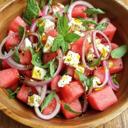 This salad bursts with fresh flavors. Here are the key ingredients: - 4 cups seedless watermelon, cubed - 1 cup feta cheese, crumbled - 1/2 red onion, thinly sliced - 1/4 cup fresh mint leaves, chopped - 1/4 cup fresh basil leaves, chopped - 2 tablespoons olive oil - 2 tablespoons balsamic glaze - Salt and pepper to taste Each ingredient adds its own special taste. The sweet watermelon pairs well with salty feta. The red onion gives a nice crunch, while the herbs add freshness. You can boost the flavor even more with some optional extras. Try adding: - Sliced cucumbers for a crisp texture - Cherry tomatoes for a pop of color - Avocado for creaminess These extras can make your salad even more exciting. Mix and match based on what you love. Choosing the right watermelon is key. Here’s how to pick a ripe one: - Look for a uniform shape. Avoid ones with bumps. - Check for a yellow spot. This shows where it rested in the sun. - Tap the watermelon. A deep sound means it’s ripe. These tips help you select the best watermelon for your salad. A ripe watermelon makes all the difference in taste. For the full recipe, check out the link. To start, grab your seedless watermelon. Cut it into 1-inch cubes. Next, take half a red onion and slice it thinly. In a large mixing bowl, combine the cubed watermelon and sliced onion. This mix will create a sweet and savory base for your salad. Now, let’s bring in the feta cheese. Use one cup of crumbled feta and add it to the bowl. Gently toss the ingredients together. You want the feta to mix in without breaking it apart. Then, sprinkle in a quarter cup each of fresh mint and basil. These herbs add a burst of freshness. In a small bowl, whisk together two tablespoons of olive oil and two tablespoons of balsamic glaze. This will be your dressing. Drizzle it over the salad mix. Toss gently again until everything is coated. Season with salt and pepper to taste. Let the salad sit for about 10 minutes. This helps the flavors meld together. For the full recipe, refer to the earlier section. When tossing salad, it is key to be gentle. Start by adding the watermelon and onion to a large bowl. Then, sprinkle the crumbled feta on top. Use a large spoon or spatula to lift the salad. This way, you mix without smashing the feta. If you press too hard, the cheese will break apart. Aim for a light hand and slow movements. You can make this salad ahead of time, but keep a few things in mind. Prepare the watermelon and onion first. Mix them and store in the fridge. Wait to add the feta, herbs, and dressing until just before serving. Adding these last helps keep the flavors fresh. If you combine everything too soon, the salad can become soggy. Using the right tools can make salad prep simple. Here are a few must-haves: - A sharp knife for cutting watermelon - A large mixing bowl for tossing - Measuring cups for accuracy - A whisk for mixing the dressing - A spatula for gentle tossing These tools help you work quickly and keep your ingredients intact. For the full recipe, check out the details provided earlier. {{image_2}} You can make the Summer Watermelon Feta Salad even better by adding other fruits. Try using ripe strawberries or juicy peaches. They bring sweetness and a nice texture. You can also add cucumber for crunch. Just chop them up and mix them in with the watermelon. This will give your salad a fruity twist that everyone will love. While the olive oil and balsamic glaze work well, you can switch things up. A simple lemon vinaigrette adds a fresh zing. Mix lemon juice, olive oil, and a pinch of salt for a bright flavor. You can also try a honey-lime dressing for sweetness. Just whisk honey and lime juice with olive oil. This way, you can create a new taste each time you make your salad. Herbs can change the whole feel of your salad. If you want a different taste, try using cilantro or dill. They add a fresh and unique flavor that pairs well with the watermelon. You can also skip the mint and basil altogether. Use arugula for a spicy kick. Each herb adds its own charm, so feel free to mix and match! For the full recipe, check out the section above. To keep your Summer Watermelon Feta Salad fresh, store it in an airtight container. This helps prevent air from making the salad soggy. If you have any separate dressing, keep it in a small jar. Mix it in just before serving. If you don’t have a container, use plastic wrap. Cover the bowl tightly. You can keep the salad in the fridge for up to three days. However, the longer it sits, the more the watermelon releases water. This can make the salad less crunchy. If you notice excess liquid, simply drain it before serving. Freezing this salad is not recommended. Watermelon has a high water content. When frozen, it turns mushy once thawed. This affects the texture of your salad. If you want to save just the feta or herbs, those can be frozen. However, the rest is best enjoyed fresh. For the full recipe, check earlier in the article. Yes, you can use other cheeses. Crumbled goat cheese adds a tangy twist. Mozzarella offers a creamy texture. For a sharper taste, try blue cheese. Just remember, each cheese brings its own flavor. Choose one that you enjoy! This salad pairs well with grilled chicken or shrimp. You can also serve it with flatbreads or pita. A light soup works nicely too. If you want a full meal, add some quinoa or couscous. These sides make your meal balanced and tasty. Yes, the salad is vegan-friendly without feta. You can replace feta with avocado for creaminess. Adding nuts or seeds gives a nice crunch. The herbs and dressing still make it fresh and flavorful. Enjoy it as a light and healthy dish! This blog post covered how to make a tasty Summer Watermelon Feta Salad. I shared key ingredients and how to choose ripe watermelon. You learned step-by-step instructions for preparing the salad. I also offered tips for tossing it well and ways to enjoy it later. In the end, this salad is fresh and versatile. Try different fruits and dressings to make it yours. Enjoy creating your version of this summer delight!