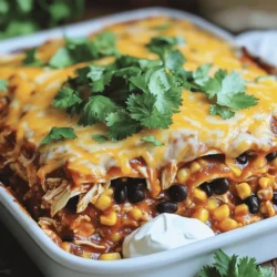 To make a tasty Chicken Enchilada Casserole, gather these simple ingredients: - 2 cups cooked chicken, shredded - 1 can (10 oz) enchilada sauce (red or green) - 1 can (15 oz) black beans, rinsed and drained - 1 cup corn (fresh, frozen, or canned) - 1 bell pepper, diced (any color) - 1 small onion, finely chopped - 2 cups shredded Monterey Jack cheese - 8 small corn tortillas, cut into quarters - 1 tablespoon olive oil - 1 teaspoon ground cumin - 1 teaspoon chili powder - Salt and pepper to taste - Fresh cilantro, chopped (for garnish) - Sour cream (for serving) These ingredients work well together. The chicken brings protein, while the beans and corn add fiber. The cheese adds creaminess, and the spices give it a kick. You can swap some ingredients if you want. Here are a few ideas: - Use grilled turkey or rotisserie chicken instead of regular chicken. - Try pinto beans or kidney beans if you don’t have black beans. - If you want a bit more heat, use a spicy enchilada sauce. - You can replace Monterey Jack cheese with cheddar cheese or a dairy-free cheese. - For a gluten-free option, choose corn tortillas that are certified gluten-free. These swaps let you customize the dish. Feel free to get creative! Chicken Enchilada Casserole is not just tasty, but it can also be nutritious. Here’s a rough idea of what you get per serving (based on 8 servings): - Calories: 350 - Protein: 25g - Carbohydrates: 40g - Dietary Fiber: 7g - Total Fat: 15g This dish packs a punch of protein and fiber. It is a fulfilling meal for family and friends. For the complete recipe, check the Full Recipe section above. First, we need to get the oven ready. Preheat your oven to 350°F (175°C). This ensures even cooking. Next, grab a large skillet. Pour in a tablespoon of olive oil and heat it over medium heat. This will help cook the veggies just right. In a big mixing bowl, combine your main ingredients. Add 2 cups of shredded chicken, one can of black beans (rinsed and drained), and one cup of corn. Toss in the sautéed onion and bell pepper you cooked earlier. Then, pour in half of your enchilada sauce. Add one teaspoon of ground cumin, one teaspoon of chili powder, and season with salt and pepper. Mix everything well. This blend gives great flavor! Now, let’s build the casserole. In a 9x13 inch baking dish, spread a thin layer of the remaining enchilada sauce on the bottom. Next, layer half of the torn tortillas over the sauce. Spoon half of the chicken mixture over the tortillas. Top with one-third of the shredded Monterey Jack cheese. Repeat these layers: tortillas, chicken mixture, and cheese. For the final touch, add the last of the tortillas, pour the rest of the enchilada sauce, and sprinkle the remaining cheese on top. This will make a tasty, cheesy crust when baked! Now you're ready to pop it in the oven and enjoy a delicious meal! If you’d like to see the full details of the recipe, check out the Full Recipe link. To make the best Chicken Enchilada Casserole, start with fresh ingredients. Use cooked chicken that you like. Shred it into bite-sized pieces. Sauté your onions and peppers until they are soft. This enhances their flavor. Always layer the ingredients evenly. This ensures every bite is tasty. Do not skip the foil while baking. It keeps the casserole moist. Remove it later to let the cheese brown. Store leftovers in an airtight container. This keeps the casserole fresh for up to three days. To reheat, place it in the oven at 350°F (175°C) for about 20 minutes. Cover it with foil to keep it moist. You can also use a microwave. Heat it in short bursts, checking often. This helps avoid overcooking. Serve your Chicken Enchilada Casserole with sour cream on the side. It adds a nice creaminess. You can also top it with fresh cilantro for flavor. Consider adding avocado slices for extra richness. Pair it with a simple salad for a complete meal. For a fun twist, serve it with tortilla chips for crunch. Enjoy your delicious creation! For the complete details, check out the Full Recipe. {{image_2}} You can easily make this dish vegetarian. Just swap the chicken for extra beans or tofu. Use more veggies like zucchini or mushrooms for added flavor. Replace the chicken broth with vegetable broth for cooking. The enchilada sauce is already vegetarian, so you’re all set! If you want a kick, add jalapeños or hot sauce. You can mix these in with the chicken and beans. Use pepper jack cheese instead of Monterey Jack to boost the heat. This version is perfect for those who love spice! To cut down on carbs, replace tortillas with sliced zucchini or eggplant. Layer the veggies just like you would with tortillas. You can also use low-carb tortillas if you prefer. This version keeps the flavors while being kind to your diet. For the full recipe, check the previous section. Enjoy exploring these tasty variations! To store leftovers, first cool the casserole to room temperature. Then, cover it tightly with plastic wrap or aluminum foil. You can also transfer it to an airtight container. Proper storage keeps your casserole fresh and tasty for up to three days in the fridge. If you want to freeze your Chicken Enchilada Casserole, cool it completely first. Then, cut it into portions for easy serving. Wrap each portion in plastic wrap, then place it in a freezer-safe bag. You can freeze it for up to three months. When ready to eat, thaw it in the fridge overnight before baking. The best containers for storing your casserole are glass or plastic airtight containers. Glass containers are great because they don’t absorb odors. If you use plastic, ensure it's BPA-free. For freezing, use heavy-duty freezer bags or containers to prevent freezer burn. You should bake Chicken Enchilada Casserole for about 40 to 45 minutes. First, cover it with foil and bake for 25 minutes. Then, remove the foil and bake for another 15 to 20 minutes. This method helps the cheese melt and become golden brown. Yes, you can make this dish ahead of time. Prepare the casserole up to the baking step and then cover it. Store it in the fridge for up to 24 hours. When ready, simply bake it as usual. This makes it easy for busy days. Toppings can really enhance your casserole. Here are some tasty options: - Sliced green onions - Chopped fresh cilantro - Jalapeños for heat - Avocado or guacamole - Sour cream for creaminess - Diced tomatoes for freshness Feel free to mix and match to suit your taste! For the full recipe, check out the details above. This cheesy chicken enchilada casserole is a favorite in my home. It’s simple and tasty. You can whip it up for dinner in no time. The mix of flavors makes everyone smile. I love using fresh ingredients to make it even better. Here are the ingredients you will need: - 2 cups cooked chicken, shredded - 1 can (10 oz) enchilada sauce (red or green) - 1 can (15 oz) black beans, rinsed and drained - 1 cup corn (fresh, frozen, or canned) - 1 bell pepper, diced (any color) - 1 small onion, finely chopped - 2 cups shredded Monterey Jack cheese - 8 small corn tortillas, cut into quarters - 1 tablespoon olive oil - 1 teaspoon ground cumin - 1 teaspoon chili powder - Salt and pepper to taste - Fresh cilantro, chopped (for garnish) - Sour cream (for serving) 1. Preheat your oven to 350°F (175°C). 2. In a skillet, heat the olive oil. Add the onion and bell pepper. Sauté until soft. 3. In a bowl, mix the chicken, black beans, corn, sautéed veggies, half the enchilada sauce, and spices. 4. In a baking dish, spread some enchilada sauce. Layer half of the tortillas, then half of the chicken mix, and some cheese. Repeat the layers. 5. Add the last tortillas, sauce, and cheese on top. 6. Cover with foil and bake for 25 minutes. Remove foil and bake for 15-20 more minutes until bubbly. 7. Let it cool, garnish with cilantro, and serve with sour cream. This casserole is great for busy nights. It offers comfort and flavor. You can customize it with your favorite toppings. I often add extra cheese or spicy jalapeños for a kick. Check out the Full Recipe for more details on preparation. Enjoy your cooking! We covered key ingredients for making a tasty Chicken Enchilada Casserole. You learned about ingredient swaps and how to check nutrition. I shared simple instructions to prepare and layer the casserole. Tips for cooking and storing your dish offer added support. Remember, you can customize this recipe to your tastes. Try the vegetarian or low-carb versions. With these ideas, your meal will be a hit! Enjoy your cooking journey and delicious results.