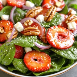 For this delicious Strawberry Spinach Salad, you need: - 4 cups fresh baby spinach, washed and dried - 2 cups fresh strawberries, hulled and sliced - 1/2 cup feta cheese, crumbled - 1/4 cup red onion, thinly sliced - 1/2 cup pecans, toasted - 1 tablespoon sesame seeds Each ingredient brings a unique flavor and texture. The baby spinach adds a fresh and crisp base. The strawberries add sweetness and a pop of color. Feta cheese brings creaminess and saltiness. Red onion gives a slight bite. Toasted pecans add crunch and depth. Lastly, sesame seeds provide a lovely finish. Now, let’s focus on the dressing. For a great poppyseed dressing, gather these ingredients: - 1/4 cup olive oil - 3 tablespoons apple cider vinegar - 2 tablespoons honey - 1 tablespoon poppy seeds - Salt and pepper to taste This dressing ties the salad together. The olive oil adds richness. Apple cider vinegar gives it a tangy twist. Honey balances the flavors with sweetness. Poppy seeds add a delightful crunch and visual appeal. Seasoning with salt and pepper enhances every bite. You can find the full recipe with detailed instructions to help you make this fresh, tasty salad. To start, wash your baby spinach well. Rinse it under cool water. Shake off the extra water and dry it using a salad spinner or kitchen towel. Clean spinach helps keep the salad fresh and tasty. Next, prepare the strawberries. Use a small knife to hull the strawberries. This means removing the green tops and the white core. Then, slice the strawberries into thin pieces. Fresh, ripe strawberries add great flavor to your salad. Now, it’s time to layer your ingredients in a large bowl. First, add the fresh baby spinach. Next, scatter the sliced strawberries on top. Then, sprinkle crumbled feta cheese and thinly sliced red onion over everything. Finally, add the toasted pecans. Each layer brings its own taste and crunch. In a small bowl, whisk together the dressing. Combine olive oil, apple cider vinegar, honey, poppy seeds, salt, and pepper. Mix until all ingredients blend well. This dressing adds a sweet and tangy flavor to the salad. Drizzle the dressing over the salad. Use just enough to coat the spinach and strawberries without drowning them. Next, gently toss everything together. Make sure the spinach and strawberries are well covered in dressing. For the final touch, sprinkle sesame seeds on top. This adds flavor and makes the salad look beautiful. Serve the salad right away or chill it for a few minutes to let the flavors blend. Enjoy your Strawberry Spinach Salad with Poppyseed Dressing Delight! For the full recipe, check the detailed instructions above. Choosing ripe strawberries is key to a great salad. Look for berries that are bright red, firm, and shiny. They should smell sweet and fragrant. Avoid any that are dull or have green spots. Storing spinach properly keeps it fresh and crispy. First, wash it gently. Then, dry it well using a salad spinner. Store it in a sealed bag or container lined with a paper towel. This helps absorb moisture and keeps it crisp for days. If you want to switch things up, try different nuts. Almonds or walnuts add a nice crunch. Each nut has a unique taste, so feel free to experiment. Cheese can also change the flavor. Feta is great, but goat cheese or blue cheese can add a different twist. Each type of cheese brings its own special taste to the salad. Adjusting the sweetness and tanginess of the dressing is easy. If you like it sweeter, add more honey. For more tang, increase the vinegar. Taste as you mix to find your perfect balance. Making the dressing ahead of time is smart. You can store it in the fridge for up to a week. Just whisk it again before serving. This tip saves time and lets the flavors blend beautifully. For the full recipe, check out the Strawberry Spinach Delight section. {{image_2}} You can change the greens in this salad. Try using arugula or mixed greens instead of spinach. These greens add a peppery taste and a fun twist. You might also want to add extra fruits. Blueberries, raspberries, or sliced peaches work well. They add color and sweetness to your salad. If you need gluten-free options, this salad is great! All the ingredients are naturally gluten-free. Just double-check any packaged items like the dressing. For vegan-friendly alternatives, skip the feta cheese. You can use avocado instead. This keeps the dish creamy and rich without dairy. This salad shines with fresh, seasonal fruits. In spring and summer, stick with strawberries. In fall or winter, consider apples or pears. They bring a nice crunch and flavor. You can also add nuts like walnuts or almonds for extra texture. This makes your salad enjoyable all year round. To keep your Strawberry Spinach Salad fresh, store it properly. First, separate the salad and dressing. This keeps the greens crisp. Place the salad in an airtight container. Use a paper towel to absorb moisture. This will help prevent wilting. When it comes to the dressing, store it in a sealed jar. Shake it before use, as the ingredients can separate. You can keep it in the fridge for up to a week. Preparing ingredients ahead of time makes meal prep easy. Wash and dry the spinach and store it in a container. Slice the strawberries and keep them in a separate container. This way, they stay fresh and ready to go. Assembling the salad is quick. Just mix the spinach, strawberries, feta, red onion, and pecans in a bowl. Add the dressing right before serving to keep everything crunchy. For the full recipe, check out the details above. How to prevent strawberries from browning? To keep strawberries fresh and bright, use lemon juice. Just a little squeeze helps. Coat the sliced strawberries in lemon juice right after cutting. This slows down the browning. Can I make the salad ahead of time? You can prepare some parts ahead. Wash and dry the spinach. Slice the strawberries and store them in the fridge. Just mix everything right before serving, to keep it fresh. Is poppyseed dressing healthy? Poppyseed dressing can be a healthy choice. It uses olive oil, which is good for the heart. The honey adds natural sweetness. Just watch the amount if you are counting calories. What are some side dishes to serve with this salad? This salad pairs well with grilled chicken or fish. You can also serve it alongside crusty bread. A light soup is a nice addition too. Try these options to create a complete meal. For the full recipe, check out Strawberry Spinach Delight. You now understand how to create a fresh, tasty salad with simple steps. We covered fresh ingredients, poppyseed dressing, and easy preparation tips. With variations and storage info, you can enjoy this salad anytime. Remember, using ripe strawberries and proper storage keeps it fresh. Don't hesitate to try new flavors. This salad is flexible for your taste. Enjoy making it for your friends and family!