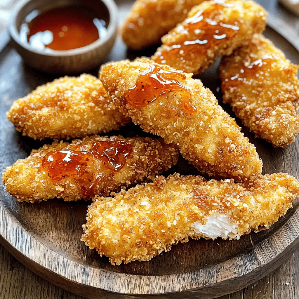 - 1 pound chicken tenders - ½ cup all-purpose flour - ½ teaspoon garlic powder - ½ teaspoon paprika - ¼ teaspoon salt - ¼ teaspoon black pepper - ½ cup buttermilk - 1 cup breadcrumbs (panko preferred for extra crunch) - ¼ cup honey - ¼ cup Sriracha sauce - 1 tablespoon soy sauce - 1 tablespoon apple cider vinegar - Oil for frying I love using chicken tenders in this recipe. They cook fast and stay juicy. The marinade brings a great kick. Buttermilk makes the chicken tender and flavorful. Sriracha adds heat, while soy sauce and vinegar add depth. For the coating, I use flour mixed with spices. It gives a nice crunch when fried. Panko breadcrumbs are my go-to for extra crispiness. They make the chicken tenders even more delightful. - Additional spices for extra flavor - Fresh herbs for garnishing You can spice things up using cayenne pepper or chili powder. Fresh herbs like cilantro or green onions make a beautiful garnish. They add color and freshness to the dish. - Deep skillet or frying pan - Cooking thermometer A deep skillet or frying pan helps cook the tenders evenly. I always use a cooking thermometer to check the chicken's internal temperature. You want it to be at least 165°F for safe eating. For the full recipe, check out the [Full Recipe]. To start, mix the marinade. In a medium bowl, combine buttermilk, Sriracha, soy sauce, and apple cider vinegar. This mix gives the chicken a sweet and spicy kick. Add the chicken tenders and coat them well. Cover the bowl and refrigerate for at least 30 minutes. For a deeper flavor, marinate for up to 2 hours. Next, prepare your breading station. In a shallow dish, mix the flour, garlic powder, paprika, salt, and black pepper. This blend adds flavor to the chicken. In another shallow dish, place the breadcrumbs. Panko works best for extra crunch. Once your chicken is marinated, take it out. Let any excess marinade drip off. Dredge each tender first in the flour mix. Then dip it back into the buttermilk. Finally, coat it in breadcrumbs, pressing lightly to help it stick. Now, it’s time to cook! Heat oil in a large skillet over medium-high heat. The oil should be hot but not smoking. Carefully add the coated chicken tenders in batches. Avoid overcrowding the pan. Cook each side for about 3-4 minutes. The tenders should turn golden brown and reach an internal temperature of 165°F. Use a cooking thermometer to check doneness. This ensures your chicken is safe to eat. Once done, remove the chicken from the skillet. Place it on a paper towel-lined plate to drain excess oil. Enjoy your Sriracha honey chicken tenders with the sauce from the Full Recipe! To get crispy chicken tenders, I recommend using panko breadcrumbs. They create a great crunch. You can also mix in some crushed cornflakes for extra texture. To prevent sogginess, let the chicken rest after coating. This helps the breading stick well. Fry the chicken in hot oil, around 350°F. This ensures a nice golden brown crust. To boost flavor, add spices to your marinade. Try adding a pinch of cayenne for a kick. Fresh herbs like cilantro or parsley can also brighten the taste. For the sauce, balance heat by mixing in more honey if it’s too spicy. You can also add a splash of lime juice for a fresh twist. These chicken tenders pair well with many sides. Consider serving them with crispy fries or a fresh salad. You can also make a dipping bar with the Sriracha honey sauce. Try serving it in small bowls for fun. For a twist, drizzle the sauce over rice or use it in tacos. For the complete recipe, check out the Full Recipe. {{image_2}} You can make Sriracha honey chicken tenders healthier by baking instead of frying. Baking cuts down on the oil and fat. To do this, preheat your oven to 400°F (200°C). Place the breaded tenders on a baking sheet lined with parchment paper. Bake for about 15-20 minutes, turning halfway, until golden and cooked through. If you need gluten-free options, use almond flour or coconut flour instead of regular flour. For breadcrumbs, try gluten-free panko or crushed rice cereal. These swaps keep the crunch while catering to dietary needs. You can play with the heat in your chicken tenders. Try using different types of hot sauces, like chipotle or jalapeño sauce, to add unique flavors. Adjust the amount of Sriracha in the marinade for a milder or spicier kick. Start with a tablespoon and add more to taste. You can find your perfect balance of heat this way. Pair your chicken tenders with different sauces for a fun twist. You can try ranch dressing, blue cheese, or a tangy barbecue sauce. For a signature sauce, mix Sriracha with honey and soy sauce. This combo adds depth and flavor. Combine flavors and see what you like best! For the full recipe, check out the details above. After enjoying your Sriracha honey chicken tenders, store any leftovers right away. Place them in an airtight container. This keeps them fresh and tasty. I recommend using glass containers or BPA-free plastic ones. These materials help avoid any off-flavors. Be sure to refrigerate the chicken tenders within two hours after cooking. This prevents bacteria from growing. When you want to enjoy the chicken tenders again, reheating them requires care. The best way to keep them crispy is to use the oven. Preheat your oven to 375°F (190°C). Place the chicken tenders on a baking sheet. Heat them for about 10-15 minutes. Check that they reach an internal temp of 165°F (74°C). You can also use an air fryer for a quick reheat. Set it to 375°F and cook for about 5-7 minutes. If you want to save some chicken tenders for later, freezing is a great option. First, let them cool completely. Then, place them in a single layer on a baking sheet. Freeze them for about one hour. After that, transfer the tenders to a freezer-safe bag. Make sure to remove as much air as possible. To thaw, place them in the fridge overnight. If you're in a hurry, use the microwave. Just remember to reheat them in the oven after to regain their crispiness. To increase the spice level, you can add extra Sriracha to the marinade. Try using a spicy pepper sauce as well. Another option is to mix in some cayenne pepper with the flour. This adds heat without changing the flavor too much. If you love heat, serve the tenders with a Sriracha drizzle or a hot sauce on the side. Yes, you can use chicken breasts. Cut them into strips about the same size as tenders for even cooking. You may need to adjust the cooking time since breasts can be thicker. Make sure the internal temperature reaches 165°F. This way, you keep the chicken juicy and safe to eat. You can store the Sriracha honey sauce in an airtight container. It lasts up to two weeks in the fridge. Always check the sauce for any changes in smell or texture before using it. If you want to make a larger batch, it freezes well too. Just thaw it in the fridge before using. This blog post covered how to make crispy chicken tenders. You learned about the main ingredients, step-by-step instructions, tips for the best results, and variations. I shared how to store leftovers and answered common questions. Making chicken tenders at home gives you control over the flavor and health. With the right ingredients and techniques, you can enjoy delicious, crispy tenders anytime. Now it’s your turn to try this recipe and enjoy!