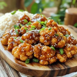 To create this dish, gather these key items: - 1 medium head of cauliflower, cut into florets - 1 cup all-purpose flour - 1 teaspoon garlic powder - 1 teaspoon ginger powder - 1 teaspoon baking powder - 1 cup cold water - 1 cup cornstarch - Vegetable oil (for frying) These ingredients work together to achieve that perfect crispy texture. The cauliflower serves as the star, while the flour and cornstarch provide crunch. Now, let's talk about the sauce. You will need: - 2 tablespoons soy sauce - 2 tablespoons hoisin sauce - 1 tablespoon rice vinegar - 2 tablespoons sugar - 1 tablespoon sesame oil - 2 cloves garlic, minced - 1 teaspoon ginger, minced - 1-2 tablespoons sambal oelek (or more to taste) - 1 tablespoon sesame seeds This sauce brings a sweet and spicy flavor, making your cauliflower shine. If you want to mix things up, consider these swaps: - Use almond flour instead of all-purpose flour for a nutty flavor. - Try tamari or coconut aminos if you need gluten-free options. - If you want less heat, skip the sambal oelek or use less. These substitutions can help you customize the dish to your taste. For the complete cooking instructions, check out the Full Recipe. Start by cutting your cauliflower into florets. Make them bite-sized for easy eating. In a big bowl, mix the flour, garlic powder, ginger powder, baking powder, and cold water. This mix becomes your batter. Stir until it's smooth but thick. It should coat the cauliflower well. Next, dip each floret into the batter. Make sure it's fully covered. After that, sprinkle cornstarch on each floret. This adds a nice crunch. In a deep skillet or pot, heat about 2 inches of vegetable oil. Aim for a temperature of 375°F (190°C). Carefully place the battered florets into the hot oil in small batches. Fry them until they turn golden brown, which takes about 4-5 minutes. Use a slotted spoon to take them out and let them drain on paper towels. For the sauce, grab a small saucepan and heat it over medium heat. Combine soy sauce, hoisin sauce, rice vinegar, sugar, sesame oil, minced garlic, minced ginger, and sambal oelek. Stir often until the sauce thickens a bit, around 3-4 minutes. Once thickened, toss the fried cauliflower in a big mixing bowl with the sauce. Mix gently until the florets are well-coated. For the full recipe, refer to the earlier section. To make your Crispy General Tso’s Cauliflower super crunchy, follow a few key steps. First, coat each floret well with batter. This helps hold onto the cornstarch. Next, sprinkle cornstarch on top after dipping. This adds an extra layer of crunch. Also, make sure your oil is hot enough. Aim for 375°F (190°C) before frying. If the oil is too cool, the cauliflower will soak up oil and become soggy. One common mistake is not drying the cauliflower. Moisture will prevent crispiness. Pat the florets dry before coating them. Another mistake is overcrowding the pan. Frying too many at once lowers the oil temperature. Fry in small batches for the best results. Lastly, be careful not to burn the sauce. Keep it on low heat and stir often. To adjust the spice level in your sauce, simply change the amount of sambal oelek. Start with 1 tablespoon for mild heat. If you like it spicier, add more until you reach your desired level. You can also add fresh chili slices for heat. Remember, tasting as you go is key. Make the dish your own and enjoy the flavors! {{image_2}} You can easily make this dish vegan. Just replace the soy sauce with a gluten-free variety if needed. For the batter, use chickpea flour instead of all-purpose flour. This keeps the crispiness while adding protein. To make this recipe gluten-free, swap the all-purpose flour for a gluten-free blend. Use cornstarch as your main coating. Most soy sauces are gluten-free, but check the label to be sure. Feel free to get creative with the sauce. You can try using teriyaki sauce or sweet and sour sauce for different flavors. If you love heat, add sriracha or chili paste for a spicy kick. Check out the Full Recipe for more sauce ideas! To keep your Crispy General Tso's Cauliflower fresh, let it cool first. Place it in an airtight container. Store it in the fridge for up to three days. This way, it stays crispy and tasty. If you want to enjoy it later, make sure to check for any signs of spoilage. When you are ready to eat your leftovers, avoid the microwave. It can make the cauliflower soggy. Instead, preheat your oven to 350°F (175°C). Spread the cauliflower on a baking sheet. Heat for about 10-15 minutes until hot and crispy again. You can also use an air fryer for a quicker option. You can freeze this dish but it might lose some crispiness. First, let the cauliflower cool completely. Then, place it in a freezer-safe bag. Remove as much air as possible before sealing. It can last up to three months in the freezer. When you want to eat it, thaw it overnight in the fridge before reheating. Enjoy your crispy treat later! For the full recipe, check out the document. Yes, you can make this dish ahead of time. You can prepare the batter and coat the cauliflower florets. Keep them in the fridge until you are ready to fry. This way, they stay fresh and crispy. Fry them just before serving for the best texture. You can use many vegetables for this recipe. Broccoli, zucchini, or bell peppers work well. Cut them into similar sizes for even cooking. Each vegetable will give a unique flavor. It’s fun to experiment and find your favorite! To make a healthier version, you can bake instead of fry. Preheat your oven to 425°F (220°C). Coat the florets with the batter, then place them on a baking sheet lined with parchment paper. Bake for 20-25 minutes, flipping halfway through. This way, you reduce oil and calories while keeping the crunch. You can also use whole wheat flour instead of all-purpose flour for extra fiber. Check the Full Recipe for more details on ingredients and steps! Crispy General Tso's cauliflower makes a tasty dish. We covered main ingredients and suggested substitutes. I shared steps for preparation and cooking that help achieve crispiness. Tips included avoiding common mistakes and adjusting spice levels for your taste. You can explore vegan and gluten-free options to fit your needs. Remember to store and reheat leftovers properly for the best flavor. With this guide, you're ready to enjoy a delicious meal. Happy cooking!