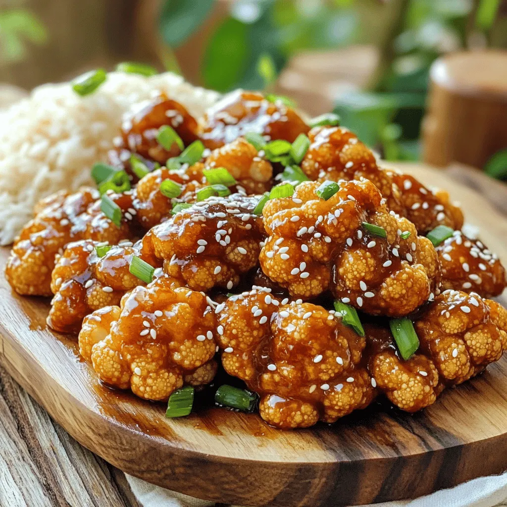 To create this dish, gather these key items: - 1 medium head of cauliflower, cut into florets - 1 cup all-purpose flour - 1 teaspoon garlic powder - 1 teaspoon ginger powder - 1 teaspoon baking powder - 1 cup cold water - 1 cup cornstarch - Vegetable oil (for frying) These ingredients work together to achieve that perfect crispy texture. The cauliflower serves as the star, while the flour and cornstarch provide crunch. Now, let's talk about the sauce. You will need: - 2 tablespoons soy sauce - 2 tablespoons hoisin sauce - 1 tablespoon rice vinegar - 2 tablespoons sugar - 1 tablespoon sesame oil - 2 cloves garlic, minced - 1 teaspoon ginger, minced - 1-2 tablespoons sambal oelek (or more to taste) - 1 tablespoon sesame seeds This sauce brings a sweet and spicy flavor, making your cauliflower shine. If you want to mix things up, consider these swaps: - Use almond flour instead of all-purpose flour for a nutty flavor. - Try tamari or coconut aminos if you need gluten-free options. - If you want less heat, skip the sambal oelek or use less. These substitutions can help you customize the dish to your taste. For the complete cooking instructions, check out the Full Recipe. Start by cutting your cauliflower into florets. Make them bite-sized for easy eating. In a big bowl, mix the flour, garlic powder, ginger powder, baking powder, and cold water. This mix becomes your batter. Stir until it's smooth but thick. It should coat the cauliflower well. Next, dip each floret into the batter. Make sure it's fully covered. After that, sprinkle cornstarch on each floret. This adds a nice crunch. In a deep skillet or pot, heat about 2 inches of vegetable oil. Aim for a temperature of 375°F (190°C). Carefully place the battered florets into the hot oil in small batches. Fry them until they turn golden brown, which takes about 4-5 minutes. Use a slotted spoon to take them out and let them drain on paper towels. For the sauce, grab a small saucepan and heat it over medium heat. Combine soy sauce, hoisin sauce, rice vinegar, sugar, sesame oil, minced garlic, minced ginger, and sambal oelek. Stir often until the sauce thickens a bit, around 3-4 minutes. Once thickened, toss the fried cauliflower in a big mixing bowl with the sauce. Mix gently until the florets are well-coated. For the full recipe, refer to the earlier section. To make your Crispy General Tso’s Cauliflower super crunchy, follow a few key steps. First, coat each floret well with batter. This helps hold onto the cornstarch. Next, sprinkle cornstarch on top after dipping. This adds an extra layer of crunch. Also, make sure your oil is hot enough. Aim for 375°F (190°C) before frying. If the oil is too cool, the cauliflower will soak up oil and become soggy. One common mistake is not drying the cauliflower. Moisture will prevent crispiness. Pat the florets dry before coating them. Another mistake is overcrowding the pan. Frying too many at once lowers the oil temperature. Fry in small batches for the best results. Lastly, be careful not to burn the sauce. Keep it on low heat and stir often. To adjust the spice level in your sauce, simply change the amount of sambal oelek. Start with 1 tablespoon for mild heat. If you like it spicier, add more until you reach your desired level. You can also add fresh chili slices for heat. Remember, tasting as you go is key. Make the dish your own and enjoy the flavors! {{image_2}} You can easily make this dish vegan. Just replace the soy sauce with a gluten-free variety if needed. For the batter, use chickpea flour instead of all-purpose flour. This keeps the crispiness while adding protein. To make this recipe gluten-free, swap the all-purpose flour for a gluten-free blend. Use cornstarch as your main coating. Most soy sauces are gluten-free, but check the label to be sure. Feel free to get creative with the sauce. You can try using teriyaki sauce or sweet and sour sauce for different flavors. If you love heat, add sriracha or chili paste for a spicy kick. Check out the Full Recipe for more sauce ideas! To keep your Crispy General Tso's Cauliflower fresh, let it cool first. Place it in an airtight container. Store it in the fridge for up to three days. This way, it stays crispy and tasty. If you want to enjoy it later, make sure to check for any signs of spoilage. When you are ready to eat your leftovers, avoid the microwave. It can make the cauliflower soggy. Instead, preheat your oven to 350°F (175°C). Spread the cauliflower on a baking sheet. Heat for about 10-15 minutes until hot and crispy again. You can also use an air fryer for a quicker option. You can freeze this dish but it might lose some crispiness. First, let the cauliflower cool completely. Then, place it in a freezer-safe bag. Remove as much air as possible before sealing. It can last up to three months in the freezer. When you want to eat it, thaw it overnight in the fridge before reheating. Enjoy your crispy treat later! For the full recipe, check out the document. Yes, you can make this dish ahead of time. You can prepare the batter and coat the cauliflower florets. Keep them in the fridge until you are ready to fry. This way, they stay fresh and crispy. Fry them just before serving for the best texture. You can use many vegetables for this recipe. Broccoli, zucchini, or bell peppers work well. Cut them into similar sizes for even cooking. Each vegetable will give a unique flavor. It’s fun to experiment and find your favorite! To make a healthier version, you can bake instead of fry. Preheat your oven to 425°F (220°C). Coat the florets with the batter, then place them on a baking sheet lined with parchment paper. Bake for 20-25 minutes, flipping halfway through. This way, you reduce oil and calories while keeping the crunch. You can also use whole wheat flour instead of all-purpose flour for extra fiber. Check the Full Recipe for more details on ingredients and steps! Crispy General Tso's cauliflower makes a tasty dish. We covered main ingredients and suggested substitutes. I shared steps for preparation and cooking that help achieve crispiness. Tips included avoiding common mistakes and adjusting spice levels for your taste. You can explore vegan and gluten-free options to fit your needs. Remember to store and reheat leftovers properly for the best flavor. With this guide, you're ready to enjoy a delicious meal. Happy cooking!