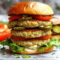 - 1.5 lbs ground turkey - 1 cup dill pickle juice - 1/2 cup breadcrumbs - 1/4 cup grated Parmesan cheese - 1 tablespoon Dijon mustard - 1 teaspoon garlic powder - 1 teaspoon onion powder - 1/2 teaspoon black pepper - 1/2 teaspoon smoked paprika - 1/4 cup chopped fresh dill (optional) - Burger buns of choice - Lettuce, tomato, sliced pickles - Favorite condiments The first key to these burgers is the ground turkey. It’s lean and healthy, making it a great choice for a meal. The dill pickle juice is the game changer. It adds a tangy flavor and keeps the turkey juicy. Breadcrumbs help bind everything, while Parmesan adds a nice depth of flavor. Dijon mustard gives a little kick, but you can adjust to your taste. For seasoning, I use garlic and onion powder for savory notes. Black pepper and smoked paprika add warmth and a hint of smoke. Fresh dill is optional, but it brightens the flavor. When it comes to toppings, the choice is yours! I love crisp lettuce, ripe tomato, and sliced pickles. Don't forget your favorite condiments to finish your burger. Check out the Full Recipe to get started on these juicy and flavorful pickle brined turkey burgers! Start by marinating the ground turkey in dill pickle juice. This step adds great flavor and keeps the meat juicy. Let it sit for at least one hour in the fridge. You can even let it marinate overnight for a stronger taste. After marinating, drain the excess pickle juice. This helps prevent the patties from getting too soggy. Next, combine the remaining ingredients with the turkey. You will need breadcrumbs, Parmesan cheese, Dijon mustard, garlic powder, onion powder, black pepper, smoked paprika, and salt. If you want, you can add chopped fresh dill for more flavor. Mix gently until everything is just combined. Be careful not to over-mix the mixture. Over-mixing can make the burgers tough. Now, it’s time to cook the patties. Preheat your grill or skillet over medium-high heat. Lightly oil the surface to keep the patties from sticking. Shape the turkey mixture into four equal patties. Make a small indent in the center of each patty to stop them from puffing up while cooking. Cook the turkey patties for about 5-6 minutes on each side. Make sure the internal temperature reaches 165°F (75°C). This ensures they are safe to eat. During the last minute of cooking, place the burger buns cut-side-down on the grill or skillet. This will toast them lightly. Once cooked, assemble your burgers. Place a turkey patty on each bun and add your favorite toppings. Enjoy your flavorful pickle brined turkey burgers! For the full recipe, check the details above. To make great turkey burgers, patty thickness is key. Aim for about ¾ inch thick. Thicker patties hold moisture better. If you want them to cook evenly, make a small indent in the center. This helps stop the patties from puffing up during cooking. A little press keeps them flat and juicy. Want to jazz up your turkey burgers? Add spices like cayenne pepper for heat or oregano for an herb kick. Fresh herbs like basil or cilantro can add a fresh taste. For toppings, think beyond the usual. Try avocado slices for creaminess or jalapeños for spice. You can mix and match to find your favorite flavor combo. You can grill or cook these burgers on the stovetop. Grilling gives a nice smoky flavor. If you choose the stovetop, use a non-stick skillet for easy cooking. For a healthier option, air frying works great too. It cooks evenly and keeps the burgers moist while using less oil. No matter the method, cook until the internal temperature hits 165°F. {{image_2}} You can make these burgers healthier in a few ways. First, consider swapping ground turkey for chicken or lean beef. These meats can still be juicy and flavorful. If you want to keep it light, try ground chicken. It has a similar taste and can be just as delicious. Another option is to use gluten-free breadcrumbs. These breadcrumbs work well in the recipe. They help keep the turkey patty moist without adding extra gluten. You can find many brands at the store, or you can make your own with gluten-free bread. Want to spice things up? Try making spicy pickle-brined turkey burgers. You can add chopped jalapeños or a dash of hot sauce to the mix. This addition will give your burgers a nice kick without losing their juicy flavor. If you prefer a Southwest flair, add some cumin, chili powder, or diced green chilies. These ingredients create a whole new flavor profile. You can also top your burgers with avocado, salsa, or pepper jack cheese for a tasty twist. When it comes to sides, think about pairing your burgers with sweet potato fries. They add a nice touch of sweetness and crunch. A fresh salad can also be a great choice. It balances the richness of the burgers well. For gatherings, create a burger platter. Set out various toppings like lettuce, tomato, sliced pickles, and condiments. This lets everyone build their perfect burger. You can also include sides like coleslaw or corn on the cob for a fun summer meal. Feel free to check out the Full Recipe for more details on making these delicious burgers! To store uncooked turkey burger patties, place them in an airtight container. You can keep them in the fridge for up to 24 hours. This keeps the meat fresh and safe. When you have leftovers, store the cooked patties in a container as well. They last for about 3 to 4 days in the fridge. Make sure to cover them well to keep them moist. You can freeze the patties before or after cooking. If you freeze them uncooked, wrap each patty in plastic wrap. Then, place them in a freezer bag. They can last up to 3 months this way. If you have cooked patties, let them cool first. Then, wrap them tightly and freeze. To thaw, place them in the fridge overnight. Reheat in a skillet or microwave until hot. Cooked turkey burgers can be stored safely in the fridge for about 3 to 4 days. If you freeze them, they can last about 3 months. Always check for signs of spoilage. Look for any off smells, discoloration, or a slimy texture. If you see any of these, it’s best to throw them away. Keeping your food safe is important for a tasty meal! You can marinate turkey burgers for up to 24 hours. However, if you leave them too long, they may become too salty. I recommend marinating for at least 1 hour for great flavor. This gives the turkey time to soak up the pickle juice. The acidity in the juice helps to tenderize the meat. If you don't have dill pickle juice, you have options! You can use: - Lemon juice for a tangy flavor - Apple cider vinegar for a slight sweetness - Other types of pickle juice like bread and butter These alternatives can add a unique twist to your turkey burgers. They will keep your burgers flavorful and moist. To check if your turkey burger is done, use a meat thermometer. Insert it into the thickest part of the patty. The internal temperature should reach 165°F (75°C). If you don't have a thermometer, look for these signs: - The juices run clear, not pink. - The patty feels firm to the touch. When cooked right, your burgers will be juicy and safe to eat. In this post, I shared how to make delicious turkey burgers. We covered key ingredients like ground turkey and dill pickle juice, followed by step-by-step cooking tips. I also provided ideas for healthier options, variations, and storage tips. Remember, customize these burgers to suit your taste. Enjoy experimenting with flavors and toppings. Your next meal can be tasty, fun, and simple to make!