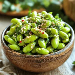 - 2 cups edamame, in pods (frozen or fresh) - 3 tablespoons olive oil - 5 cloves garlic, minced - 1 teaspoon red pepper flakes (adjust to taste) - 2 tablespoons soy sauce - 1 tablespoon sesame oil - 1 tablespoon lime juice - 1 tablespoon sesame seeds (for garnish) - Fresh cilantro, chopped (for garnish) - Salt, to taste I love using edamame for snacks. They are packed with protein and taste great. You can find them fresh or frozen at most grocery stores. If you choose frozen, just boil them for a few minutes. This quick cooking makes them tender and ready to mix with flavors. Olive oil plays a vital role in this dish. It adds a rich taste while helping the garlic infuse its flavor. Garlic brings a strong aroma and taste to the dish. Using fresh minced garlic gives the best flavor, so I always recommend it. For some heat, I use red pepper flakes. You can adjust this to your taste. If you like it spicy, add more! Soy sauce gives a nice salty flavor. The sesame oil adds a nutty touch that makes this dish special. Don't forget lime juice! It adds a fresh zing that brightens up the flavors. Finally, sesame seeds and fresh cilantro are perfect for garnish. They make the dish look beautiful and add a fresh taste. For the complete cooking process, check out the Full Recipe. Enjoy making this easy and tasty snack! To start, you need to prepare the edamame. If you have frozen edamame, bring a pot of water to a boil. Add the edamame pods and let them cook for 4-5 minutes. This helps them become tender. Afterward, drain the edamame and set them aside. If you use fresh edamame, simply wash the pods under cold water. This will clean them and get them ready for cooking. Next, we move on to cooking. Heat 3 tablespoons of olive oil in a large skillet over medium heat. Once the oil is hot, add 5 cloves of minced garlic. Sauté the garlic for about 1-2 minutes. You want it fragrant but not browned. This step adds a nice flavor. After that, stir in 1 teaspoon of red pepper flakes. Cook for another 30 seconds. This will give your oil a spicy kick! Now, it’s time to combine everything. Toss the cooked edamame in the garlic oil. Make sure they get well coated. Then, pour in 2 tablespoons of soy sauce and 1 tablespoon of sesame oil. Mix well to ensure every pod is covered. Squeeze in 1 tablespoon of lime juice for a bright flavor. Toss again to combine everything. Cook for an additional 2-3 minutes. This warms everything through. Finally, season with salt to your taste. Remove from heat and transfer to a serving bowl. For a nice touch, sprinkle with sesame seeds and fresh cilantro for garnish. Enjoy your spicy garlic edamame! For the full recipe, refer to the ingredients section above. - How to make edamame in the microwave Cooking edamame in the microwave is quick and easy. Place the edamame pods in a microwave-safe bowl. Add a splash of water. Cover the bowl with a microwave-safe lid or plastic wrap, leaving a small vent. Microwave on high for 3-4 minutes. Check if they are tender. If not, add 1-2 more minutes. Drain and season them with salt. - Grilling edamame for a smoky flavor Grilling gives edamame a great smoky taste. First, soak the pods in water for about 30 minutes. This helps them steam while grilling. Preheat your grill to medium-high. Place the pods directly on the grill or use a grill basket. Grill for 5-7 minutes, turning occasionally, until they are tender and slightly charred. Toss them with olive oil and salt after grilling for added flavor. - Ways to increase or decrease heat To make your edamame spicier, add more red pepper flakes. You can also mix in a splash of hot sauce. If you want less heat, reduce the red pepper flakes. You can also skip them altogether. Try adding a bit of honey for sweetness to balance the spice. - Alternative spices to add flavor If you're looking for new flavors, consider adding smoked paprika or cumin. These spices can give your dish a different twist. You can also try a pinch of curry powder for an exciting change. - Best garnishes for serving For a beautiful presentation, sprinkle sesame seeds on top of the edamame. Fresh cilantro adds a pop of color and taste. Try adding thin lime wedges for a fresh look. These garnishes make your dish more inviting. - Dish pairing suggestions Spicy garlic edamame pairs well with rice dishes or sushi. You can also serve it as a snack with drinks. It's a great side dish for grilled meats or fish. Try it alongside Asian-style salads for a complete meal. {{image_2}} You can change the taste of spicy garlic edamame in fun ways. One option is to add ginger for an extra kick. Just grate about a teaspoon of fresh ginger into the pan when you cook the garlic. This will give your dish a warm and spicy flavor. Another way to mix things up is to incorporate other vegetables. Try adding sliced bell peppers or snap peas. They will add color and crunch to your dish. Stir them in when you add the edamame to keep them crisp. If you need vegan or gluten-free options, spicy garlic edamame is already a great choice. Use tamari instead of soy sauce for a gluten-free version. This swap keeps the dish tasty and safe for those with gluten allergies. For a healthier dish, consider low-sodium soy sauce. This change cuts down on salt while keeping the flavor. You can also skip the salt added at the end if you are watching your sodium intake. You can explore global flavors with spicy garlic edamame too. For a Korean twist, add gochugaru instead of red pepper flakes. This Korean chili powder has a unique flavor that enhances the dish. If you want to try Mexican-inspired flavors, squeeze fresh lime juice and sprinkle chili powder on top. The zesty lime and heat from the chili make a great combo. Experiment with these variations for a fun twist on the classic recipe. Check out the Full Recipe for more details on how to prepare this delicious snack! To store leftover spicy garlic edamame, place it in an airtight container. This keeps it fresh and tasty. You can refrigerate it for up to three days. When you want to reheat, use a skillet over medium heat. Add a little olive oil to prevent sticking. Stir until warmed through. You can also use the microwave. Just cover it and heat for about 1-2 minutes. You can freeze prepared edamame for later use. Place cooled edamame in a freezer-safe bag. Remove as much air as possible before sealing. It will last for about three months in the freezer. To defrost, leave it in the fridge overnight. For quick defrosting, place it in a bowl of warm water for about 15 minutes. This helps keep the texture nice. Homemade spicy garlic edamame lasts about three days in the fridge. If you see mold or an off smell, it's time to toss it. These signs mean the edamame has spoiled. Always check before eating. Keeping track of the date you made it helps too. Edamame are young soybeans. They grow in green pods and are often served steamed. They are fun to pop open and eat. Nutritional benefits of edamame - High in protein - Rich in fiber - Contains healthy fats - Packed with vitamins and minerals Health benefits of including edamame in your diet Eating edamame can help with heart health. They may lower cholesterol levels. They also support weight management, thanks to their filling fiber content. Plus, they are a great source of plant-based protein, making them ideal for vegans. Yes, you can make spicy garlic edamame ahead of time. Best methods for meal prep and storage To prep, cook the edamame as per the recipe. Let it cool completely before storing. Place it in an airtight container. You can keep it in the fridge for up to three days. For longer storage, freeze the cooked edamame. Just reheat it when you’re ready to enjoy. Spicy garlic edamame is great as a snack or appetizer. Serving suggestions and accompaniment tips Serve it warm or at room temperature. Pair it with a cold drink like iced tea or a crisp beer. You can also add a side of rice for a more filling meal. If you like, serve it with a small bowl of soy sauce for dipping. For extra flair, top with lime wedges or fresh herbs. Don't forget to check the Full Recipe for more details! In this post, we explored how to make spicy garlic edamame from start to finish. We covered the essential ingredients, cooking steps, and tips for great flavor. You learned various ways to vary the dish and how to store leftovers. Overall, this dish is simple, quick, and packed with taste. Enjoy experimenting with flavors and impress your friends or family. Spicy garlic edamame is a fun and healthy snack you won't want to skip!
