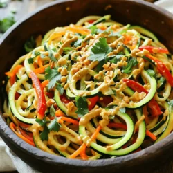 For this dish, you will need: - 4 medium zucchinis - 1 red bell pepper, thinly sliced - 1 cup shredded carrots - 1 green onion, chopped These veggies give the dish a fresh taste and vibrant colors. The zucchini noodles replace traditional pasta, making it light and healthy. To make the creamy peanut sauce, gather: - 1/2 cup creamy peanut butter - 2 tablespoons soy sauce - 1 tablespoon lime juice - 1 tablespoon maple syrup or honey - 1 teaspoon sesame oil - 1 teaspoon grated ginger - 1 small garlic clove, minced - Water (to thin the sauce, as needed) This sauce adds rich flavor. The mix of peanut butter and soy sauce balances sweet and salty notes. To make your dish pop, consider these garnishes: - 1/4 cup chopped peanuts - 1/4 cup fresh cilantro, chopped These toppings add crunch and freshness. They make every bite more exciting. For the full recipe, check the end of this section. To start, take four medium zucchinis. Use a spiralizer to create long noodles. If you don't have a spiralizer, a peeler can work too. After spiralizing, place the noodles in a colander. This helps drain extra moisture. Let them sit for about 10 minutes. This step is key to keeping your dish from becoming soggy. In a bowl, add 1/2 cup of creamy peanut butter. Next, mix in two tablespoons of soy sauce. Squeeze in one tablespoon of lime juice. Add one tablespoon of maple syrup or honey for sweetness. Now, include one teaspoon of sesame oil. Grate in one teaspoon of fresh ginger. Finally, add one minced garlic clove. Whisk everything together until smooth. If the sauce is thick, add water a little at a time. This will help reach your desired consistency. In a large bowl, combine your zucchini noodles, sliced red bell pepper, and shredded carrots. Pour the peanut sauce over this mix. Toss gently so every noodle is coated. Let it sit for about five minutes. This allows the flavors to blend. Just before serving, give it one last toss. Top your dish with chopped green onions, peanuts, and fresh cilantro for a bright finish. You can find the full recipe to guide you through the steps. Enjoy your fresh, tasty meal! To make great zucchini noodles, use a spiralizer. You can find these tools at most stores. Choose firm zucchinis for the best results. Cut off the ends of the zucchinis first. Secure the zucchini in the spiralizer and twist. You will get long, thin noodles quickly. After spiralizing, place the noodles in a colander. This helps drain excess water. Let them sit for about 10 minutes. This keeps your dish from getting soggy. The peanut sauce is key to this dish. Start with creamy peanut butter for a smooth base. Mix all the sauce ingredients in a bowl. If the sauce feels too thick, add water. Do this slowly, one tablespoon at a time. Stir well after each addition. Your goal is a pourable sauce that coats the noodles nicely. Adjust to your taste. You want a balance of sweet, salty, and tangy. You can boost the flavor with a few extras. Try adding lime zest for a fresh kick. A pinch of red pepper flakes can add heat. For a nutty taste, sprinkle more chopped peanuts on top. Fresh herbs like basil or mint can change the flavor profile. If you want a savory depth, consider a splash of soy sauce. Always taste as you mix. This way, you can adjust the flavor to your liking. Trust your palate! {{image_2}} You can add protein to this dish in many ways. Chicken, tofu, or shrimp are great choices. If you choose chicken, grill or sauté it first. Cut it into bite-sized pieces and mix it into the zucchini noodles. For tofu, use firm tofu. Press it to remove excess water, then cube it. You can pan-fry it until golden. Shrimp should be peeled and deveined. Sauté shrimp in a pan until pink. Add your choice of protein to make this dish even heartier. This recipe is already low in carbs thanks to the zucchini noodles. But you can make it more keto-friendly by skipping the maple syrup or honey in the sauce. Instead, use a sugar substitute like stevia or erythritol. For gluten-free options, ensure your soy sauce is gluten-free. This way, you can enjoy a healthy meal without worries. Get creative with how you serve this dish! You can use the Thai peanut zucchini noodles as a salad base. Just add more fresh veggies like cucumber or radishes. You can also turn them into wraps. Use large lettuce leaves to wrap the noodles and protein. This makes a fun, hand-held meal. Check out the Full Recipe for more serving ideas! To store your Thai peanut zucchini noodles, place them in an airtight container. Make sure to let the noodles cool first. This keeps them fresh for up to three days in the fridge. If you want to keep the sauce separate, store it in a small container. This helps to keep the noodles from getting soggy. You can freeze zucchini noodles, but they may lose some crunch. To do this, spiralize your zucchinis and blanch them in boiling water for two minutes. Then, quickly place them in ice water to stop the cooking. Drain well, then pack them in freezer-safe bags. They can last up to three months in the freezer. When you’re ready to use them, simply thaw and sauté. For leftovers, glass containers work best. They don’t hold odors and are safe for reheating. Choose containers that fit your portion size. For freezing, use heavy-duty freezer bags. They prevent freezer burn and save space. Always label your containers with the date to keep track of freshness. Yes, you can make this dish ahead of time. Prepare the zucchini noodles and peanut sauce separately. Store them in airtight containers. Keep the noodles dry to avoid sogginess. You can mix them right before serving. This way, your meal stays fresh and tasty. If you can’t find zucchini noodles, try these options: - Spaghetti squash - Carrot noodles - Cucumber ribbons - Regular pasta These choices offer similar textures and flavors. Each brings its own twist to the dish. Yes, the peanut sauce is vegan-friendly. It uses simple plant-based ingredients like peanut butter, soy sauce, and lime juice. If you use maple syrup instead of honey, it stays vegan. This sauce is creamy and packed with flavor. To spice up this dish, add these ingredients: - Red pepper flakes - Sriracha sauce - Chopped fresh chili peppers Start with a small amount and taste as you go. Adjust the spice level to match your preference. This keeps your meal exciting and full of flavor. For the complete recipe, visit the Full Recipe section. You learned how to make delicious Thai peanut zucchini noodles from scratch. We covered the key ingredients, the peanut sauce, and tasty garnishes. I shared the steps for preparing the noodles and sauce. You now know some tips for a great texture and flavor. Explore variations with proteins and creative serving ideas. Don’t forget storage tips for leftovers. Enjoy this dish with your own twists! It’s easy, healthy, and packed with flavor. Now, grab your veggies and get cooking!