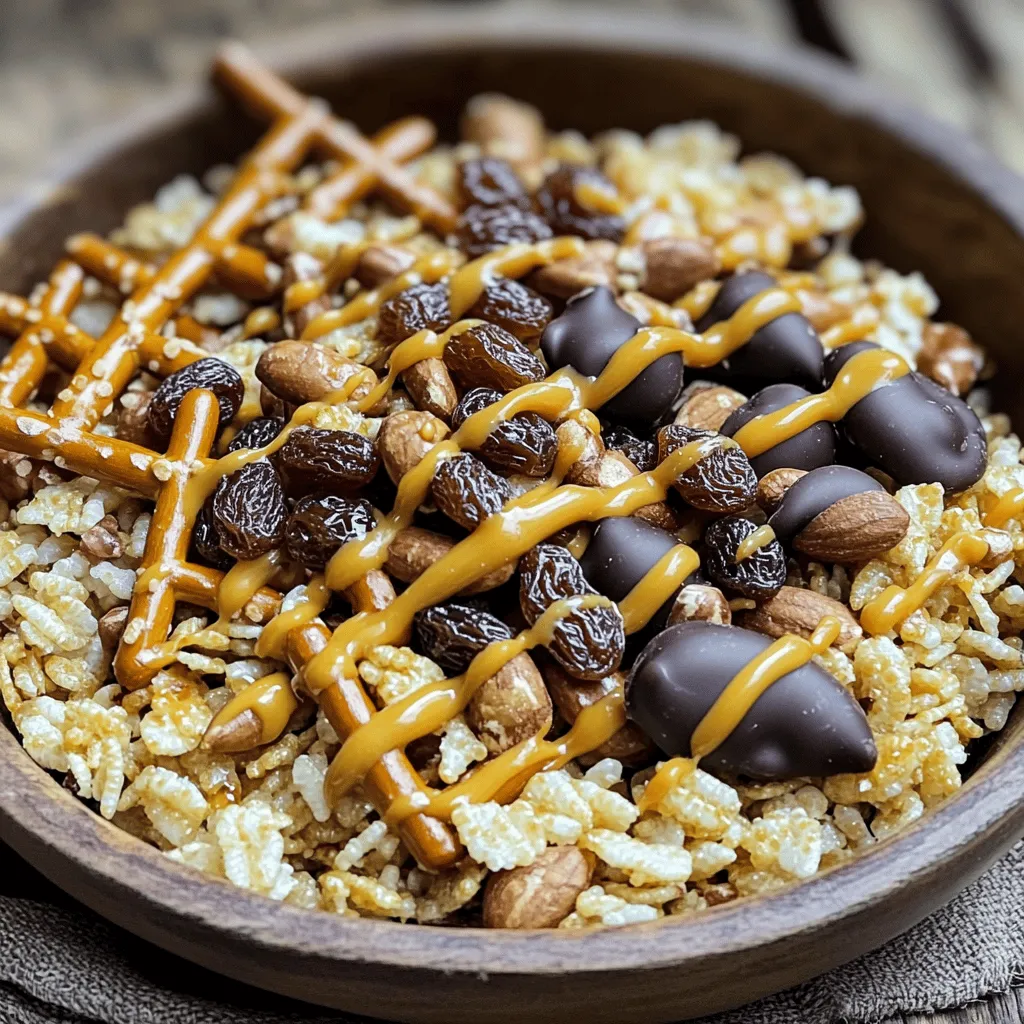 - 2 cups rice cereal (such as Crispix) - 1 cup mixed nuts (almonds, cashews, walnuts) - 1 cup pretzel sticks - 1 cup chocolate-covered raisins or M&M's - 1/2 cup creamy peanut butter - 1/4 cup honey - 1/2 teaspoon vanilla extract - Pinch of salt The ingredients for this snack mix are simple yet fun. Each adds a unique crunch or flavor. Rice cereal gives a light, airy base that feels good to munch on. Mixed nuts add protein and healthy fats, making the snack filling. Pretzel sticks bring a salty twist, balancing the sweet elements. I love using chocolate-covered raisins or M&M's for a pop of sweetness. You can pick your favorite! The creamy peanut butter binds everything together. Honey adds a touch of natural sweetness, while vanilla and salt enhance the flavors. - Calories per serving: About 200 - Protein content: Approximately 5 grams - Fiber content: Roughly 2 grams This snack mix is not just tasty; it also packs a decent amount of protein and fiber. You get a nice energy boost without feeling heavy. To adjust the recipe, simply multiply or divide the ingredient amounts. For 16 servings, double each ingredient. For fewer servings, cut the ingredient amounts in half. You can swap in different nuts based on what you like. Want it nut-free? Try seeds like pumpkin or sunflower. If you can't find rice cereal, any crunchy cereal works well. - Prep time: 15 minutes - Total time: 45 minutes You will need: - Large mixing bowl - Small saucepan - Spatula - Baking sheet - Parchment paper 1. In a large mixing bowl, add the rice cereal, mixed nuts, pretzel sticks, and chocolate-covered raisins. Toss these dry ingredients lightly to mix them evenly. 2. In a small saucepan over low heat, combine the creamy peanut butter, honey, vanilla extract, and a pinch of salt. Stir continuously for about 2-3 minutes until the mixture is smooth and well combined. 3. Pour the warm peanut butter mixture over the dry ingredients in the bowl. Use a spatula to gently fold everything together. Make sure all the ingredients are coated well. To cool the mix, spread it onto a baking sheet lined with parchment paper. Let it sit at room temperature for about 30 minutes until it is completely cool. Once cooled, break it into clusters. Store the snack mix in an airtight container at room temperature. It will stay fresh for up to one week. For the full recipe, refer to the earlier sections. To ensure even coating, mix the dry ingredients first. Toss the rice cereal, nuts, and pretzels lightly. When you pour in the warm peanut butter blend, move quickly. Stir gently but well. This helps every piece get that tasty coating. To avoid sticking, use a non-stick baking sheet. Parchment paper is also a great choice. Make sure the mixture is cool before breaking it into clusters. If it sticks, use a spatula to help separate it. You can add spices for extra flavor. Try a pinch of cinnamon for warmth. A dash of cayenne adds heat and fun. If you love more sweetness, sprinkle some powdered sugar on top. It makes a nice contrast to the saltiness of the pretzels. To enhance saltiness, consider adding a touch of sea salt. This brings out the flavors more. A sprinkle of coarse salt can give it a fancy feel. Get the kids involved! Let them mix the dry ingredients. They can also pour the peanut butter mixture. It’s a fun way for them to help. Kids love being part of the cooking process. If you have picky eaters, swap some ingredients. Use their favorite nuts or chocolate. You can even add dried fruits like cranberries. This way, everyone can enjoy a tasty snack mix. {{image_2}} If you want to avoid nuts, you can still enjoy this mix. Substitute mixed nuts with seeds like pumpkin or sunflower seeds. These seeds add a nice crunch and keep the mix nut-free. You can also use crunchy snacks, like pretzel crisps or chickpea puffs. For chocolate, look for dairy-free options. Many brands offer dark chocolate chips that skip dairy. This way, you can still get that rich chocolate taste without nuts or dairy. Want to switch things up with sweetness? Try using natural sweeteners. Maple syrup or agave syrup works great. These sweeteners can change the flavor a bit, but they add a nice touch. You can even adjust the honey in the mix. If you want a lighter flavor, reduce the honey and add more peanut butter. This gives a slight twist to the overall taste. Mixing flavors can make your snack mix even better. Try other types of chocolate, like white or dark chocolate. Each type brings a different taste. You could even mix them together for a fun twist. Adding dried fruits, like cranberries or apricots, can enhance the flavor too. These fruits add sweetness and chewiness that balances the crunch. With these variations, every bite can feel fresh and exciting! I recommend using an airtight container to keep your Peanut Butter Chocolate Snack Mix fresh. Glass jars or plastic containers work well. Choose a container that fits the mix snugly. This helps prevent air from getting in. Air can make the mix stale. At room temperature, your snack mix lasts about one week. Make sure to keep it in a cool, dry place. If you notice any off smells or a change in texture, it's best to toss it. Signs of spoilage include a soft feel or clumping. Yes, you can freeze this snack mix! Freezing keeps it fresh for up to three months. To freeze, first let the mix cool completely. Then, place it in a freezer-safe bag or container. When you're ready to eat, thaw it in the fridge overnight. This keeps the mix crunchy and tasty. Can I substitute almond butter for peanut butter? Yes, you can use almond butter instead of peanut butter. It gives a nice, nutty flavor. Almond butter works well in this recipe. Just make sure to use the same amount as the peanut butter. How do I adjust the sweetness to my liking? To adjust the sweetness, change the honey amount. If you want it sweeter, add more honey. If you prefer less sweetness, reduce the honey. You can also try using maple syrup for a different flavor. Pairing ideas with beverages Peanut Butter Chocolate Snack Mix pairs well with milk or a smoothie. You can also enjoy it with hot chocolate for a cozy treat. For adults, a light coffee can balance the sweetness too. Best occasions for serving snack mix This snack mix is perfect for movie nights or family gatherings. It’s also great for birthday parties or school events. You can pack it for picnics or road trips, making it fun and easy to share. What to do if the mix is too dry or too sticky? If the mix is too dry, add a bit of melted peanut butter. Stir it well until it’s coated. For a sticky mix, let it cool longer before breaking it apart. You can also add more dry ingredients to balance it out. How to revive stale snack mix? To revive stale snack mix, spread it on a baking sheet. Bake it at a low temperature for about 5-10 minutes. This helps to bring back some crunch. Make sure to cool it before eating! For the full recipe, check out the detailed instructions above. This recipe shows how to make a tasty peanut butter chocolate snack mix. You learned the best ingredients, steps for preparation, and tips for storage. Making this mix is easy and fun, especially for kids. You can adjust flavors and ingredients based on your taste. Whether you enjoy it at home or share it at a party, this snack is sure to please. Try it out, enjoy the process, and get creative with your custom mix!