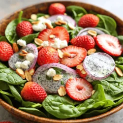 To create a delicious Strawberry Spinach Salad, you need these fresh items: - 4 cups fresh baby spinach leaves - 1 cup fresh strawberries, hulled and sliced - 1/2 cup goat cheese, crumbled - 1/4 cup sliced almonds, toasted - 1/4 red onion, thinly sliced These ingredients give the salad a bright color and great taste. Fresh spinach adds a crunchy base. Strawberries bring sweetness and juiciness. Goat cheese adds creaminess, while red onion gives a nice bite. Toasted almonds add extra crunch. The dressing is key to the salad's flavor. Here are the main ingredients: - 1/3 cup olive oil - 1/4 cup honey - 2 tablespoons apple cider vinegar - 1 teaspoon Dijon mustard - Salt and pepper to taste This poppyseed dressing is sweet and tangy. The olive oil adds richness, while honey balances the acidity of the vinegar. Dijon mustard brings a slight kick, and salt and pepper enhance all the flavors. You can customize your salad with these add-ins: - Sliced avocado - Grilled chicken - Crumbled feta cheese - Fresh herbs like basil or mint These options let you make the salad your own. Avocado adds creaminess, while grilled chicken provides protein. Feta cheese offers a salty flavor, and herbs add freshness. Feel free to mix and match! For the complete recipe, check out the Full Recipe. To make the poppyseed dressing, start by gathering your ingredients. You will need olive oil, honey, apple cider vinegar, Dijon mustard, salt, and pepper. In a small bowl or jar, mix the olive oil and honey together. Then, add the apple cider vinegar and Dijon mustard. Sprinkle in some salt and pepper to taste. Whisk or shake it all until it blends well. Set this flavorful dressing aside while you prepare the salad. Next, let’s toast the almonds to bring out their rich flavor. Grab a dry skillet and heat it on medium. Add the sliced almonds to the skillet. Stir them often for about 3 to 4 minutes. You want them golden and fragrant, but be careful not to burn them! Once toasted, remove the skillet from the heat and let the almonds cool before adding them to your salad. Now comes the fun part—assembling the salad! Take a large salad bowl and add the fresh baby spinach as your base. Next, sprinkle the sliced strawberries over the spinach. Crumble the goat cheese and add that on top. Then, add the thinly sliced red onion for a bit of bite. Just before serving, drizzle the poppyseed dressing over the salad and gently toss everything together. Finally, finish with the toasted almonds for that extra crunch. Enjoy your Strawberry Spinach Salad with Poppyseed Dressing! For the complete recipe, check the Full Recipe section. When picking strawberries, look for bright red color. The berries should feel firm, not soft. Check for a sweet scent; this shows ripeness. Avoid berries with white or green spots. These parts may be under ripe. Always choose strawberries with fresh green tops. These indicate freshness and good quality. Buying organic is a great choice if you can. They often have better flavor and fewer chemicals. To store leftover salad, place it in a sealed container. Use a container with an airtight lid for best results. Keep the salad in the fridge. Do not add dressing until you’re ready to eat. This helps the salad stay crisp. Leftover salad is best eaten within two days. If it wilts, consider using it in a smoothie or soup. Adding herbs can really boost the flavor of your salad. Fresh mint or basil works well with strawberries. Just chop a few leaves and sprinkle them on top. You can also add ground black pepper for a little kick. A pinch of sea salt brightens the taste, too. If you want a tangy twist, try adding a splash of lemon juice. {{image_2}} If you want to change things up, try different greens. Arugula adds a peppery kick. Kale brings a hearty texture. Mixed greens are mild and colorful. Each option gives the salad a new spin. You can also mix greens for a fun twist. Experiment to find your favorite combination. Cheese makes the salad richer. Goat cheese is creamy and tangy, but you can swap it. Feta cheese gives a salty burst. Blue cheese adds a bold taste. Shredded cheddar offers a sharp flavor. Each cheese option helps create a unique dish. Choose one that you love or try them all! To make this salad a meal, add protein. Grilled chicken is a classic choice. Shrimp adds a touch of elegance. Tofu is great for a veggie option. Chickpeas bring a hearty feel and extra fiber. By adding protein, you make the salad satisfying and filling. It’s a simple way to boost nutrition! For the full experience, check the Full Recipe to see how to put it all together. To keep your Strawberry Spinach Salad fresh, store it in a sealed container. Use an airtight container to prevent moisture loss. I recommend placing a paper towel inside the container. This will absorb extra moisture and keep the greens crisp. Store it in the fridge for the best taste. For the poppyseed dressing, pour it into a jar with a tight lid. Keep it in the fridge for up to a week. Before using, give it a good shake. The oil and vinegar may separate, so mixing it helps restore the flavor. The salad is best eaten fresh, but you can keep it for a day or two. If you want to freeze the poppyseed dressing, it can last for about three months. Just remember to thaw it in the fridge before use. Freezing the salad itself is not recommended, as the texture changes. Always enjoy it fresh for the best taste experience. For the full recipe, check out the details above. Yes, you can prepare the salad ahead of time. However, keep the dressing separate. Mix the salad ingredients in a bowl, but wait to add the dressing. This keeps the greens fresh and crunchy. If you store it correctly, it lasts for a day in the fridge. If you don't have poppy seeds, use sesame seeds or chopped nuts. Both add a nice crunch. You can also skip seeds altogether if you prefer. The salad still tastes great without them. To stop the salad from wilting, use fresh ingredients. Wash and dry spinach just before you make the salad. Always dress the salad right before serving. This keeps the leaves crisp and vibrant. For extra crunch, add nuts just before serving. This article covered how to make a fresh and tasty salad. You learned about key ingredients, like strawberries and almonds, and how to make a poppyseed dressing. I shared tips to select fresh items and store leftovers. You also saw how to switch greens and add proteins for variety. In conclusion, this salad is easy to make and fun to customize. Enjoy fresh flavors that brighten your meals!