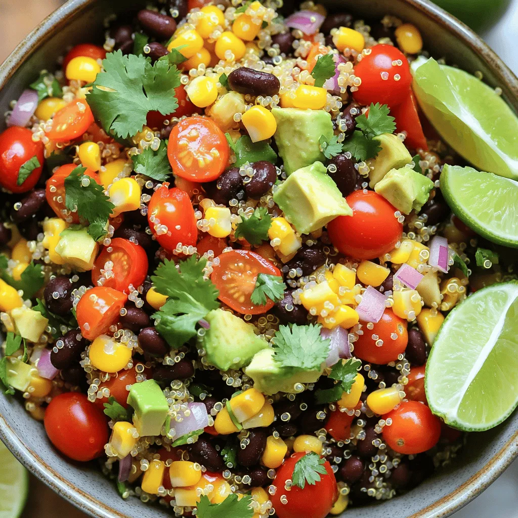 - 1 cup quinoa, rinsed - 2 cups vegetable broth or water - 1 can (15 oz) black beans, rinsed and drained - 1 cup corn kernels (fresh, frozen, or canned) - 1 red bell pepper, diced - 1 cup cherry tomatoes, halved - 1 avocado, diced - ¼ cup red onion, finely chopped - ½ cup fresh cilantro, chopped The main stars of this salad are the quinoa and black beans. Quinoa is a great grain. It is full of protein and fiber. Black beans add a creamy texture and taste. The corn gives a sweet crunch. Fresh veggies like tomatoes and peppers boost the flavor. I love adding avocado for its creaminess. Cilantro adds a fresh touch, making every bite pop. Each ingredient brings a unique taste and many nutrients. - Juice of 2 limes - 3 tablespoons olive oil - 1 teaspoon cumin - 1 teaspoon chili powder - Salt and pepper to taste The dressing is simple yet so tasty. Lime juice gives a zesty kick. Olive oil makes it smooth. Cumin and chili powder add warmth and depth. I adjust salt and pepper to balance the flavors. This dressing brings the whole salad together. It enhances each ingredient, making it shine. This salad is packed with nutrition. Each serving has about 250 calories. It is high in protein due to quinoa and beans. The fiber from all the veggies helps digestion. This salad is vegan and gluten-free, making it a great choice for many diets. You can feel good about enjoying this fresh dish! If you want to make it, check out the Full Recipe for details. Step 1: Combining quinoa with broth Start by rinsing 1 cup of quinoa under cold water. This step removes the bitter coating. In a medium pot, combine the rinsed quinoa with 2 cups of vegetable broth or water. This broth adds flavor. Step 2: Simmering and fluffing quinoa Bring the pot to a boil over medium-high heat. Once boiling, lower the heat. Cover the pot and let it simmer for 15 minutes. This allows the quinoa to absorb the liquid. After 15 minutes, take the pot off the heat. Let it sit for 5 more minutes. Finally, fluff the quinoa with a fork. Step 3: Chopping vegetables While the quinoa cooks, chop your veggies. Dice 1 red bell pepper and halve 1 cup of cherry tomatoes. Dice 1 avocado and finely chop ¼ cup of red onion. Rinse and drain 1 can of black beans, and prepare 1 cup of corn. Fresh, frozen, or canned corn works well. Step 4: Combining salad ingredients in a bowl In a large bowl, mix all these ingredients together. Add the black beans, corn, red pepper, cherry tomatoes, avocado, red onion, and ½ cup of chopped cilantro. This mix adds color and nutrition. Step 5: Whisking dressing ingredients In a small bowl, whisk together the juice of 2 limes, 3 tablespoons of olive oil, 1 teaspoon of cumin, and 1 teaspoon of chili powder. This dressing gives the salad its signature taste. Step 6: Adjusting seasoning After whisking, taste your dressing. Add salt and pepper as needed. Adjust the lime juice for extra zing if you like. Step 7: Adding quinoa and dressing to salad Once the quinoa is fluffy, add it to the large bowl with the salad ingredients. Pour the dressing over the top. Step 8: Tossing to combine Gently toss everything together until well mixed. You want the dressing to coat all the ingredients evenly. Enjoy your Southwest Quinoa Salad! For the full recipe, check out the details above. - Rinsing quinoa for better taste: Always rinse your quinoa before cooking. This step removes the saponins, which can taste bitter. Rinsing also makes the quinoa fluffier. Just place it in a fine-mesh strainer and rinse under cold water for a minute. - Timing for perfectly cooked quinoa: Cook quinoa on medium heat. When it boils, lower the heat and cover it. Let it simmer for about 15 minutes. After that, let it sit for 5 more minutes. Fluff it gently with a fork for the best texture. - Presentation tips for serving: Serve your salad in a large bowl to show off the colors. For individual servings, clear glass bowls work well. They highlight the beautiful layers of the salad. - Garnishing ideas for added flavor: Garnish with fresh cilantro and lime wedges. This adds a bright touch and enhances the flavor. You can also sprinkle some feta cheese for a creamy twist. - Adding spices or herbs to the dressing: Don’t hesitate to experiment! Add extra spices like smoked paprika or cayenne for a kick. Fresh herbs like parsley or dill can also brighten the dressing. - Customizing based on personal preferences: Make the salad your own! If you love heat, toss in some jalapeños. Prefer a sweeter taste? Add diced mango or pineapple for a tropical flair. For the full recipe, check out the [Full Recipe]. {{image_2}} You can easily switch up the beans in this salad. While black beans give great flavor, kidney beans work too. They add a nice color and a bit of sweetness. If you want to use different veggies, go for it! Try zucchini or bell peppers. You can also use frozen corn if fresh isn’t available. It’s all about what you like. Want a creamier dressing? Mix Greek yogurt with lime juice and spices. It adds richness and pairs well with the salad. If you’re short on time, grab a store-bought dressing. Look for one with bold flavors, like a spicy ranch or a cilantro lime option. This can save you time and still make your salad tasty. Seasonal produce can change your salad game. In summer, add fresh cucumber or radishes. In fall, roasted squash adds warmth. You can also swap out ingredients based on what you find at the market. This way, your salad stays fresh and exciting all year round. To keep your Southwest Quinoa Salad fresh, store it in an airtight container. Place it in the fridge right after serving. This will help maintain its bright flavors. The salad stays fresh for up to 3 days. However, the avocado may brown after a day. To prevent this, you can add lime juice to the avocado before storing. You might wonder, can you freeze quinoa salad? Yes, you can! Freezing is a great way to save extra portions. However, I recommend freezing only the quinoa and beans. The fresh veggies do not freeze well. To freeze, place the quinoa salad in a freezer-safe bag. Remove as much air as possible to avoid freezer burn. When you're ready to eat, thaw it overnight in the fridge. For reheating quinoa, the best method is to use the microwave. Place the quinoa in a microwave-safe bowl. Add a splash of water to keep it moist. Heat in short bursts of 30 seconds, stirring in between. You can also serve the quinoa cold for a refreshing meal. Many enjoy the crisp veggies and bright flavors chilled. It’s a versatile dish perfect for any occasion! To make this salad vegan, you can use plant-based options for the dressing. Instead of using honey or dairy, opt for agave syrup or skip the sweetener altogether. You can also add more fresh herbs, like cilantro or parsley, to boost flavor. Yes, you can make this salad ahead of time. I recommend prepping it no more than 24 hours in advance. This allows the flavors to blend while keeping the veggies fresh. Just store it in the fridge in an airtight container until you're ready to eat. Quinoa is a superfood packed with nutrients. It's high in protein and contains all nine essential amino acids. Quinoa is also a good source of fiber, which helps digestion. Additionally, it is gluten-free and rich in vitamins and minerals, such as magnesium and B vitamins. Yes, rinsing quinoa is essential. It removes the saponins, which can taste bitter. Rinsing also helps improve the overall flavor of the quinoa. Just place the quinoa in a fine-mesh strainer and rinse it under cold water for a minute or two before cooking. This Southwest Quinoa Salad combines healthy ingredients into a tasty dish. You learned how to prepare the salad, make a zesty dressing, and even mix in variations. Remember, quinoa is packed with nutrients and is quick to make. Enjoy this salad fresh or save it for later. It's versatile and easy to adjust based on what you have. Dive into this healthy option and make it yours!