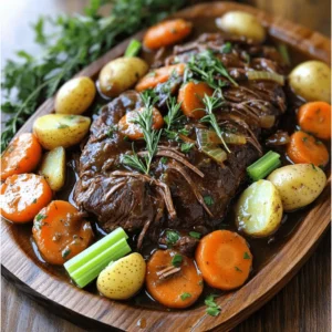 For a great pot roast, you need just the right ingredients. Here’s what I use: - 3-4 lbs beef chuck roast - 2 tablespoons olive oil - 1 large onion, chopped - 4 cloves garlic, minced - 4 large carrots, sliced - 3 stalks celery, chopped - 2 cups beef broth - 1 pound baby potatoes, halved Each ingredient plays a big role. The beef chuck roast gives the dish its rich flavor. Onions and garlic add depth, while carrots and celery provide sweetness and crunch. Baby potatoes soak up the juices well and round out the meal. Seasonings make your pot roast stand out. Here is what I typically use: - 1 tablespoon Worcestershire sauce - 1 tablespoon soy sauce - 2 teaspoons dried thyme - 1 teaspoon dried rosemary - Salt and pepper to taste - 2 bay leaves Worcestershire sauce and soy sauce add umami. Thyme and rosemary bring an earthy aroma. Salt and pepper are essential to enhance all flavors. Don't forget the bay leaves; they add a subtle hint of flavor during cooking. You can adjust the recipe to suit your taste. Here are some optional ingredients: - Mushrooms for a savory touch - Red wine for depth - Bell peppers for sweetness - Parsley for garnish Adding mushrooms enhances the umami. A splash of red wine adds depth and richness. Bell peppers bring sweetness and color. Finally, parsley gives a fresh finish when serving. Check out the Full Recipe for detailed steps to prepare this delicious meal. First, gather all your ingredients. You need a good beef chuck roast, about 3-4 pounds. I like to use a large Dutch oven for this recipe. Heat 2 tablespoons of olive oil over medium-high heat. While the oil heats, season the roast with salt and pepper. Once the oil is hot, sear the roast on all sides for 4-5 minutes. This step locks in flavors. After browning, remove the roast and set it aside. Next, add chopped onion and minced garlic to the pot. Sauté them for about 3-4 minutes until they smell good. Then, toss in sliced carrots and chopped celery. Stir them for another 2 minutes. Now, it’s time to add the liquid. Pour in 2 cups of beef broth, 1 tablespoon each of Worcestershire and soy sauce, along with 2 teaspoons of dried thyme, 1 teaspoon of dried rosemary, and 2 bay leaves. Bring this to a simmer. Return the seared roast to the pot, making sure it is mostly submerged. Place 1 pound of halved baby potatoes around the roast. Cover the pot with a lid and bake in your preheated oven at 300°F for 3-4 hours. The roast is ready when it's fork-tender. After cooking, carefully remove the pot from the oven. Discard the bay leaves. Let the pot roast rest for 15 minutes. This step helps keep the juices inside the meat. Slice the roast and serve it on a large platter, surrounded by the veggies and potatoes. Drizzle some of the cooking broth over the top for added flavor. You can find the full recipe for more details. Enjoy this melt-in-your-mouth delight! To make your pot roast tender, cook it low and slow. A temperature of 300°F works great. The beef chuck roast breaks down over time. This method makes it fork-tender. Aim for about 3 to 4 hours of cooking. The longer it cooks, the more tender it becomes. Using high-quality beef broth is key. Combine it with Worcestershire and soy sauce for depth. Fresh herbs like thyme and rosemary add a vibrant taste. Searing the meat before cooking locks in flavor. Don’t skip this step! The caramelization gives a rich base for your pot roast. For this recipe, a large Dutch oven is essential. It evenly distributes heat and keeps moisture in. A good sharp knife helps when you slice the roast. Use a cutting board to keep your workspace clean. A meat thermometer ensures your roast reaches the perfect doneness. For the full recipe, check out the earlier section. {{image_2}} You can use various cuts of meat for pot roast. The beef chuck roast is the most popular. It has good fat and flavor. Brisket is another option. It is a bit leaner but still tender. Round cuts, like bottom round, work too. They are leaner and cook well if you add enough liquid. Each cut gives a unique taste and texture to your dish. Adding herbs and spices can change your pot roast's flavor. Thyme and rosemary are classic choices. They add depth and aroma. You can also try garlic powder or onion powder for extra taste. If you prefer a bit of heat, add some smoked paprika or crushed red pepper flakes. For a sweet twist, consider using bay leaves or even a touch of brown sugar. Don’t forget the veggies! You can mix them up for more flavor. Try adding parsnips for sweetness or mushrooms for earthiness. Sweet potatoes work great for a unique twist. You can even toss in green beans or bell peppers for color and crunch. The more variety you add, the more fun your pot roast becomes. Check out the Full Recipe for ideas on how to combine these ingredients for a hearty, tasty meal. To store your leftover pot roast, first let it cool down. Place it in an airtight container. Make sure to include the broth and veggies for extra flavor. Refrigerate it for up to three days. If you want to keep it longer, freezing is a good option. When reheating, keep the roast moist. Use a pot on the stove for even heat. Add a splash of broth if it seems dry. Heat on low, stirring gently. You can also microwave it, but be careful not to overcook. This helps keep the meat tender. To freeze, cut the pot roast into portions. Wrap each piece tightly in plastic wrap. Then, place them in a freezer-safe bag. Label the bag with the date. It can last for up to three months in the freezer. Thaw it in the fridge overnight before reheating. Enjoy your delicious meal again! For more tips, check the Full Recipe. Cooking a pot roast takes about 3 to 4 hours in the oven. The key is low and slow cooking. The meat becomes tender and juicy this way. I recommend checking the roast at the 3-hour mark. If it’s fork-tender, it’s ready. If not, let it cook a bit longer. Yes, you can make pot roast in a slow cooker. It’s a great option if you prefer set-it-and-forget-it cooking. Just follow the same steps as in the oven recipe. Sear the meat first for flavor, then add all ingredients to the slow cooker. Cook on low for 8 hours or high for 4 hours until tender. Pot roast pairs well with many sides. Here are some great options: - Mashed potatoes - Creamy polenta - Roasted vegetables - Fresh green salad - Crusty bread These sides will complement the rich flavors of your pot roast. For more ideas, check out the Full Recipe for tips on presentation and serving. This article covered how to make a great pot roast. We explored key ingredients, like the best cuts of meat and seasonings. The step-by-step guide showed how to prep your roast and cook it in a Dutch oven. Tips helped you achieve perfect tenderness and flavor. Variations let you explore different herbs, spices, and vegetables. Finally, we discussed storage and reheating for leftovers. With these steps, your pot roast will impress everyone at the table. Enjoy a delicious meal, and happy cooking!