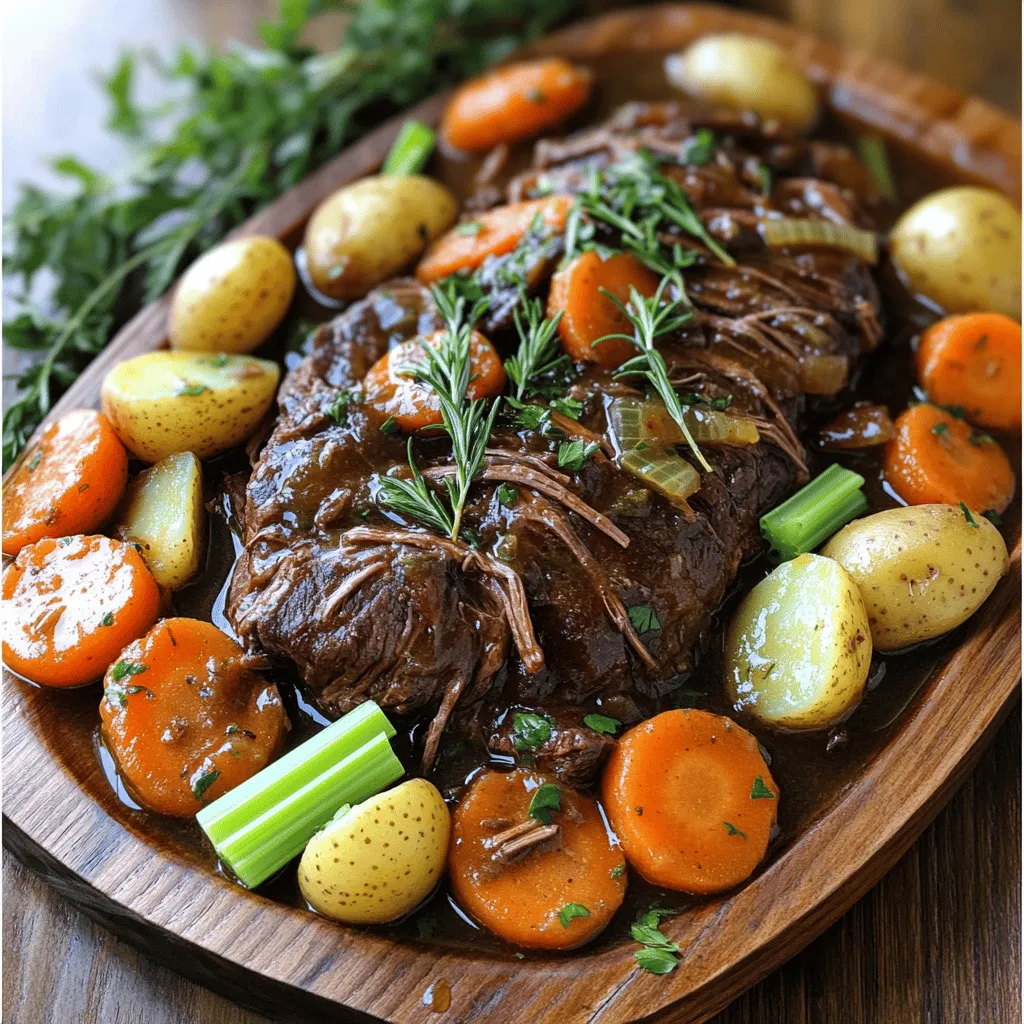 For a great pot roast, you need just the right ingredients. Here’s what I use: - 3-4 lbs beef chuck roast - 2 tablespoons olive oil - 1 large onion, chopped - 4 cloves garlic, minced - 4 large carrots, sliced - 3 stalks celery, chopped - 2 cups beef broth - 1 pound baby potatoes, halved Each ingredient plays a big role. The beef chuck roast gives the dish its rich flavor. Onions and garlic add depth, while carrots and celery provide sweetness and crunch. Baby potatoes soak up the juices well and round out the meal. Seasonings make your pot roast stand out. Here is what I typically use: - 1 tablespoon Worcestershire sauce - 1 tablespoon soy sauce - 2 teaspoons dried thyme - 1 teaspoon dried rosemary - Salt and pepper to taste - 2 bay leaves Worcestershire sauce and soy sauce add umami. Thyme and rosemary bring an earthy aroma. Salt and pepper are essential to enhance all flavors. Don't forget the bay leaves; they add a subtle hint of flavor during cooking. You can adjust the recipe to suit your taste. Here are some optional ingredients: - Mushrooms for a savory touch - Red wine for depth - Bell peppers for sweetness - Parsley for garnish Adding mushrooms enhances the umami. A splash of red wine adds depth and richness. Bell peppers bring sweetness and color. Finally, parsley gives a fresh finish when serving. Check out the Full Recipe for detailed steps to prepare this delicious meal. First, gather all your ingredients. You need a good beef chuck roast, about 3-4 pounds. I like to use a large Dutch oven for this recipe. Heat 2 tablespoons of olive oil over medium-high heat. While the oil heats, season the roast with salt and pepper. Once the oil is hot, sear the roast on all sides for 4-5 minutes. This step locks in flavors. After browning, remove the roast and set it aside. Next, add chopped onion and minced garlic to the pot. Sauté them for about 3-4 minutes until they smell good. Then, toss in sliced carrots and chopped celery. Stir them for another 2 minutes. Now, it’s time to add the liquid. Pour in 2 cups of beef broth, 1 tablespoon each of Worcestershire and soy sauce, along with 2 teaspoons of dried thyme, 1 teaspoon of dried rosemary, and 2 bay leaves. Bring this to a simmer. Return the seared roast to the pot, making sure it is mostly submerged. Place 1 pound of halved baby potatoes around the roast. Cover the pot with a lid and bake in your preheated oven at 300°F for 3-4 hours. The roast is ready when it's fork-tender. After cooking, carefully remove the pot from the oven. Discard the bay leaves. Let the pot roast rest for 15 minutes. This step helps keep the juices inside the meat. Slice the roast and serve it on a large platter, surrounded by the veggies and potatoes. Drizzle some of the cooking broth over the top for added flavor. You can find the full recipe for more details. Enjoy this melt-in-your-mouth delight! To make your pot roast tender, cook it low and slow. A temperature of 300°F works great. The beef chuck roast breaks down over time. This method makes it fork-tender. Aim for about 3 to 4 hours of cooking. The longer it cooks, the more tender it becomes. Using high-quality beef broth is key. Combine it with Worcestershire and soy sauce for depth. Fresh herbs like thyme and rosemary add a vibrant taste. Searing the meat before cooking locks in flavor. Don’t skip this step! The caramelization gives a rich base for your pot roast. For this recipe, a large Dutch oven is essential. It evenly distributes heat and keeps moisture in. A good sharp knife helps when you slice the roast. Use a cutting board to keep your workspace clean. A meat thermometer ensures your roast reaches the perfect doneness. For the full recipe, check out the earlier section. {{image_2}} You can use various cuts of meat for pot roast. The beef chuck roast is the most popular. It has good fat and flavor. Brisket is another option. It is a bit leaner but still tender. Round cuts, like bottom round, work too. They are leaner and cook well if you add enough liquid. Each cut gives a unique taste and texture to your dish. Adding herbs and spices can change your pot roast's flavor. Thyme and rosemary are classic choices. They add depth and aroma. You can also try garlic powder or onion powder for extra taste. If you prefer a bit of heat, add some smoked paprika or crushed red pepper flakes. For a sweet twist, consider using bay leaves or even a touch of brown sugar. Don’t forget the veggies! You can mix them up for more flavor. Try adding parsnips for sweetness or mushrooms for earthiness. Sweet potatoes work great for a unique twist. You can even toss in green beans or bell peppers for color and crunch. The more variety you add, the more fun your pot roast becomes. Check out the Full Recipe for ideas on how to combine these ingredients for a hearty, tasty meal. To store your leftover pot roast, first let it cool down. Place it in an airtight container. Make sure to include the broth and veggies for extra flavor. Refrigerate it for up to three days. If you want to keep it longer, freezing is a good option. When reheating, keep the roast moist. Use a pot on the stove for even heat. Add a splash of broth if it seems dry. Heat on low, stirring gently. You can also microwave it, but be careful not to overcook. This helps keep the meat tender. To freeze, cut the pot roast into portions. Wrap each piece tightly in plastic wrap. Then, place them in a freezer-safe bag. Label the bag with the date. It can last for up to three months in the freezer. Thaw it in the fridge overnight before reheating. Enjoy your delicious meal again! For more tips, check the Full Recipe. Cooking a pot roast takes about 3 to 4 hours in the oven. The key is low and slow cooking. The meat becomes tender and juicy this way. I recommend checking the roast at the 3-hour mark. If it’s fork-tender, it’s ready. If not, let it cook a bit longer. Yes, you can make pot roast in a slow cooker. It’s a great option if you prefer set-it-and-forget-it cooking. Just follow the same steps as in the oven recipe. Sear the meat first for flavor, then add all ingredients to the slow cooker. Cook on low for 8 hours or high for 4 hours until tender. Pot roast pairs well with many sides. Here are some great options: - Mashed potatoes - Creamy polenta - Roasted vegetables - Fresh green salad - Crusty bread These sides will complement the rich flavors of your pot roast. For more ideas, check out the Full Recipe for tips on presentation and serving. This article covered how to make a great pot roast. We explored key ingredients, like the best cuts of meat and seasonings. The step-by-step guide showed how to prep your roast and cook it in a Dutch oven. Tips helped you achieve perfect tenderness and flavor. Variations let you explore different herbs, spices, and vegetables. Finally, we discussed storage and reheating for leftovers. With these steps, your pot roast will impress everyone at the table. Enjoy a delicious meal, and happy cooking!