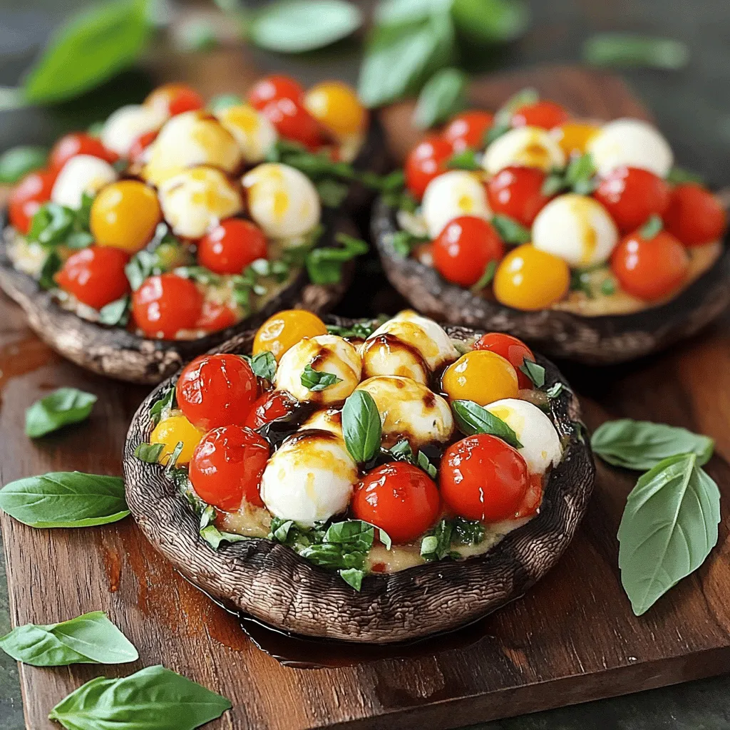 To make Caprese Stuffed Portobellos, you need fresh and simple ingredients. Here’s the list: - 4 large Portobello mushrooms - 2 cups cherry tomatoes - 1 cup fresh mozzarella balls - 1 cup fresh basil leaves - 3 tablespoons balsamic glaze - 2 tablespoons olive oil - 1 teaspoon garlic powder - Salt and pepper to taste - Optional: 1/4 cup grated Parmesan cheese These ingredients work together to create a tasty dish. The Portobello mushrooms serve as a sturdy base. The cherry tomatoes add sweet and juicy flavor. Fresh mozzarella provides creaminess, while basil gives a fragrant touch. Balsamic glaze offers a tangy finish. Olive oil brings everything together, enhancing the taste. Feel free to add the optional Parmesan for a richer flavor. This dish is not only delicious but also colorful and appealing. For the full recipe, check the details to guide you through the cooking steps. First, preheat your oven to 375°F (190°C). This helps the mushrooms cook evenly. Next, clean the Portobello mushrooms. Use a damp cloth to wipe off dirt. Remove the stems carefully. Place the mushrooms on a baking sheet with the gill side facing up. This helps hold the filling well. In a mixing bowl, combine the halved cherry tomatoes, mozzarella balls, and chopped basil. Add olive oil, garlic powder, salt, and pepper. Mix well to create a tasty filling. This mix gives a fresh, savory flavor to the mushrooms. Now, generously spoon the tomato and mozzarella mixture into each Portobello cap. Make sure to fill them up nicely. Drizzle balsamic glaze over the stuffed mushrooms for extra flavor. For a savory twist, sprinkle grated Parmesan cheese on top if you like. Finally, bake the mushrooms in the oven for 20 to 25 minutes. They should be tender and the cheese melted. Keep an eye on them. Once done, remove them from the oven and let them cool for a couple of minutes. Enjoy your Caprese Stuffed Portobellos! You can find the Full Recipe for more details. For the best Caprese stuffed Portobellos, cook them at 375°F (190°C). This temperature ensures the mushrooms get tender, and the cheese melts perfectly. Bake them for 20 to 25 minutes. Using fresh ingredients is key. Fresh mozzarella adds creaminess. Cherry tomatoes bring sweetness, and basil gives a bright flavor. Always choose ripe tomatoes and fragrant basil for the best taste. These stuffed mushrooms shine when paired with a simple salad. A light green salad with lemon dressing complements the dish well. You can also serve them with crusty bread for a hearty meal. For presentation, place the mushrooms on a colorful platter. Drizzle extra balsamic glaze over them for a glossy finish. Garnish with whole basil leaves to add a pop of color. One mistake is overstuffing the mushrooms. This can make them soggy and hard to handle. Fill the caps generously but avoid piling too much on top. Another mistake is not preheating the oven. If the oven isn’t hot enough, the mushrooms won’t cook evenly. Always allow your oven to fully heat up before baking. For the full recipe, check the Caprese Stuffed Portobellos section. {{image_2}} You can change the cheese to suit your taste. Goat cheese or feta can add a nice twist. They both offer a tangy flavor that pairs well with the mushrooms. You might also try adding different veggies. Sliced bell peppers, zucchini, or spinach work great. Each choice brings a unique taste to the dish. If you're looking for vegan or dairy-free options, swap out the mozzarella with a plant-based cheese. Many brands offer tasty vegan cheeses that melt nicely. For a gluten-free version, ensure your balsamic glaze is gluten-free. Most glazes are safe, but it’s good to check the label. To boost flavor, add spices or herbs to the filling. Oregano, thyme, or red pepper flakes can give it a kick. You can also use flavored oils. A drizzle of garlic-infused olive oil or a herb oil can elevate the dish. Try these ideas to make your Caprese stuffed Portobellos even more delicious! After you enjoy your Caprese stuffed Portobellos, store the leftovers properly. Place them in an airtight container. Refrigerate them right away. They stay fresh for about 3 days. Always let them cool before sealing the container. This helps avoid moisture buildup. You can freeze these stuffed mushrooms for longer storage. First, let them cool completely. Then, wrap each mushroom in plastic wrap. Place them in a freezer-safe bag. They can last up to 3 months in the freezer. When you want to eat them, take them out. Place in the fridge overnight to thaw. To reheat your Caprese stuffed Portobellos, avoid the microwave if you can. Instead, use the oven. Preheat it to 350°F (175°C). Place the mushrooms on a baking sheet. Bake for about 10-15 minutes. This keeps them tender and juicy. If you like, drizzle a bit of olive oil on top before reheating. Enjoy your delicious meal again! To keep your mushrooms firm, start with fresh Portobello mushrooms. Look for caps that are smooth and free of blemishes. Avoid any that feel slimy or soft. Before you cook, clean them gently with a damp cloth to remove dirt. This method helps keep their texture. Don't soak them in water, as this can make them soggy. When you roast them, the high heat helps maintain their firmness. Yes, you can prepare Caprese Stuffed Portobellos in advance. Make the filling a day before and store it in the fridge. This way, the flavors meld together nicely. On the day you want to serve them, stuff the mushrooms and bake them as directed. This saves time and lets you enjoy the meal with friends or family without stress. Caprese Stuffed Portobellos pair well with a crisp salad or garlic bread. A simple arugula salad with lemon dressing adds brightness. You can also serve these stuffed mushrooms alongside roasted vegetables or a light pasta dish. For drinks, a chilled white wine or sparkling water works nicely. You can find the Full Recipe for Caprese Stuffed Portobellos above. It's easy to follow and perfect for any occasion. This blog post detailed how to make Caprese Stuffed Portobello mushrooms. We covered everything from ingredients to baking. You learned tips for great flavor and texture. I shared variations to meet your dietary needs. Storing and reheating instructions help you enjoy leftovers. Use fresh ingredients for the best taste. Now, you can impress friends with this tasty dish. Enjoy cooking and sharing your delicious creations!