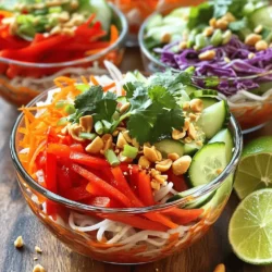 - 8 oz rice noodles - 1 red bell pepper, thinly sliced - 1 carrot, julienned - 1 cucumber, thinly sliced - 1 cup shredded red cabbage - 1/2 cup fresh cilantro, chopped - 1/4 cup green onions, sliced - 1/4 cup roasted peanuts, roughly chopped The rice noodles serve as the base for the salad. They soak up all the great flavors. The red bell pepper adds a sweet crunch. Carrots and cucumbers bring freshness and color. Red cabbage not only looks great but also adds a nice texture. Fresh cilantro gives the salad a bright taste. Green onions add a mild onion flavor, while roasted peanuts give a satisfying crunch. - 3 tablespoons lime juice - 2 tablespoons soy sauce - 1 tablespoon sesame oil - 1 tablespoon honey or agave syrup - 1 tablespoon sriracha (adjust for heat preference) - 1 minced garlic clove The dressing is where the magic happens! Lime juice adds a zesty kick that wakes up your palate. Soy sauce gives a savory depth. Sesame oil brings a nutty flavor that ties it all together. Honey or agave syrup adds just a hint of sweetness. Sriracha lets you control the heat, and garlic adds a lovely aroma. Mix it all for a burst of flavor! - Caloric content per serving: approximately 300 calories - Macronutrient breakdown: - Fats: 15g - Carbs: 40g - Proteins: 8g - Allergen information: Contains peanuts and soy This salad is not just tasty; it’s also nutritious! It offers a balanced mix of carbs, fats, and proteins. Always check for allergens, especially if you serve guests. Enjoy the flavors and the health benefits! For the detailed preparation steps, see the Full Recipe. To cook rice noodles, bring a large pot of water to a boil. Add the noodles and stir for even cooking. Follow the package instructions for timing; it usually takes about 4 to 6 minutes. Once soft, drain the noodles. Rinsing them under cold water stops the cooking process. This step helps keep the noodles from getting too sticky. Set the cooled noodles aside for later use. In a small bowl, mix the lime juice, soy sauce, sesame oil, honey, sriracha, and minced garlic. Whisk until it blends well. Taste the dressing to see if you want more heat or sweetness. You can add more sriracha for spice or honey for sweetness. This dressing brings the salad to life with its bold flavors. In a big mixing bowl, combine the cooled rice noodles, sliced bell pepper, julienned carrot, cucumber, shredded cabbage, chopped cilantro, and sliced green onions. Gently toss these ingredients together. Next, pour the spicy dressing over the salad mix. Toss everything again until the noodles and veggies are well coated. This ensures every bite bursts with flavor. Serve the salad in bowls and top with chopped peanuts for crunch. Enjoy this fresh, flavorful meal! For the complete details, check the Full Recipe. To make your Spicy Thai Noodle Salad truly your own, start by adjusting the ingredients. If you like it sweeter, add more honey or agave. For heat lovers, increase the sriracha. Taste as you go! You want it to fit your flavor needs. Recommended serving sizes are about one and a half cups per person. This salad is great for lunch or dinner. You can serve it as a side dish, too. If you want to switch things up, add grilled chicken or shrimp. Tofu is a great option for a vegetarian meal. To store leftovers, place them in an airtight container. Keep the dressing separate until you're ready to eat. This keeps the noodles fresh and prevents sogginess. For meal prep, cook the noodles and chop your veggies ahead of time. Store them in the fridge for up to three days. You can mix everything in the morning for a fresh meal at lunch. When serving, choose clear glass bowls. This shows off the bright colors of your salad. For a beautiful finish, sprinkle extra cilantro on top. Add lime wedges on the side for a pop of color. {{image_2}} You can add shrimp, chicken, or tofu to your salad. These options offer great protein boosts. Shrimp adds a sweet and juicy flavor. Chicken gives a hearty texture, while tofu is perfect for vegetarians and vegans. Choose firm tofu for the best results. Just remember to marinate it in the spicy dressing for extra taste. This makes it flavorful and fun to eat. Use seasonal or fresh vegetables for a twist. Bell peppers, snap peas, or even green beans work well. You can also try adding radishes for a crisp bite. To enhance the flavors, toss in fresh herbs like basil or mint. These herbs add a bright touch and elevate the dish. If you want to spice things up, try adding a dash of chili flakes or ginger. Switch up the dressing for new flavors. For a creamy option, try a peanut sauce. Mix peanut butter with lime juice, soy sauce, and a bit of honey. This makes a rich and tasty dressing. You can also experiment with a sesame dressing by using sesame oil and rice vinegar. Each version gives a unique twist to your salad. Enjoy crafting your own signature flavor! For the full recipe, check out the detailed instructions and ingredient list. To keep your Spicy Thai Noodle Salad fresh, store the salad and dressing separately. If you mix them together, the noodles will become soggy. Place the salad in an airtight container. Keep the dressing in a small jar or bowl with a lid. This method helps maintain the crispness of the veggies. When stored properly in the fridge, the salad lasts about three days. The dressing can last up to a week. Check for freshness before using. If it smells funny or looks off, it’s best to toss it. Can you freeze Spicy Thai Noodle Salad? I don’t recommend it. Freezing can change the texture of the noodles and veggies, making them mushy. However, certain components freeze better. You can freeze the dressing alone. Just pour it into an ice cube tray. Once frozen, store the cubes in a bag. This way, you can use them later! When you want to eat your salad again, avoid using a microwave. Instead, take the salad out of the fridge and let it sit at room temperature for about 15 minutes. If you need warmth, heat the noodles in a pan with a bit of water. This keeps them from getting dry or chewy. Add the fresh veggies and dressing afterward for the best taste. You can prep this salad a day in advance. Start by cooking the rice noodles. Cool them and store in the fridge. Chop your veggies and keep them in a sealed container. Make the spicy dressing too. Just mix everything together when you’re ready to eat. Yes, you can! For a milder version, cut back on the sriracha. You can use only half a tablespoon or skip it. If you love heat, add more sriracha or even some red pepper flakes. Taste as you go to find your perfect heat. If you can’t find rice noodles, you have options. Try using soba noodles or whole wheat spaghetti. Even zucchini noodles work for a fresh twist. Just cook them according to their package instructions, and you’ll be good to go. Yes, you can make it gluten-free! Use gluten-free soy sauce or tamari in the dressing. Check your noodle package to ensure they are also gluten-free. Fresh veggies and peanuts are naturally gluten-free too! Store it in the fridge for up to three days. The noodles and veggies stay fresh if you keep them sealed. Just remember to add the dressing right before serving for the best taste and crunch. You can see the Full Recipe for detailed steps. It includes all the tips to make this dish shine. Enjoy creating your Spicy Thai Noodle Salad! In this article, we covered how to make a flavorful Spicy Thai Noodle Salad. We detailed the main ingredients, crafting a spicy dressing, and assembling the salad. I shared tips on storage, variations, and answers to common questions. This salad is easy to customize to your tastes. You can add proteins or change up the veggies. Enjoying fresh and healthy meals like this is simple and fun. Dive in, and make this dish your own!