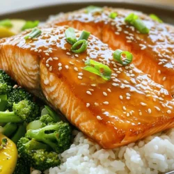 For the best baked teriyaki salmon, you need a few key items. Here’s what you will need: - 4 salmon fillets (skin on, about 6 oz each) - 1/4 cup soy sauce - 2 tablespoons honey - 2 tablespoons rice vinegar - 1 tablespoon sesame oil - 2 tablespoons fresh orange juice - 1 teaspoon grated fresh ginger - 1 garlic clove, minced - 1 teaspoon cornstarch (optional, for thickness) These ingredients work together to create a rich and flavorful dish that you’ll love. The marinade is the heart of this recipe. It gives the salmon its sweet and savory taste. The soy sauce brings saltiness. Honey adds a touch of sweetness. Rice vinegar gives it a nice tang. Sesame oil adds a nutty flavor, while fresh orange juice brightens the dish. The ginger and garlic give it depth. If you want a thicker sauce, mix in cornstarch. This will help coat the salmon nicely. To make your dish even more appealing, consider these garnishes: - Sesame seeds for a nutty crunch - Sliced green onions for freshness These simple additions make your baked teriyaki salmon look even more delicious. You can also serve it over rice or quinoa for a full meal. First, set your oven to 400°F (200°C). Preheating ensures even cooking. This step is key for a perfectly baked salmon. In a bowl, mix together the soy sauce, honey, rice vinegar, sesame oil, fresh orange juice, ginger, and minced garlic. Whisk until it blends well. If you want a thicker sauce, add cornstarch and stir until it dissolves. This marinade gives the salmon a tasty glaze. Take your salmon fillets and place them in a dish or a resealable bag. Pour the marinade over the salmon. Let it soak for at least 15 minutes. If you have more time, marinate for an hour in the fridge. This makes the salmon flavorful and juicy. Grease a baking dish lightly with cooking spray or olive oil. Remove the salmon from the marinade and place it skin side down in the dish. Pour some marinade over the top. Bake in your preheated oven for 12-15 minutes. The salmon is done when it flakes easily with a fork. For a nice finish, you can broil the salmon for 2-3 minutes at the end. Switch your oven to broil and keep a watchful eye. This step adds great caramelization but can burn quickly. Once your salmon is cooked, let it rest for a couple of minutes. Garnish with sesame seeds and sliced green onions. For a great plate, serve the salmon on a bed of steamed rice or quinoa. Add some sautéed broccoli or asparagus for color and nutrition. This makes your dish look as good as it tastes! When picking salmon, look for fresh fillets with bright color. The skin should be shiny and moist. I prefer wild-caught salmon for its rich taste. Farmed salmon can work too, but check for high-quality sources. Ask your fishmonger for advice if you’re unsure. To get that perfect flaky texture, do not overcook the salmon. Bake it for just 12-15 minutes at 400°F (200°C). The fish should easily flake with a fork when done. Let it rest for a couple of minutes after baking. This waiting time helps keep the moisture in. The teriyaki sauce can be a bit sweet. You can change the flavor by adding more soy sauce or honey. For a tangy twist, add extra orange juice. Taste the sauce before marinating the fish. Adjust until it’s just right for you. This will make your dish more enjoyable. Remember, your taste buds are the best judge! For the complete recipe, check out the Full Recipe link. {{image_2}} You can brighten the dish with citrus. Try using lemon or lime juice. These fruits add a fresh zing to the teriyaki sauce. They also cut through the richness of the salmon. For a sweet touch, add some zest. Grate the peel of the citrus and mix it in. This will enhance the flavor even more. If you want to switch it up, consider other proteins. Chicken breast works well with the same teriyaki sauce. Just adjust the cooking time since chicken takes longer. You can also use tofu for a plant-based option. Tofu absorbs flavors nicely and becomes tender when cooked. Adding veggies can make your meal even more colorful. Try bell peppers, zucchini, or snap peas. Toss them in the marinade with the salmon. They will roast beautifully in the oven. You can also serve them on the side for extra crunch. Using vegetables adds nutrition and makes the dish more filling. Store leftover salmon in an airtight container. Make sure it cools to room temperature first. Keep it in the fridge for up to three days. If you want it to last longer, consider freezing it. To reheat, preheat your oven to 350°F (175°C). Place the salmon on a baking sheet. Cover it loosely with foil to keep it moist. Heat for about 10-15 minutes, or until warm. You can also use a microwave. Heat on medium power for 1-2 minutes. If you have extra salmon, freezing is a great choice. Wrap each fillet tightly in plastic wrap. Then place them in a freezer bag. Make sure to remove as much air as possible. Frozen salmon can last for up to three months. To use, thaw it in the fridge overnight before reheating. You can pair baked teriyaki salmon with many sides. I love serving it with rice or quinoa. Steamed broccoli or asparagus adds a nice crunch. A simple salad with fresh greens also works well. Try adding some sliced oranges for extra flavor. To thicken the marinade, you can add cornstarch. Mix one teaspoon of cornstarch with a little water. Stir it into the marinade until it dissolves. This will give your sauce a nice, rich texture. Yes, you can use frozen salmon. Just make sure to thaw it first. Place it in the fridge overnight or run it under cold water. Once thawed, follow the recipe as you would with fresh salmon. The salmon is done when it flakes easily with a fork. You can also check the internal temperature. It should reach 145°F (63°C). If you have a meat thermometer, this can help ensure perfect cooking. You can find the full recipe here. It includes all the steps and tips to make this dish delicious! Baked teriyaki salmon is simple and tasty. We covered essential ingredients, from marinades to garnishes. I shared clear steps, like marinating and baking. I also provided tips to ensure a flaky texture. You can explore variations to keep it exciting, and storage ideas help keep leftovers fresh. Remember, adding citrus or different proteins can change the dish. This delicious meal is easy to make and enjoy. Cook with confidence, and share your creations with friends or family!