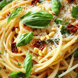 To make sun-dried tomato pasta, you need a few key items. First, choose your favorite pasta. I recommend spaghetti or fettuccine. Both work well with the sauce. Next, gather these key ingredients: - 8 oz spaghetti or your favorite pasta - 1 cup sun-dried tomatoes (in oil, drained and chopped) - 3 cloves garlic, minced - 1/2 cup fresh basil leaves, chopped - 1/4 cup grated Parmesan cheese (plus extra for serving) - 1/4 cup pine nuts, toasted - 1/4 cup olive oil - Salt and pepper to taste - 1 tsp crushed red pepper flakes (optional for heat) - Fresh basil leaves for garnish You can add delightful extras to your dish. Cheese options like Parmesan or Pecorino enhance the flavor. I suggest using Parmesan for a creamy touch. You may also include some optional ingredients like: - Crushed red pepper for heat - Pine nuts for a crunchy texture These extras can elevate your pasta experience. Feel free to mix and match based on your taste! For the full recipe, click [Full Recipe]. First, grab a large pot and fill it with water. Add a good amount of salt to the water. Salt makes the pasta taste better. Bring the water to a boil over high heat. Once it's boiling, add your pasta. I love spaghetti, but you can use any pasta you enjoy. Cook the pasta according to the package instructions. Most pasta takes about 8 to 12 minutes. You want it to be al dente, which means it should be firm but tender. Before you drain the pasta, save about 1/2 cup of that starchy pasta water. This water helps adjust your sauce later. After that, drain the pasta and set it aside. Now, it's time to make the sauce. Take a large skillet and heat it over medium heat. Pour in the olive oil and let it warm up. Once hot, add your minced garlic. Sauté it for about 30 seconds. Garlic is key here; it adds a great flavor. Be careful not to burn it! Next, add the chopped sun-dried tomatoes to the skillet. If you like a bit of heat, toss in some crushed red pepper flakes too. Stir it all together and cook for another 2-3 minutes. This helps the flavors mix well. Now, it’s time to bring it all together. Add your drained pasta to the skillet with the sauce. Toss everything well to mix. If the sauce seems too thick, add some of the reserved pasta water. Do this a little at a time until you get the sauce just right. Finally, take the skillet off the heat. Stir in the fresh basil, grated Parmesan, and toasted pine nuts. Season with salt and pepper to taste. Now, your sun-dried tomato pasta is ready to enjoy! For the full recipe, check the details above. To cook pasta al dente, boil a large pot of salted water. Add the pasta and stir it gently. Follow the package time, but check a minute early. The pasta should be firm but not hard. Drain it but keep some pasta water for later. This water adds flavor and helps the sauce stick. To infuse flavor, use high-quality olive oil. Heat it gently before adding garlic. Sauté until fragrant, but don’t let it burn. Then add sun-dried tomatoes and spices. This step brings out the rich taste. Toss in the pasta and use reserved water to make it creamy. Garnishes can take your dish to the next level. Fresh basil adds a pop of color and taste. Extra Parmesan cheese brings creaminess and umami. Toasted pine nuts add a nice crunch. If your pasta sticks together, here are some tips. Make sure to stir while it cooks. Drain it quickly but avoid rinsing, as this washes away flavor. When mixing with sauce, add a little reserved water to keep it loose and saucy. Enjoy your dish with a smile! {{image_2}} You can change the pasta shape to fit your mood. Spaghetti works great, but fettuccine or penne can add fun texture. Each shape holds the sauce a bit differently. You can also use gluten-free pasta if you need it. Whole grain pasta is a tasty option too. It adds fiber and a hearty taste. Let’s talk about adding proteins. You can toss in chicken, shrimp, or tofu. Cooked chicken gives a nice, filling bite. Shrimp adds a touch of the sea, while tofu keeps it plant-based. You can also mix in seasonal veggies. Think spinach in spring or roasted butternut squash in fall. Adding these ingredients makes the dish richer and more colorful. For a full list of ingredients and steps, check the Full Recipe. To keep your sun-dried tomato pasta fresh, store it in the fridge. Use an airtight container. Make sure to cool the pasta first before sealing it. This helps prevent moisture buildup. Your pasta should last for about 3 to 5 days in the fridge. If you want to save it longer, consider freezing it. Use a freezer-safe container or a heavy-duty freezer bag. Remove as much air as possible to avoid freezer burn. Frozen pasta can last for up to 3 months. Reheating sun-dried tomato pasta is easy and quick. You can use the microwave or stovetop. For the microwave, place the pasta in a safe bowl. Add a splash of water to keep it moist. Cover the bowl with a microwave-safe lid or plate. Heat in 30-second intervals, stirring in between until warm. If you prefer the stovetop, heat a non-stick skillet over medium heat. Add the pasta and a little olive oil or water. Stir often to prevent sticking. Heat until warm, about 5 to 7 minutes. This method helps keep the pasta flavorful. Enjoy your leftovers just like the first time with these easy tips! How to make sun-dried tomato pasta vegetarian? To make sun-dried tomato pasta vegetarian, focus on using plant-based ingredients. Start with the main components: pasta, sun-dried tomatoes, garlic, and fresh herbs. Use vegetable broth instead of chicken broth if your recipe calls for it. Also, choose a vegetarian cheese, like nutritional yeast or a plant-based cheese, for added flavor without meat. Can I use dried sun-dried tomatoes instead of oil-packed? Yes, you can use dried sun-dried tomatoes. However, you must soak them before use. Place the dried tomatoes in hot water for about 20-30 minutes. This softens them and allows them to blend better in your dish. After soaking, drain and chop them as needed for your recipe. What’s the best way to infuse flavor into the oil? To infuse flavor into the oil, heat it slowly with minced garlic. Add the garlic to cold oil in a skillet and then warm it up. This method avoids burning the garlic and lets the oil absorb its flavor. You can also add herbs like basil or oregano during this process for extra taste. How to modify for dietary restrictions? To modify the recipe for dietary restrictions, consider substitutes. For gluten-free options, use gluten-free pasta. If you're dairy-free, replace cheese with nutritional yeast or a vegan cheese. You can also adjust the oil or add more vegetables for flavor while keeping it healthy. Pairing with side dishes or salads Sun-dried tomato pasta pairs well with salads or roasted vegetables. A simple arugula salad with lemon vinaigrette adds a fresh touch. Roasted zucchini or asparagus can complement the pasta nicely and add color to your plate. Beverage recommendations for a complete meal For a complete meal, enjoy your pasta with a light white wine like Pinot Grigio. If you prefer non-alcoholic options, try sparkling water with a slice of lemon. Both choices balance the rich flavors of the sun-dried tomatoes and garlic. For the full recipe, check out the complete guide in the article. In this post, we explored making a delicious sun-dried tomato pasta dish. You learned about essential ingredients and how to cook pasta perfectly. We shared tips to enhance your meal and offered variations to suit your taste. Remember to store your leftovers well for great flavor later. Cooking can be fun and rewarding. With practice, your skills will grow, making every meal a delight. Enjoy creating and sharing your pasta dishes!