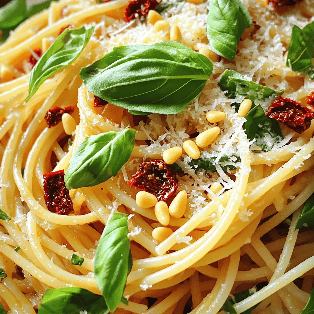 To make sun-dried tomato pasta, you need a few key items. First, choose your favorite pasta. I recommend spaghetti or fettuccine. Both work well with the sauce. Next, gather these key ingredients: - 8 oz spaghetti or your favorite pasta - 1 cup sun-dried tomatoes (in oil, drained and chopped) - 3 cloves garlic, minced - ½ cup fresh basil leaves, chopped - ¼ cup grated Parmesan cheese (plus extra for serving) - ¼ cup pine nuts, toasted - ¼ cup olive oil - Salt and pepper to taste - 1 teaspoon crushed red pepper flakes (optional for heat) - Fresh basil leaves for garnish You can add delightful extras to your dish. Cheese options like Parmesan or Pecorino enhance the flavor. I suggest using Parmesan for a creamy touch. You may also include some optional ingredients like: - Crushed red pepper for heat - Pine nuts for a crunchy texture These extras can elevate your pasta experience. Feel free to mix and match based on your taste! For the full recipe, click [Full Recipe]. First, grab a large pot and fill it with water. Add a good amount of salt to the water. Salt makes the pasta taste better. Bring the water to a boil over high heat. Once it's boiling, add your pasta. I love spaghetti, but you can use any pasta you enjoy. Cook the pasta according to the package instructions. Most pasta takes about 8 to 12 minutes. You want it to be al dente, which means it should be firm but tender. Before you drain the pasta, save about ½ cup of that starchy pasta water. This water helps adjust your sauce later. After that, drain the pasta and set it aside. Now, it's time to make the sauce. Take a large skillet and heat it over medium heat. Pour in the olive oil and let it warm up. Once hot, add your minced garlic. Sauté it for about 30 seconds. Garlic is key here; it adds a great flavor. Be careful not to burn it! Next, add the chopped sun-dried tomatoes to the skillet. If you like a bit of heat, toss in some crushed red pepper flakes too. Stir it all together and cook for another 2-3 minutes. This helps the flavors mix well. Now, it’s time to bring it all together. Add your drained pasta to the skillet with the sauce. Toss everything well to mix. If the sauce seems too thick, add some of the reserved pasta water. Do this a little at a time until you get the sauce just right. Finally, take the skillet off the heat. Stir in the fresh basil, grated Parmesan, and toasted pine nuts. Season with salt and pepper to taste. Now, your sun-dried tomato pasta is ready to enjoy! For the full recipe, check the details above. To cook pasta al dente, boil a large pot of salted water. Add the pasta and stir it gently. Follow the package time, but check a minute early. The pasta should be firm but not hard. Drain it but keep some pasta water for later. This water adds flavor and helps the sauce stick. To infuse flavor, use high-quality olive oil. Heat it gently before adding garlic. Sauté until fragrant, but don’t let it burn. Then add sun-dried tomatoes and spices. This step brings out the rich taste. Toss in the pasta and use reserved water to make it creamy. Garnishes can take your dish to the next level. Fresh basil adds a pop of color and taste. Extra Parmesan cheese brings creaminess and umami. Toasted pine nuts add a nice crunch. If your pasta sticks together, here are some tips. Make sure to stir while it cooks. Drain it quickly but avoid rinsing, as this washes away flavor. When mixing with sauce, add a little reserved water to keep it loose and saucy. Enjoy your dish with a smile! {{image_2}} You can change the pasta shape to fit your mood. Spaghetti works great, but fettuccine or penne can add fun texture. Each shape holds the sauce a bit differently. You can also use gluten-free pasta if you need it. Whole grain pasta is a tasty option too. It adds fiber and a hearty taste. Let’s talk about adding proteins. You can toss in chicken, shrimp, or tofu. Cooked chicken gives a nice, filling bite. Shrimp adds a touch of the sea, while tofu keeps it plant-based. You can also mix in seasonal veggies. Think spinach in spring or roasted butternut squash in fall. Adding these ingredients makes the dish richer and more colorful. For a full list of ingredients and steps, check the Full Recipe. To keep your sun-dried tomato pasta fresh, store it in the fridge. Use an airtight container. Make sure to cool the pasta first before sealing it. This helps prevent moisture buildup. Your pasta should last for about 3 to 5 days in the fridge. If you want to save it longer, consider freezing it. Use a freezer-safe container or a heavy-duty freezer bag. Remove as much air as possible to avoid freezer burn. Frozen pasta can last for up to 3 months. Reheating sun-dried tomato pasta is easy and quick. You can use the microwave or stovetop. For the microwave, place the pasta in a safe bowl. Add a splash of water to keep it moist. Cover the bowl with a microwave-safe lid or plate. Heat in 30-second intervals, stirring in between until warm. If you prefer the stovetop, heat a non-stick skillet over medium heat. Add the pasta and a little olive oil or water. Stir often to prevent sticking. Heat until warm, about 5 to 7 minutes. This method helps keep the pasta flavorful. Enjoy your leftovers just like the first time with these easy tips! How to make sun-dried tomato pasta vegetarian? To make sun-dried tomato pasta vegetarian, focus on using plant-based ingredients. Start with the main components: pasta, sun-dried tomatoes, garlic, and fresh herbs. Use vegetable broth instead of chicken broth if your recipe calls for it. Also, choose a vegetarian cheese, like nutritional yeast or a plant-based cheese, for added flavor without meat. Can I use dried sun-dried tomatoes instead of oil-packed? Yes, you can use dried sun-dried tomatoes. However, you must soak them before use. Place the dried tomatoes in hot water for about 20-30 minutes. This softens them and allows them to blend better in your dish. After soaking, drain and chop them as needed for your recipe. What’s the best way to infuse flavor into the oil? To infuse flavor into the oil, heat it slowly with minced garlic. Add the garlic to cold oil in a skillet and then warm it up. This method avoids burning the garlic and lets the oil absorb its flavor. You can also add herbs like basil or oregano during this process for extra taste. How to modify for dietary restrictions? To modify the recipe for dietary restrictions, consider substitutes. For gluten-free options, use gluten-free pasta. If you're dairy-free, replace cheese with nutritional yeast or a vegan cheese. You can also adjust the oil or add more vegetables for flavor while keeping it healthy. Pairing with side dishes or salads Sun-dried tomato pasta pairs well with salads or roasted vegetables. A simple arugula salad with lemon vinaigrette adds a fresh touch. Roasted zucchini or asparagus can complement the pasta nicely and add color to your plate. Beverage recommendations for a complete meal For a complete meal, enjoy your pasta with a light white wine like Pinot Grigio. If you prefer non-alcoholic options, try sparkling water with a slice of lemon. Both choices balance the rich flavors of the sun-dried tomatoes and garlic. For the full recipe, check out the complete guide in the article. In this post, we explored making a delicious sun-dried tomato pasta dish. You learned about essential ingredients and how to cook pasta perfectly. We shared tips to enhance your meal and offered variations to suit your taste. Remember to store your leftovers well for great flavor later. Cooking can be fun and rewarding. With practice, your skills will grow, making every meal a delight. Enjoy creating and sharing your pasta dishes!