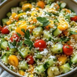 To make the Lemon Herb Couscous Salad, you need fresh and vibrant ingredients. Here’s what you’ll want to gather: - 1 cup couscous - 1 medium cucumber, diced - 1 cup cherry tomatoes, halved - 1 bell pepper (any color), diced - ½ red onion, finely chopped - 1 cup parsley, finely chopped - ½ cup fresh mint, finely chopped Each of these ingredients brings its own flavor and texture. The couscous acts as a fluffy base, while the veggies add crunch and color. Fresh herbs brighten the dish with their aroma. The dressing adds a zesty kick to the salad. You’ll need: - 3 tablespoons olive oil - 2 tablespoons lemon juice - Zest of 1 lemon - Salt and pepper to taste This dressing is simple yet full of flavor. The lemon juice and zest enhance the fresh taste of the salad. Olive oil adds richness, while salt and pepper balance everything out. For an extra touch, consider adding: - Feta cheese for garnish Feta cheese adds creaminess and a salty bite. It pairs well with the fresh flavors of the salad. You can sprinkle it on top before serving for a beautiful finish. Make sure to check the full recipe for detailed instructions on how to combine these fresh ingredients into a delightful meal. First, I bring the vegetable broth to a boil in a medium saucepan. Once it boils, I add the couscous and remove the pot from heat. I cover it and let it sit for about five minutes. This allows the couscous to absorb the broth fully. Next, I dice the cucumber, halved cherry tomatoes, and bell pepper. I also finely chop the red onion, parsley, and mint. These fresh veggies add vibrant colors and flavors to the salad. In a small bowl, I whisk together olive oil, lemon juice, and lemon zest. I season the mix with salt and pepper. This dressing brings a bright, zesty flavor to the salad. After fluffing the couscous with a fork and letting it cool slightly, I mix the vegetables and couscous in a large bowl. I pour the dressing over the top and gently toss everything together. I taste and adjust the seasoning, adding more salt or lemon juice if needed. If I want to add a creamy touch, I crumble feta cheese on top before serving. For the full recipe, check the detailed instructions. To make your Lemon Herb Couscous Salad truly shine, adjust the seasoning. I like to add a pinch of salt, a dash of pepper, or a splash of lemon juice. This helps balance the flavors. Taste as you go. This salad is best served fresh. Enjoy it right after making for the best taste. Serving is key! You can use a large bowl for a family-style dish. For a fancier look, plate individual portions. Add a lemon wedge or some fresh herbs on top. This makes the salad look bright and inviting. To ensure your couscous is fluffy, follow a few steps. When you add couscous to the boiling broth, cover the pot. Let it sit for about five minutes. After that, fluff it with a fork. This keeps the grains separate. When mixing, be gentle. You want everything combined without mushing the veggies. {{image_2}} You can boost the Lemon Herb Couscous Salad by adding proteins. Chicken, grilled or roasted, makes a great choice. It adds flavor and makes the dish heartier. For a vegetarian option, try chickpeas. They add protein and a nice texture. You can also use shrimp or tofu for more variety. Each protein brings a unique taste and makes the salad filling. Using seasonal vegetables can change the salad's look and flavor. In the summer, add fresh corn or zucchini. In the fall, try roasted butternut squash or Brussels sprouts. These veggies add color and nutrients. You can also mix in some arugula or spinach for added greens. Seasonal veggies keep the salad fresh and exciting throughout the year. Changing the dressing can also change the salad's taste. Try a yogurt-based dressing for creaminess. You can mix Greek yogurt with lemon juice and garlic. Another option is a balsamic vinaigrette. It adds a sweet, tangy flavor that complements the salad. You can even make a spicy dressing with chili flakes for a kick. Each dressing gives a new twist, making this salad versatile. To store your Lemon Herb Couscous Salad, place it in an airtight container. This keeps it fresh and prevents odors from other foods in the fridge. If you have extra dressing, keep it separate until you serve. This helps maintain the salad's crunchiness. Your salad will stay fresh in the fridge for about 3 to 5 days. After that, the veggies might lose their crispness. If you notice any signs of spoilage, it’s best to toss it out. Always check for any off smells or changes in color. I don’t recommend freezing couscous salad. Freezing can change the texture of the vegetables. If you want to save it, try freezing the dressing separately. You can then enjoy a fresh salad later by mixing the thawed dressing with fresh veggies and couscous. Yes, you can use quinoa! Quinoa is a great substitute for couscous. It adds more protein and fiber. Quinoa has a nutty flavor that pairs well with lemon and herbs. It is also gluten-free, making it a good choice for those with dietary needs. Just rinse the quinoa before cooking to remove any bitterness. Use the same liquid-to-grain ratio as couscous for the best results. Let the couscous sit for about 5 minutes. This resting time allows the couscous to absorb all the vegetable broth. It also helps the grains to become fluffy. Fluffing with a fork after resting is key. This prevents clumping and makes the salad light and airy. Waiting before mixing the couscous with other ingredients keeps flavors fresh. No, traditional couscous is not gluten-free. However, you can easily make it gluten-free. Simply swap couscous for quinoa or rice. Both options provide a similar texture and taste. Be sure to check labels for gluten in any packaged items. Using gluten-free grains keeps the salad delicious and inclusive for everyone. This salad pairs well with many main dishes. Try serving it with grilled chicken or fish for a light meal. It also complements roasted vegetables perfectly. For a vegetarian option, serve it alongside falafel or stuffed peppers. You can even enjoy it with a simple soup. The fresh flavors of the salad will enhance any dish. For the full recipe, check out the complete guide. This article covers the vibrant Lemon Herb Couscous Salad, highlighting fresh ingredients and simple steps. You learned how to cook fluffy couscous and prepare a delicious dressing with olive oil and lemon. We discussed tips to enhance flavors and presented options for adding proteins or seasonal veggies. Remember to store leftovers properly to keep them fresh. This salad is versatile, easy, and perfect for any meal. Enjoying healthy, tasty food can be simple and fun!