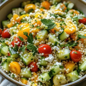 To make the Lemon Herb Couscous Salad, you need fresh and vibrant ingredients. Here’s what you’ll want to gather: - 1 cup couscous - 1 medium cucumber, diced - 1 cup cherry tomatoes, halved - 1 bell pepper (any color), diced - ½ red onion, finely chopped - 1 cup parsley, finely chopped - ½ cup fresh mint, finely chopped Each of these ingredients brings its own flavor and texture. The couscous acts as a fluffy base, while the veggies add crunch and color. Fresh herbs brighten the dish with their aroma. The dressing adds a zesty kick to the salad. You’ll need: - 3 tablespoons olive oil - 2 tablespoons lemon juice - Zest of 1 lemon - Salt and pepper to taste This dressing is simple yet full of flavor. The lemon juice and zest enhance the fresh taste of the salad. Olive oil adds richness, while salt and pepper balance everything out. For an extra touch, consider adding: - Feta cheese for garnish Feta cheese adds creaminess and a salty bite. It pairs well with the fresh flavors of the salad. You can sprinkle it on top before serving for a beautiful finish. Make sure to check the full recipe for detailed instructions on how to combine these fresh ingredients into a delightful meal. First, I bring the vegetable broth to a boil in a medium saucepan. Once it boils, I add the couscous and remove the pot from heat. I cover it and let it sit for about five minutes. This allows the couscous to absorb the broth fully. Next, I dice the cucumber, halved cherry tomatoes, and bell pepper. I also finely chop the red onion, parsley, and mint. These fresh veggies add vibrant colors and flavors to the salad. In a small bowl, I whisk together olive oil, lemon juice, and lemon zest. I season the mix with salt and pepper. This dressing brings a bright, zesty flavor to the salad. After fluffing the couscous with a fork and letting it cool slightly, I mix the vegetables and couscous in a large bowl. I pour the dressing over the top and gently toss everything together. I taste and adjust the seasoning, adding more salt or lemon juice if needed. If I want to add a creamy touch, I crumble feta cheese on top before serving. For the full recipe, check the detailed instructions. To make your Lemon Herb Couscous Salad truly shine, adjust the seasoning. I like to add a pinch of salt, a dash of pepper, or a splash of lemon juice. This helps balance the flavors. Taste as you go. This salad is best served fresh. Enjoy it right after making for the best taste. Serving is key! You can use a large bowl for a family-style dish. For a fancier look, plate individual portions. Add a lemon wedge or some fresh herbs on top. This makes the salad look bright and inviting. To ensure your couscous is fluffy, follow a few steps. When you add couscous to the boiling broth, cover the pot. Let it sit for about five minutes. After that, fluff it with a fork. This keeps the grains separate. When mixing, be gentle. You want everything combined without mushing the veggies. {{image_2}} You can boost the Lemon Herb Couscous Salad by adding proteins. Chicken, grilled or roasted, makes a great choice. It adds flavor and makes the dish heartier. For a vegetarian option, try chickpeas. They add protein and a nice texture. You can also use shrimp or tofu for more variety. Each protein brings a unique taste and makes the salad filling. Using seasonal vegetables can change the salad's look and flavor. In the summer, add fresh corn or zucchini. In the fall, try roasted butternut squash or Brussels sprouts. These veggies add color and nutrients. You can also mix in some arugula or spinach for added greens. Seasonal veggies keep the salad fresh and exciting throughout the year. Changing the dressing can also change the salad's taste. Try a yogurt-based dressing for creaminess. You can mix Greek yogurt with lemon juice and garlic. Another option is a balsamic vinaigrette. It adds a sweet, tangy flavor that complements the salad. You can even make a spicy dressing with chili flakes for a kick. Each dressing gives a new twist, making this salad versatile. To store your Lemon Herb Couscous Salad, place it in an airtight container. This keeps it fresh and prevents odors from other foods in the fridge. If you have extra dressing, keep it separate until you serve. This helps maintain the salad's crunchiness. Your salad will stay fresh in the fridge for about 3 to 5 days. After that, the veggies might lose their crispness. If you notice any signs of spoilage, it’s best to toss it out. Always check for any off smells or changes in color. I don’t recommend freezing couscous salad. Freezing can change the texture of the vegetables. If you want to save it, try freezing the dressing separately. You can then enjoy a fresh salad later by mixing the thawed dressing with fresh veggies and couscous. Yes, you can use quinoa! Quinoa is a great substitute for couscous. It adds more protein and fiber. Quinoa has a nutty flavor that pairs well with lemon and herbs. It is also gluten-free, making it a good choice for those with dietary needs. Just rinse the quinoa before cooking to remove any bitterness. Use the same liquid-to-grain ratio as couscous for the best results. Let the couscous sit for about 5 minutes. This resting time allows the couscous to absorb all the vegetable broth. It also helps the grains to become fluffy. Fluffing with a fork after resting is key. This prevents clumping and makes the salad light and airy. Waiting before mixing the couscous with other ingredients keeps flavors fresh. No, traditional couscous is not gluten-free. However, you can easily make it gluten-free. Simply swap couscous for quinoa or rice. Both options provide a similar texture and taste. Be sure to check labels for gluten in any packaged items. Using gluten-free grains keeps the salad delicious and inclusive for everyone. This salad pairs well with many main dishes. Try serving it with grilled chicken or fish for a light meal. It also complements roasted vegetables perfectly. For a vegetarian option, serve it alongside falafel or stuffed peppers. You can even enjoy it with a simple soup. The fresh flavors of the salad will enhance any dish. For the full recipe, check out the complete guide. This article covers the vibrant Lemon Herb Couscous Salad, highlighting fresh ingredients and simple steps. You learned how to cook fluffy couscous and prepare a delicious dressing with olive oil and lemon. We discussed tips to enhance flavors and presented options for adding proteins or seasonal veggies. Remember to store leftovers properly to keep them fresh. This salad is versatile, easy, and perfect for any meal. Enjoying healthy, tasty food can be simple and fun!