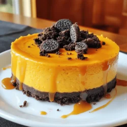 To make the Oreo pumpkin cheesecake, you need these simple ingredients: - 1 ½ cups Oreo cookie crumbs - 4 tablespoons unsalted butter, melted - 16 oz cream cheese, softened - 1 cup canned pumpkin puree - 1 cup sugar - 1 teaspoon vanilla extract - 2 large eggs - 1 teaspoon ground cinnamon - ½ teaspoon ground nutmeg - ¼ teaspoon ground ginger - ½ cup sour cream - Extra Oreo cookies for garnish (optional) These ingredients work together to create a creamy and flavorful cheesecake. The Oreo cookie crumbs give the crust a delicious, rich taste. Using cream cheese and pumpkin puree makes it smooth and light. The spices like cinnamon, nutmeg, and ginger add warmth, perfect for fall. I love how easy this recipe is. You can find all these ingredients at your local grocery store. Just remember to pick up some extra Oreos if you want to garnish your cheesecake. Trust me, it’s worth it! For the full recipe, check the link provided. Set your oven temperature to 325°F (163°C). This step is key for even baking. In a medium bowl, mix 1 ½ cups of Oreo cookie crumbs with 4 tablespoons of melted butter. Stir until the crumbs soak up the butter. Press this mixture into the bottom of a 9-inch springform pan. Make it firm and even. Bake the crust for 10 minutes, then let it cool. In a large bowl, beat 16 oz of softened cream cheese until it is smooth. This process makes the filling creamy. Then, mix in 1 cup of canned pumpkin puree and 1 cup of sugar until everything is well combined. Add 2 large eggs one at a time, mixing well after each. Next, include 1 teaspoon of ground cinnamon, ½ teaspoon of ground nutmeg, and ¼ teaspoon of ground ginger. Mix on low speed until just combined. Pour the pumpkin cheesecake filling over the cooled Oreo crust. Smooth the top with a spatula. Place it in the oven and bake for 50-60 minutes. Keep an eye on it; the center should still jiggle slightly when done. After baking, turn off the oven and leave the cheesecake inside for an hour. This gradual cooling helps prevent cracks. Once it cools down, refrigerate the cheesecake for at least 4 hours. For best results, chill it overnight. For the complete recipe, check out the Full Recipe section. - Monitor cake for slight jiggle: This helps ensure your cheesecake is creamy. When it has a slight jiggle in the center, it means it's still set properly. Don't overbake; a slight jiggle means it will firm up as it cools. - Use a water bath for more even cooking: This method helps the cheesecake cook gently. Fill a large pan with water and place it in the oven while baking. The steam keeps your cheesecake moist and prevents cracks. - Serve with caramel sauce: A drizzle of caramel adds sweetness and a beautiful look. Pour some on each plate before placing the cheesecake slice on top. - Sprinkle additional crushed Oreos: This adds texture and a fun look. Just crush some extra Oreos and sprinkle them on top for an appealing finish. - Perfect for holidays: This cheesecake shines at Thanksgiving or Halloween gatherings. Its flavors and look make it a crowd favorite. - Pair with coffee or chai: The rich flavors match well with warm drinks. Serve with a cup of coffee or chai for a delightful treat. For the full recipe, check out the detailed instructions to create this delicious dessert! {{image_2}} You can make your Oreo pumpkin cheesecake even better with a few add-ins. - Chocolate chips: Try adding chocolate chips to the filling for an extra layer of flavor. They melt and make each slice richer and more decadent. - Swirl in caramel or chocolate sauce: Drizzle some caramel or chocolate sauce into the cheesecake before baking. Use a knife to swirl it in, creating a beautiful pattern. This adds a sweet surprise in every bite. If you need a gluten-free version, it's easy to adapt. Simply substitute regular Oreo cookies with gluten-free Oreo cookies. The taste stays delicious, and everyone can enjoy this treat without worry. Want to switch things up? Here are some fun flavor ideas: - Add white chocolate: Mixing in white chocolate chips gives a rich and creamy taste. It pairs nicely with the pumpkin flavor. - Experiment with different spices: You can try other spices like allspice or cloves. Just a pinch can change the whole flavor profile. Get creative and find your favorite combo! For the full recipe, check out the [Full Recipe]. After baking your Oreo pumpkin cheesecake, let it cool completely. Then, store it in an airtight container. This way, it stays fresh for up to 5 days. Keeping it sealed helps prevent any odors from other foods in the fridge from affecting its taste. If you want to keep your cheesecake longer, freezing is a great option. First, slice the cheesecake into pieces. Wrap each slice tightly in plastic wrap. Place the wrapped slices in a freezer-safe bag or container. This method helps keep the cheesecake fresh for up to 3 months. When you are ready to enjoy, just take out a slice! To thaw your frozen cheesecake, take it out of the freezer and unwrap it. Place the slice in the fridge for several hours or overnight. This slow thawing process keeps the texture smooth and creamy. Avoid thawing at room temperature, as this can make the cheesecake soggy. Enjoy your delicious treat anytime! For the full recipe, check out the main article. Yes, you can use fresh pumpkin. Fresh pumpkin has a different taste and texture. To use it, roast the pumpkin until soft, then puree it. Make sure to drain excess water. This process takes more time than using canned pumpkin, but the flavor is often richer and fresher. Check the cheesecake by gently shaking the pan. The center should jiggle slightly, but the edges should be set. You can also insert a knife in the center. If it comes out mostly clean, it’s done. Remember, the cheesecake will firm up as it cools. If your cheesecake cracks, don’t worry! This can happen to anyone. To prevent cracks, avoid overbaking and let the cheesecake cool slowly in the oven. If cracks do occur, cover them with whipped cream or more crushed Oreos. It will still taste great! To achieve an extra creamy cheesecake, use softened cream cheese. Beat it well to remove lumps. Adding sour cream helps too, as it adds moisture. Also, avoid overmixing after adding eggs, as this can make the texture less smooth. This blog post covers everything you need to know about making a pumpkin cheesecake with an Oreo crust. You learned the key ingredients, step-by-step instructions, and useful tips for success. I hope you feel ready to try this recipe. Experiment with flavors and enjoy your own tasty twist. With care and patience, a delicious dessert awaits you!