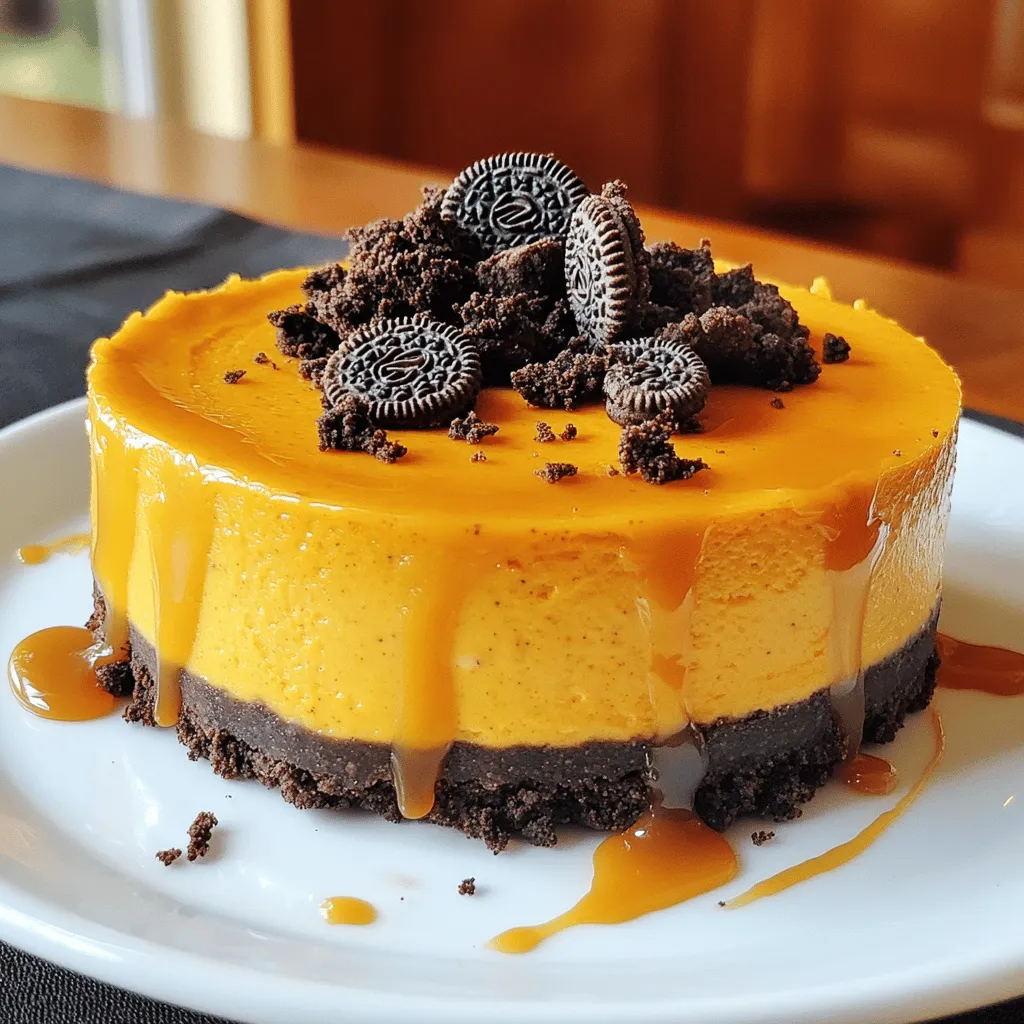 To make the Oreo pumpkin cheesecake, you need these simple ingredients: - 1 ½ cups Oreo cookie crumbs - 4 tablespoons unsalted butter, melted - 16 oz cream cheese, softened - 1 cup canned pumpkin puree - 1 cup sugar - 1 teaspoon vanilla extract - 2 large eggs - 1 teaspoon ground cinnamon - ½ teaspoon ground nutmeg - ¼ teaspoon ground ginger - ½ cup sour cream - Extra Oreo cookies for garnish (optional) These ingredients work together to create a creamy and flavorful cheesecake. The Oreo cookie crumbs give the crust a delicious, rich taste. Using cream cheese and pumpkin puree makes it smooth and light. The spices like cinnamon, nutmeg, and ginger add warmth, perfect for fall. I love how easy this recipe is. You can find all these ingredients at your local grocery store. Just remember to pick up some extra Oreos if you want to garnish your cheesecake. Trust me, it’s worth it! For the full recipe, check the link provided. Set your oven temperature to 325°F (163°C). This step is key for even baking. In a medium bowl, mix 1 ½ cups of Oreo cookie crumbs with 4 tablespoons of melted butter. Stir until the crumbs soak up the butter. Press this mixture into the bottom of a 9-inch springform pan. Make it firm and even. Bake the crust for 10 minutes, then let it cool. In a large bowl, beat 16 oz of softened cream cheese until it is smooth. This process makes the filling creamy. Then, mix in 1 cup of canned pumpkin puree and 1 cup of sugar until everything is well combined. Add 2 large eggs one at a time, mixing well after each. Next, include 1 teaspoon of ground cinnamon, ½ teaspoon of ground nutmeg, and ¼ teaspoon of ground ginger. Mix on low speed until just combined. Pour the pumpkin cheesecake filling over the cooled Oreo crust. Smooth the top with a spatula. Place it in the oven and bake for 50-60 minutes. Keep an eye on it; the center should still jiggle slightly when done. After baking, turn off the oven and leave the cheesecake inside for an hour. This gradual cooling helps prevent cracks. Once it cools down, refrigerate the cheesecake for at least 4 hours. For best results, chill it overnight. For the complete recipe, check out the Full Recipe section. - Monitor cake for slight jiggle: This helps ensure your cheesecake is creamy. When it has a slight jiggle in the center, it means it's still set properly. Don't overbake; a slight jiggle means it will firm up as it cools. - Use a water bath for more even cooking: This method helps the cheesecake cook gently. Fill a large pan with water and place it in the oven while baking. The steam keeps your cheesecake moist and prevents cracks. - Serve with caramel sauce: A drizzle of caramel adds sweetness and a beautiful look. Pour some on each plate before placing the cheesecake slice on top. - Sprinkle additional crushed Oreos: This adds texture and a fun look. Just crush some extra Oreos and sprinkle them on top for an appealing finish. - Perfect for holidays: This cheesecake shines at Thanksgiving or Halloween gatherings. Its flavors and look make it a crowd favorite. - Pair with coffee or chai: The rich flavors match well with warm drinks. Serve with a cup of coffee or chai for a delightful treat. For the full recipe, check out the detailed instructions to create this delicious dessert! {{image_2}} You can make your Oreo pumpkin cheesecake even better with a few add-ins. - Chocolate chips: Try adding chocolate chips to the filling for an extra layer of flavor. They melt and make each slice richer and more decadent. - Swirl in caramel or chocolate sauce: Drizzle some caramel or chocolate sauce into the cheesecake before baking. Use a knife to swirl it in, creating a beautiful pattern. This adds a sweet surprise in every bite. If you need a gluten-free version, it's easy to adapt. Simply substitute regular Oreo cookies with gluten-free Oreo cookies. The taste stays delicious, and everyone can enjoy this treat without worry. Want to switch things up? Here are some fun flavor ideas: - Add white chocolate: Mixing in white chocolate chips gives a rich and creamy taste. It pairs nicely with the pumpkin flavor. - Experiment with different spices: You can try other spices like allspice or cloves. Just a pinch can change the whole flavor profile. Get creative and find your favorite combo! For the full recipe, check out the [Full Recipe]. After baking your Oreo pumpkin cheesecake, let it cool completely. Then, store it in an airtight container. This way, it stays fresh for up to 5 days. Keeping it sealed helps prevent any odors from other foods in the fridge from affecting its taste. If you want to keep your cheesecake longer, freezing is a great option. First, slice the cheesecake into pieces. Wrap each slice tightly in plastic wrap. Place the wrapped slices in a freezer-safe bag or container. This method helps keep the cheesecake fresh for up to 3 months. When you are ready to enjoy, just take out a slice! To thaw your frozen cheesecake, take it out of the freezer and unwrap it. Place the slice in the fridge for several hours or overnight. This slow thawing process keeps the texture smooth and creamy. Avoid thawing at room temperature, as this can make the cheesecake soggy. Enjoy your delicious treat anytime! For the full recipe, check out the main article. Yes, you can use fresh pumpkin. Fresh pumpkin has a different taste and texture. To use it, roast the pumpkin until soft, then puree it. Make sure to drain excess water. This process takes more time than using canned pumpkin, but the flavor is often richer and fresher. Check the cheesecake by gently shaking the pan. The center should jiggle slightly, but the edges should be set. You can also insert a knife in the center. If it comes out mostly clean, it’s done. Remember, the cheesecake will firm up as it cools. If your cheesecake cracks, don’t worry! This can happen to anyone. To prevent cracks, avoid overbaking and let the cheesecake cool slowly in the oven. If cracks do occur, cover them with whipped cream or more crushed Oreos. It will still taste great! To achieve an extra creamy cheesecake, use softened cream cheese. Beat it well to remove lumps. Adding sour cream helps too, as it adds moisture. Also, avoid overmixing after adding eggs, as this can make the texture less smooth. This blog post covers everything you need to know about making a pumpkin cheesecake with an Oreo crust. You learned the key ingredients, step-by-step instructions, and useful tips for success. I hope you feel ready to try this recipe. Experiment with flavors and enjoy your own tasty twist. With care and patience, a delicious dessert awaits you!