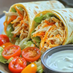 Cooked Chicken: Types and Preparation For these wraps, you need cooked chicken. You can use rotisserie chicken, grilled chicken, or poached chicken. I like shredding the chicken for better mixing. Cut the chicken into small pieces if you prefer it chunkier. This adds great texture to your wrap. Buffalo Hot Sauce: Recommended Brands and Alternatives Buffalo hot sauce is key for flavor. I recommend brands like Frank's RedHot or Crystal. They offer a nice balance of heat and taste. If you want less spice, try a milder sauce. You can also mix in some ketchup for a sweeter flavor. Additional Fillings: Lettuce, Tomatoes, Carrots, and Cheese For added crunch and freshness, use shredded lettuce, halved cherry tomatoes, and shredded carrots. These ingredients brighten your wrap. Cheese adds creaminess. I suggest using cheddar or mozzarella for a tasty finish. Whole Wheat vs. Regular Tortillas Whole wheat tortillas give a nutty flavor and are healthier. Regular tortillas are soft and tasty too. Choose what you like best. Both work well in this recipe. Gluten-Free Alternatives If you need gluten-free options, use corn tortillas. They are strong and hold the filling well. Check labels to ensure they are gluten-free. Comparing Ranch and Blue Cheese Dressing Ranch dressing is creamy and cool. It pairs well with the spicy chicken. Blue cheese dressing has a sharper taste and adds richness. Both are great options. Homemade Dressing Recipe To make a simple ranch dressing, mix: - 1 cup sour cream - ½ cup mayonnaise - 1 tablespoon garlic powder - 1 tablespoon onion powder - Salt and pepper to taste This dressing is fresh and easy to make. You can adjust the ingredients to your taste. For the full recipe, check the detailed instructions above! Shredding Chicken: Best Practices Start with cooked chicken. You can use rotisserie chicken for ease. Take your chicken and shred it with two forks. This makes the chicken easy to mix with the sauce. Aim for small, bite-sized pieces. This helps the flavor blend well. Mixing with Buffalo Sauce: Tips for Perfect Coating In a medium bowl, add the shredded chicken. Pour in the buffalo hot sauce. Use a spoon to mix them together. Make sure every piece is covered in sauce. If you like it spicy, add more sauce. Taste as you go to find your perfect balance. Layering Ingredients for Optimal Flavor Lay a tortilla flat on a clean surface. Spread ranch dressing in the center. Use about 2 tablespoons. Next, add half a cup of buffalo chicken on top. Then, sprinkle shredded lettuce, halved cherry tomatoes, and shredded carrots. Finish with shredded cheese. If you want heat, add jalapeños. Wrapping Technique: Securing Your Wrap To wrap, fold the sides of the tortilla in. Then, roll the bottom up towards the top. Keep it tight, so the filling stays inside. Repeat this with the other tortillas and filling. Skillet Method for Crispy Texture Heat a non-stick skillet over medium heat. Place the wraps seam side down. Cook for 2-3 minutes on each side. Look for a golden brown color. This step adds a nice crunch. Oven-Baking Instructions for Healthier Version Preheat your oven to 375°F. Place the wraps on a baking sheet seam side down. Bake for about 15 minutes. This gives you a healthier option while still keeping them warm and tasty. Adjusting Spice Levels to Suit Your Taste Start with ½ cup of buffalo hot sauce. This gives a solid kick. If you like it milder, use less sauce. For more heat, add sliced jalapeños or a dash of cayenne pepper. Taste as you mix. Find the right balance that works for you. Adding Extra Ingredients for Crunch and Flavor Consider adding extra crunch. You can include sliced bell peppers or cucumbers. These add texture and freshness. Try different herbs, like cilantro or parsley, for added flavor. Even a sprinkle of green onions can brighten the wrap. Prepping Ingredients Ahead of Time Save time by prepping your ingredients. Shred the chicken and mix it with buffalo sauce the night before. Chop your veggies and store them in the fridge. This way, you can assemble the wraps quickly when you're hungry. Using Leftovers: Ideas for Quick Meal Solutions If you have leftover wraps, use that chicken in other meals. Toss it in salads or on top of rice. You can even mix it into soups for a hearty dish. The flavor works well in many recipes. Plating Ideas for Serving at Gatherings Make your wraps look great on the table. Cut them in half and arrange them on a platter. Place some cherry tomatoes and carrot sticks around for color. This makes it fun for guests to grab and enjoy. Incorporating Dips and Sides for an Enhanced Experience Serve with ranch or blue cheese dressing for dipping. You can also add celery sticks or chips on the side. This creates a fuller meal and gives options for everyone. {{image_2}} Grilling adds a smoky flavor to your wraps. Start by marinating your chicken in buffalo sauce. Grill it for about 6-8 minutes per side. This method gives a nice char and enhances the taste. You can also grill the tortillas for a crispy texture. Just heat them for 1-2 minutes on the grill before wrapping. Baking offers a healthier twist. Preheat your oven to 375°F. Place your assembled wraps on a baking sheet. Bake for 15-20 minutes until they are crispy. This method uses less oil and still keeps the wraps warm and delicious. You can cover them with foil for the first 10 minutes to retain moisture. You can swap chicken for plant-based options like tofu or tempeh. Marinate them in buffalo sauce for flavor. For sauces, try vegan ranch or tahini dressing. These alternatives keep the wraps tasty while catering to different diets. You can even add extra veggies for more crunch and color. To keep your leftover wraps fresh, wrap them in plastic or foil. This helps avoid drying out. You can also store them in an airtight container. Place parchment paper between wraps to keep them from sticking. Store in the fridge for up to three days for the best taste. When it's time to heat your wraps, you have two main options: microwave or skillet. The microwave is quick but may make the wrap soggy. A skillet gives a nice crispy finish. Heat the skillet on medium heat. Cook each wrap for about three minutes on each side. This keeps them warm and crispy. You can freeze wraps for later use. First, wrap each one tightly in plastic wrap. Then, place them in a freezer bag. Remove as much air as possible to prevent freezer burn. For best quality, eat within three months. To thaw, place the wrap in the fridge overnight. For quick thawing, use the microwave on low for a few minutes. After thawing, reheat in a skillet to restore the crispiness. This way, you can enjoy a tasty Buffalo Chicken Wrap anytime! For the full recipe, check the earlier section. You can pair these wraps with many tasty sides. Here are some great options: - French fries: Crispy and golden, they add crunch. - Veggie sticks: Carrots, celery, and bell peppers work well. - Potato salad: Creamy and cooling, it balances the spice. - Coleslaw: Crunchy cabbage with a tangy dressing adds freshness. - Corn on the cob: Sweet and juicy, it complements the wraps nicely. - Pickles: Their tang adds a nice zing. Each side enhances the meal. Try different combinations to find your favorite. Yes, you can prep these wraps ahead. Here’s how: - Cook the chicken: Shred it and mix with buffalo sauce. - Chill the filling: Store it in the fridge for up to 3 days. - Wrap them up: Assemble your wraps just before serving for best taste. - Refrigerate wraps: If you make them ahead, wrap tightly in foil or cling wrap. These tips help keep your wraps fresh and tasty. Buffalo chicken wraps can be as spicy as you like. Here’s how to adjust the heat: - Mild option: Use less buffalo sauce or mix in ranch dressing. - Medium heat: Stick to the recipe with standard buffalo sauce. - Extra spicy: Add sliced jalapeños or use a hotter sauce. Feel free to customize the spice level to match your taste. Enjoy the flavor! You now have all the tools to make tasty Buffalo Chicken Wraps. We covered ingredients, step-by-step instructions, and tips for the best flavor. You can use different tortillas and dressings to fit your needs. Remember, meal prep can save you time, and variations keep these wraps exciting. Whether cooking for yourself or serving guests, enjoy this fun dish. With practice, you will master this recipe and impress everyone at your table. Dive in and start creating your perfect Buffalo Chicken Wrap today!