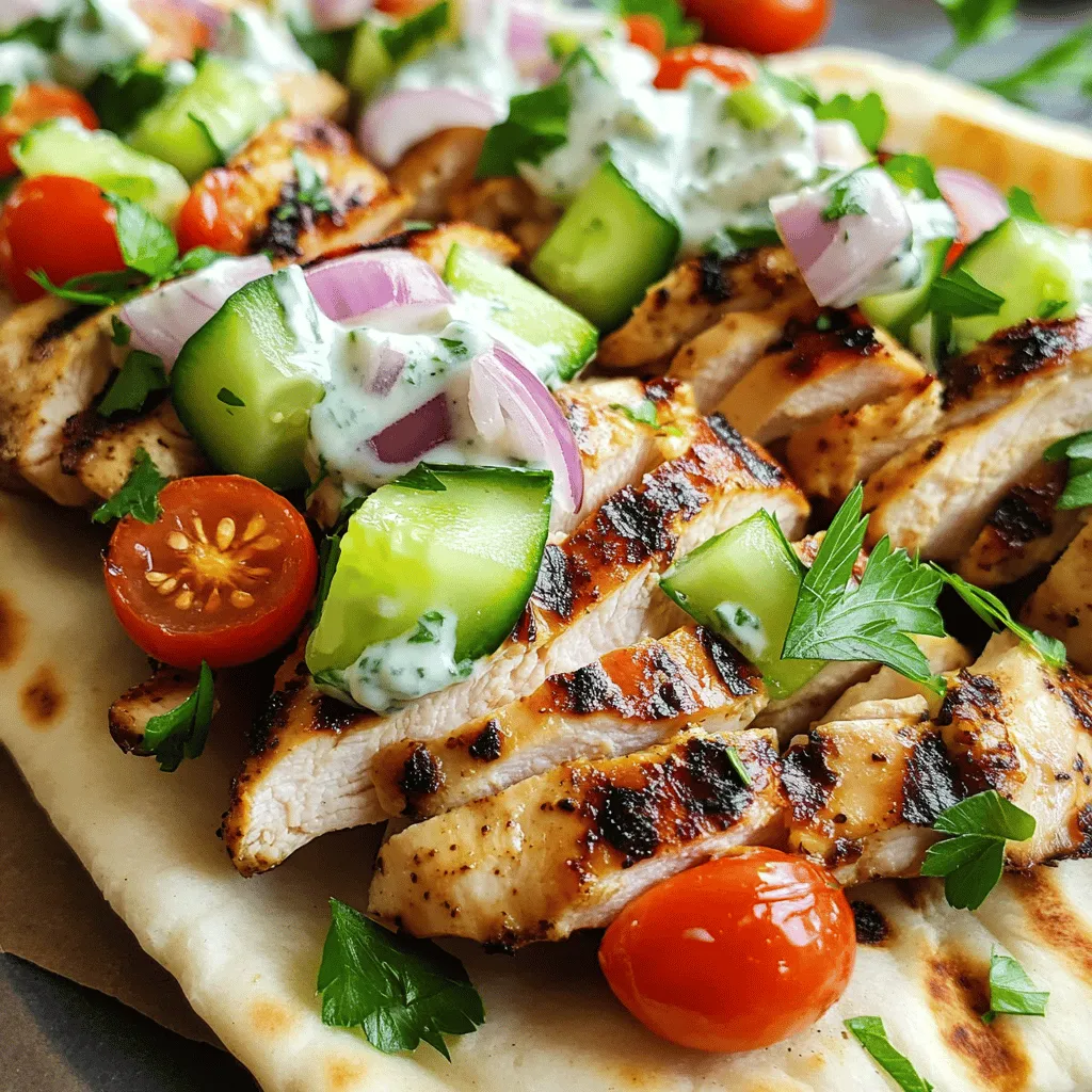 - Chicken thighs, olive oil, and spices For this dish, I love using boneless, skinless chicken thighs. They are juicy and flavorful. The marinade includes olive oil, dried oregano, garlic powder, onion powder, paprika, salt, and pepper. These spices bring out the best in the chicken and add depth to the flavor. - Pita bread and fresh toppings You will need large pita breads to wrap around your fillings. Fresh toppings like diced cucumber, halved cherry tomatoes, and thinly sliced red onion give the gyros a nice crunch and freshness. These ingredients balance the savory chicken beautifully. - Tzatziki sauce options Tzatziki sauce is a must for gyros. You can buy it or make your own. A simple homemade version includes yogurt, cucumber, garlic, and herbs. It adds creaminess and tang. Either way, tzatziki ties all the flavors together. For the full recipe, check out the detailed instructions on how to combine these ingredients into a delicious meal. To make great gyros, you need a tasty marinade. Start by mixing these ingredients in a large bowl: - 2 tablespoons olive oil - 2 teaspoons dried oregano - 1 teaspoon garlic powder - 1 teaspoon onion powder - 1 teaspoon paprika - Salt and pepper to taste Stir well until everything blends. Next, add 1 pound of chicken thighs into the bowl. Make sure each piece is fully coated in the marinade. Cover the bowl and place it in the fridge. Let it marinate for at least 30 minutes. If you have more time, marinate for up to 2 hours. This will make your chicken even more flavorful! Now, let’s cook the chicken. Preheat your grill or grill pan to medium-high heat. Remove the chicken from the marinade. Place it on the grill and cook for about 6-7 minutes on each side. You want it to be fully cooked, with no pink inside. The best way to check doneness is with a meat thermometer. It should read 165°F (74°C). Once done, take the chicken off the grill. Let it rest for a few minutes before slicing it into thin strips. Assembling the gyros is the fun part! Grab 4 large pita breads. Start by placing a generous amount of sliced chicken on each pita. Next, add your toppings: - 1 cup tzatziki sauce - 1 cup diced cucumber - 1 cup halved cherry tomatoes - ½ red onion, thinly sliced - Fresh parsley, chopped (for garnish) Now, roll up the pita to secure the filling. These gyros are best served warm. You can pair them with a side salad or some roasted veggies for a complete meal. Enjoy your homemade chicken gyros! Check out the Full Recipe for more details. To make your chicken gyros burst with flavor, consider using custom spice blends. You can mix dried oregano, garlic powder, and paprika. These spices add warmth and depth. Don’t forget to use salt and pepper to taste. Resting the chicken before slicing is key. Allow the chicken to sit for a few minutes after grilling. This step helps the juices stay inside. Resting makes the meat tender and juicy. Making a homemade tzatziki is simple and fun. Mix plain yogurt with grated cucumber, garlic, lemon juice, and a pinch of salt. Stir until well combined. This sauce is fresh and cool, perfect for gyros. If you need a quick fix, store-bought tzatziki works well. Look for options with few additives. Check the label for quality ingredients. You can try many alternative toppings for your gyros. Consider adding feta cheese, olives, or roasted peppers. These can enhance the flavor and texture. For diet-friendly modifications, swap pita for lettuce wraps. You can also use grilled veggies or leaner meats. These changes help you fit your dietary needs while enjoying the dish. For the full recipe, check out the Full Recipe section. {{image_2}} You can switch the chicken for lamb or beef. Lamb gives a nice, rich flavor. Beef adds a hearty texture. Use lean cuts for best results. If you want a vegetarian option, try falafel. Falafel is made from chickpeas and spices. It’s crispy and full of flavor. Both options allow you to enjoy gyros in your own way. Gyros can be served in many styles. You can create a fresh salad or platter. Just place the chicken, veggies, and sauce on a bed of greens. For a classic gyro wrap, use pita bread. Fill it with chicken and toppings, then roll it up. Both styles taste great and are easy to share. Cooking chicken gyros is simple. You can bake or sauté the chicken. Baking gives you juicy chicken with less mess. Sautéing allows for quick cooking on the stove. If you want a crispy finish, try an air fryer. It cooks the chicken quickly and makes it crispy. Each method brings its own unique taste to your gyros. For the full recipe, check the instructions provided above. To keep leftover gyros fresh, store them in an airtight container. Wrap each gyro tightly in plastic wrap before placing it in the container. This keeps the pita from getting soggy. You can refrigerate them for up to three days. If you notice any moisture, use a paper towel to absorb it. Always check for any off smell before eating. To freeze assembled gyros, wrap each one in foil or plastic wrap. Place them in a freezer bag to avoid freezer burn. They can last up to three months in the freezer. For reheating, remove the wrap and place the gyro in an oven at 350°F (175°C) for about 15-20 minutes. You can also microwave them for quicker reheating but they may get a bit soggy. If you make homemade tzatziki, store it in a sealed container in the fridge. It lasts for about four to five days. For store-bought tzatziki, check the label for specific storage info. Usually, it stays fresh until the expiration date. Always give it a smell test before using it. For gyros, I recommend using chicken thighs. They stay juicy and tender when cooked. Chicken breasts can work too, but they often dry out. Thighs have more fat, which adds flavor. When marinated, they soak up the spices well. This makes your gyros taste rich and delicious. Yes, you can make gyros gluten-free! Look for gluten-free pita bread at your local store. Some brands use rice flour or almond flour. You can also wrap the filling in lettuce leaves. This keeps the flavors while making it gluten-friendly. To make your gyros taste more authentic, use fresh herbs and spices. Add more oregano and a touch of mint to the tzatziki. You can also try using garlic cloves for a stronger flavor. Consider adding pickled vegetables for a unique twist. Fresh vegetables like cucumbers and tomatoes also add a nice crunch. In this post, we explored how to make easy chicken gyros at home. We covered key ingredients, from chicken thighs to pita and tzatziki. I provided step-by-step instructions for marinating, cooking, and assembling your gyros. We also discussed tips for enhancing flavor and offered alternatives for meat and serving styles. My final thought is simple: enjoy the process of making gyros. You can customize them to fit your taste. Whether you go traditional or creative, your gyros will surely delight.