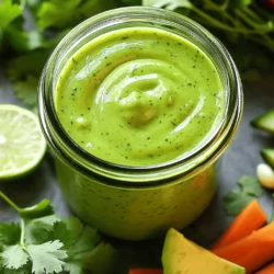 To make a tasty Avocado Cilantro Lime Dressing, gather these simple items: - 1 ripe avocado - 1 cup fresh cilantro leaves, packed - 2 tablespoons lime juice - 1 garlic clove, minced - 1/3 cup Greek yogurt or a vegan alternative - 1/4 cup water - Salt and pepper to taste - 1 teaspoon honey or agave syrup (optional for sweetness) These ingredients combine to create a creamy and zesty dressing. The avocado adds richness, while cilantro brings freshness. Lime juice gives it a bright, tangy kick. Garlic adds depth, and yogurt keeps it smooth and creamy. You can adjust the water to get your desired thickness. If you want a touch of sweetness, honey or agave syrup works well. This dressing is not only easy to make but also versatile. You can use it on salads, grilled veggies, or as a dip. Having these ingredients ready makes it fun to whip up! 1. Cut the avocado in half. Remove the pit with a spoon or knife. 2. Scoop the green flesh into a blender. Make sure to get all the good stuff! 3. Next, add fresh cilantro leaves to the blender. 4. Squeeze in the lime juice for a nice tang. 5. Toss in the minced garlic and Greek yogurt. This gives the dressing creaminess. 6. Pour in the water. This helps everything blend smoothly. 7. Blend on high until the mix is creamy and smooth. - If the dressing is too thick, add more water. Do this a tablespoon at a time. - Blend again until it reaches your desired thickness. - Take a taste and add salt and pepper as you like. This step is key! - If you want a hint of sweetness, add honey or agave syrup. Blend again to mix it in well. Let the flavors meld in the fridge for at least 30 minutes. This step makes a big difference! To choose the best avocado, look for a few signs of ripeness. A ripe avocado feels slightly soft when you gently squeeze it. The skin should be dark and may have a few small blemishes. Avoid avocados that feel mushy or have large dark spots. If your avocados are not ripe yet, store them at room temperature. Once they ripen, move them to the fridge. This helps keep them fresh longer. Use them within a few days for the best taste. For a smooth and creamy dressing, I suggest using a high-speed blender. It works better than a food processor for this recipe. If you use a food processor, you might need to blend longer. To achieve even blending, add the water gradually. Start with 1/4 cup, then blend. If it looks thick, add more water, one tablespoon at a time. This way, you control the creaminess. Store your dressing in an airtight container. A glass jar works great for this. It keeps the dressing fresh and allows you to see how much is left. You can keep the dressing in the fridge for about 3 to 5 days. After that, check for any changes in smell or color before using it again. {{image_2}} You can make this dressing unique and suited to your taste. Try adding spices like cumin or chili powder. This gives it a warm flavor that pairs well with the cool avocado. You can also mix in herbs like parsley or basil. These add a fresh twist and make it more exciting. If you want a vegan version, swap Greek yogurt for a plant-based option. You can use silken tofu or coconut yogurt. Both choices keep the creaminess but add a different flavor. To enhance taste without dairy, add a splash of almond milk or a squeeze of lemon. These options keep your dressing light yet flavorful. Want a kick? Toss in a jalapeño for some heat. This makes the dressing spicier and adds depth. If you prefer a sweeter taste, add more lime juice or a bit of honey or agave syrup. This will balance the flavors and make it even more delicious. You can play around until you find your perfect mix. Store your avocado cilantro lime dressing in the fridge. Use an airtight container for best results. It lasts about 3 to 5 days. Always check for signs of spoilage. If it smells off or has a strange color, toss it out. A change in texture can also mean it's time to say goodbye. Yes, you can freeze this dressing! Just pour it into an ice cube tray. Once frozen, transfer the cubes to a zip-top bag. When you're ready to use it, thaw it in the fridge overnight. You can also use a microwave on low power. Just be careful not to overheat it. Don't waste any leftover ingredients! Use extra avocado in toast or smoothies. Add cilantro to soups or tacos for a fresh kick. This dressing pairs well with grilled chicken, fish, or roasted veggies. You can even use it as a dip for tortilla chips or fresh veggies. You can pair this dressing with many dishes. Here are some fun ideas: - Fresh mixed salads: Toss it over greens like spinach or romaine. - Grilled vegetables: Drizzle it on zucchini, bell peppers, or corn. - Tacos: Use it as a topping for fish or veggie tacos. - Dip: Serve it alongside tortilla chips for a tasty snack. - Sandwiches: Spread it on wraps for an extra kick. Making this dressing is quick and easy! Here’s the time breakdown: - Prep time: 10 minutes to gather and chop ingredients. - Blend time: About 5 minutes to mix until smooth. - Chill time: At least 30 minutes in the fridge for best flavor. In total, you need about 40 minutes from start to finish. Yes, making this dressing ahead is a great idea! Here are some best practices: - Make it a day early: The flavors will mix and deepen overnight. - Store it well: Use an airtight container to keep it fresh. - Check the color: It may darken slightly, but it’s still good. - Mix before serving: Stir it well before using to recombine any separation. To sum up, this blog post covered how to make a tasty Avocado Cilantro Lime Dressing. We explored the ingredients needed, along with step-by-step instructions for blending a creamy mix. You learned tips on selecting ripe avocados, storing leftovers, and ways to customize your dressing to fit your taste. Remember that this dressing is not only easy to make but also versatile. You can enjoy it with many dishes or as a meal prep staple. Now go ahead and create your own delicious dressing!