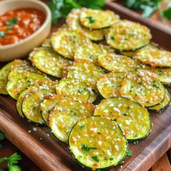 - 2 medium zucchinis - 3 tablespoons olive oil - 3 cloves garlic, minced - 1/2 cup grated Parmesan cheese - 1 teaspoon Italian seasoning - Salt and pepper to taste - Cooking spray - Fresh parsley for garnish - Marinara sauce for dipping When making garlic Parmesan zucchini chips, you need fresh ingredients. Start with two medium zucchinis. Slice them thin; this helps them crisp up. You'll need three tablespoons of olive oil to coat the zucchini. Olive oil adds flavor and aids in the cooking process. Next, use three cloves of garlic, minced. Fresh garlic gives a strong taste that pairs well with Parmesan. For the cheesy goodness, grab 1/2 cup of grated Parmesan cheese. This cheese brings the dish together with its savory flavor. Add one teaspoon of Italian seasoning for extra depth. Don't forget salt and pepper to taste. These simple seasonings can elevate the dish. You can also use cooking spray for the baking sheet, but it's optional. A sprinkle of fresh parsley adds color and freshness when serving. Lastly, consider marinara sauce for dipping. It adds a nice twist to the chips. 1. First, preheat your oven to 225°F (107°C). This low heat helps keep the zucchini crispy. 2. Next, line a baking sheet with parchment paper. You can also use cooking spray if you like. 3. In a big bowl, add the thinly sliced zucchinis. Pour in 3 tablespoons of olive oil. 4. Add 3 cloves of minced garlic, 1 teaspoon of Italian seasoning, salt, and pepper. 5. Toss everything together. Make sure each zucchini slice gets some oil and seasoning. 1. Now, arrange the zucchini slices in a single layer on the baking sheet. Don't let them overlap. This helps them bake evenly. 2. Generously sprinkle 1/2 cup of grated Parmesan cheese over the zucchini slices. 3. Bake the chips in your preheated oven for about 1.5 to 2 hours. Check for crispiness and golden edges. 4. You can flip the chips halfway through baking. This helps them get even more crisp. 1. After baking, let the chips cool for a few minutes on the baking sheet. This makes them crunchier. 2. For a nice presentation, serve the chips on a platter. Add a sprinkle of fresh parsley for color. 3. Pair them with marinara sauce for dipping. Enjoy your tasty snack! Thinly slicing zucchini is key. Aim for slices about 1/8 inch thick. This helps them cook evenly and become crisp. If your slices are too thick, they may turn out soggy. Use a sharp knife or a mandoline for best results. Flipping the zucchini chips halfway through baking is also important. This ensures both sides get that nice golden color and crunch. Remember, even cooking is what gives you that perfect chip. To add more flavor, consider spices or herbs. A dash of smoked paprika can bring warmth, while a sprinkle of chili powder adds heat. You can also mix in fresh herbs like basil or thyme for a fresh twist. Experimenting with different cheeses can also elevate your chips. Try using sharp cheddar or crumbled feta for a new taste. Each cheese brings a unique flavor that can change the entire snack. You can prep zucchini chips in advance. Slice the zucchini and mix it with olive oil and seasonings. Store them in the fridge for up to a day. This saves time when you’re ready to bake. When it comes to reheating, the oven is best. Preheat to 350°F (175°C) and bake until they’re warm and crispy again. Avoid the microwave, as it can make them soggy. Enjoy your snack anytime! {{image_2}} You can switch up the veggies in this recipe! Try using carrots or sweet potatoes instead of zucchini. Both add a nice flavor and crunch. If you want a dairy-free option, use nutritional yeast or vegan cheese. These give a cheesy taste without any dairy. Want some heat? Add red pepper flakes to make a spicy version. You can also mix in fresh herbs like rosemary or thyme. This will give your chips a fresh, vibrant taste that stands out. These chips pair well with dips. Marinara sauce is a great choice for dipping. You can also add these chips to salads for a crunchy texture. They make a fun topping for soups or grain bowls, too! To keep your garlic Parmesan zucchini chips fresh, store them in an airtight container. Glass jars or plastic containers work well. Make sure the chips are completely cool before sealing them. This prevents moisture build-up, which can make them soggy. If you have leftovers, you can freeze them too. Lay the chips in a single layer on a baking sheet and freeze them until solid. Then, transfer them to a freezer-safe bag. This method helps keep them crisp. At room temperature, these zucchini chips stay fresh for about 2 to 3 days. Keep them in a cool, dry place, away from sunlight. If you put them in the fridge, they can last up to a week. Just remember, refrigeration can soften the chips a bit. Enjoy them sooner for the best crunch! To revive the crunchiness, you can reheat the zucchini chips in the oven. Set your oven to 350°F (175°C) and place the chips on a baking sheet. Heat them for about 5 to 10 minutes until they are crispy again. This method helps avoid sogginess. You can also use an air fryer at the same temperature for a quick reheat. Just keep an eye on them to prevent burning. Yes, you can try other cheeses. Cheddar offers a sharp kick. Mozzarella gives a milder taste. Feta adds a nice tang. Each cheese will change the flavor of your chips. Feel free to mix and match! To get that perfect crunch, slice the zucchini thinly. Aim for about 1/8 inch thick. The thinner the slice, the crispier the chip. Bake them at a low temperature. This allows moisture to escape. Flipping them halfway through helps too. These chips are a healthy snack. Zucchini is low in calories and full of vitamins. Olive oil adds healthy fats. Parmesan cheese gives protein and calcium. Just remember to watch the salt. This keeps the snack nutritious and tasty. Yes, you can use an air fryer! Preheat it to 375°F (190°C). Toss the zucchini slices with oil and spices as before. Place them in a single layer in the fryer basket. Cook for about 15-20 minutes. Shake the basket halfway to ensure even cooking. Enjoy your crispy air-fried zucchini chips! This blog post covered how to make delicious garlic Parmesan zucchini chips. You learned about the ingredients, preparation steps, baking process, and unique tips to achieve that perfect crunch. You can even explore variations and storage tips to keep your chips fresh. Remember, you can customize this recipe with different vegetables and flavors. Have fun experimenting with it! Enjoy your tasty, homemade snacks!