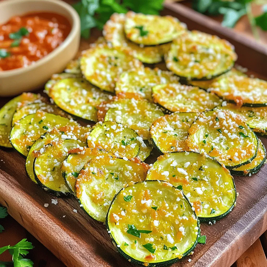 - 2 medium zucchinis - 3 tablespoons olive oil - 3 cloves garlic, minced - ½ cup grated Parmesan cheese - 1 teaspoon Italian seasoning - Salt and pepper to taste - Cooking spray - Fresh parsley for garnish - Marinara sauce for dipping When making garlic Parmesan zucchini chips, you need fresh ingredients. Start with two medium zucchinis. Slice them thin; this helps them crisp up. You'll need three tablespoons of olive oil to coat the zucchini. Olive oil adds flavor and aids in the cooking process. Next, use three cloves of garlic, minced. Fresh garlic gives a strong taste that pairs well with Parmesan. For the cheesy goodness, grab ½ cup of grated Parmesan cheese. This cheese brings the dish together with its savory flavor. Add one teaspoon of Italian seasoning for extra depth. Don't forget salt and pepper to taste. These simple seasonings can elevate the dish. You can also use cooking spray for the baking sheet, but it's optional. A sprinkle of fresh parsley adds color and freshness when serving. Lastly, consider marinara sauce for dipping. It adds a nice twist to the chips. 1. First, preheat your oven to 225°F (107°C). This low heat helps keep the zucchini crispy. 2. Next, line a baking sheet with parchment paper. You can also use cooking spray if you like. 3. In a big bowl, add the thinly sliced zucchinis. Pour in 3 tablespoons of olive oil. 4. Add 3 cloves of minced garlic, 1 teaspoon of Italian seasoning, salt, and pepper. 5. Toss everything together. Make sure each zucchini slice gets some oil and seasoning. 1. Now, arrange the zucchini slices in a single layer on the baking sheet. Don't let them overlap. This helps them bake evenly. 2. Generously sprinkle ½ cup of grated Parmesan cheese over the zucchini slices. 3. Bake the chips in your preheated oven for about 1.5 to 2 hours. Check for crispiness and golden edges. 4. You can flip the chips halfway through baking. This helps them get even more crisp. 1. After baking, let the chips cool for a few minutes on the baking sheet. This makes them crunchier. 2. For a nice presentation, serve the chips on a platter. Add a sprinkle of fresh parsley for color. 3. Pair them with marinara sauce for dipping. Enjoy your tasty snack! Thinly slicing zucchini is key. Aim for slices about ⅛ inch thick. This helps them cook evenly and become crisp. If your slices are too thick, they may turn out soggy. Use a sharp knife or a mandoline for best results. Flipping the zucchini chips halfway through baking is also important. This ensures both sides get that nice golden color and crunch. Remember, even cooking is what gives you that perfect chip. To add more flavor, consider spices or herbs. A dash of smoked paprika can bring warmth, while a sprinkle of chili powder adds heat. You can also mix in fresh herbs like basil or thyme for a fresh twist. Experimenting with different cheeses can also elevate your chips. Try using sharp cheddar or crumbled feta for a new taste. Each cheese brings a unique flavor that can change the entire snack. You can prep zucchini chips in advance. Slice the zucchini and mix it with olive oil and seasonings. Store them in the fridge for up to a day. This saves time when you’re ready to bake. When it comes to reheating, the oven is best. Preheat to 350°F (175°C) and bake until they’re warm and crispy again. Avoid the microwave, as it can make them soggy. Enjoy your snack anytime! {{image_2}} You can switch up the veggies in this recipe! Try using carrots or sweet potatoes instead of zucchini. Both add a nice flavor and crunch. If you want a dairy-free option, use nutritional yeast or vegan cheese. These give a cheesy taste without any dairy. Want some heat? Add red pepper flakes to make a spicy version. You can also mix in fresh herbs like rosemary or thyme. This will give your chips a fresh, vibrant taste that stands out. These chips pair well with dips. Marinara sauce is a great choice for dipping. You can also add these chips to salads for a crunchy texture. They make a fun topping for soups or grain bowls, too! To keep your garlic Parmesan zucchini chips fresh, store them in an airtight container. Glass jars or plastic containers work well. Make sure the chips are completely cool before sealing them. This prevents moisture build-up, which can make them soggy. If you have leftovers, you can freeze them too. Lay the chips in a single layer on a baking sheet and freeze them until solid. Then, transfer them to a freezer-safe bag. This method helps keep them crisp. At room temperature, these zucchini chips stay fresh for about 2 to 3 days. Keep them in a cool, dry place, away from sunlight. If you put them in the fridge, they can last up to a week. Just remember, refrigeration can soften the chips a bit. Enjoy them sooner for the best crunch! To revive the crunchiness, you can reheat the zucchini chips in the oven. Set your oven to 350°F (175°C) and place the chips on a baking sheet. Heat them for about 5 to 10 minutes until they are crispy again. This method helps avoid sogginess. You can also use an air fryer at the same temperature for a quick reheat. Just keep an eye on them to prevent burning. Yes, you can try other cheeses. Cheddar offers a sharp kick. Mozzarella gives a milder taste. Feta adds a nice tang. Each cheese will change the flavor of your chips. Feel free to mix and match! To get that perfect crunch, slice the zucchini thinly. Aim for about ⅛ inch thick. The thinner the slice, the crispier the chip. Bake them at a low temperature. This allows moisture to escape. Flipping them halfway through helps too. These chips are a healthy snack. Zucchini is low in calories and full of vitamins. Olive oil adds healthy fats. Parmesan cheese gives protein and calcium. Just remember to watch the salt. This keeps the snack nutritious and tasty. Yes, you can use an air fryer! Preheat it to 375°F (190°C). Toss the zucchini slices with oil and spices as before. Place them in a single layer in the fryer basket. Cook for about 15-20 minutes. Shake the basket halfway to ensure even cooking. Enjoy your crispy air-fried zucchini chips! This blog post covered how to make delicious garlic Parmesan zucchini chips. You learned about the ingredients, preparation steps, baking process, and unique tips to achieve that perfect crunch. You can even explore variations and storage tips to keep your chips fresh. Remember, you can customize this recipe with different vegetables and flavors. Have fun experimenting with it! Enjoy your tasty, homemade snacks!