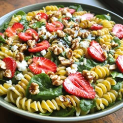 - 8 oz whole wheat pasta (fusilli or rotini) - 2 cups fresh spinach, rinsed and dried - 1 cup strawberries, hulled and sliced - 1/2 cup feta cheese, crumbled The main ingredients in this dish bring bright flavors and colors. Whole wheat pasta gives a nice bite. Fresh spinach adds a lush green crunch. Strawberries burst with sweetness. Feta cheese gives a tangy kick that balances the salad. - 1/4 cup walnuts, chopped - 1/4 cup red onion, finely sliced - 1/4 cup extra-virgin olive oil - 2 tablespoons balsamic vinegar Walnuts add a nice crunch and healthy fats. Red onion brings a sharp flavor. Extra-virgin olive oil makes everything rich and smooth. Balsamic vinegar adds a touch of sweetness and depth. - 1 tablespoon honey - Salt and pepper to taste Honey sweetens the dressing, while salt and pepper enhance all the flavors. This simple mix ties the salad together, making it truly special. To start, you need to cook the pasta. Use 8 oz of whole wheat pasta. I prefer fusilli or rotini for this salad. Boil water in a large pot. Add a pinch of salt to the water. Then, add the pasta and cook according to the package instructions until al dente. This should take about 7 to 9 minutes. Al dente means the pasta is firm but not hard. Once done, drain the pasta in a colander. Rinse it under cold water. This cools the pasta quickly and stops the cooking process. Now, it’s time to mix the salad. In a large bowl, combine the cooked pasta, 2 cups of fresh spinach, and 1 cup of sliced strawberries. Add 1/2 cup of crumbled feta cheese, 1/4 cup of chopped walnuts, and 1/4 cup of finely sliced red onion. These ingredients bring great flavors and textures. In a separate bowl, whisk 1/4 cup of extra-virgin olive oil, 2 tablespoons of balsamic vinegar, 1 tablespoon of honey, and some salt and pepper. Pour this dressing over the salad mixture. Toss gently to ensure everything is well coated. Let the salad sit for 10 to 15 minutes before serving. This step allows the flavors to meld together nicely. For an attractive finish, serve the salad in a large, shallow bowl. Garnish with extra strawberry slices and a few whole walnuts. You can drizzle some extra balsamic vinegar on top for more flavor. Enjoy your fresh and tasty Strawberry Spinach Pasta Salad! Letting the salad sit is key to great taste. It allows the flavors to blend well. I suggest letting it rest for at least 10-15 minutes. This will make every bite more delicious. You can also adjust the seasoning to balance the flavors. A pinch more salt or a dash of pepper can make a big difference. Always taste before serving to ensure it meets your liking. Cooking the pasta just right is very important. Follow the package instructions carefully. You want it al dente, which means firm but not hard. This gives your salad the best texture. After cooking, rinse the pasta under cold water. This stops the cooking process and helps prevent sticking. Make sure to drain it well before mixing it with other ingredients. Choosing ripe strawberries is essential for flavor. Look for berries that are bright red and firm. Avoid any that are mushy or dull. They should smell sweet and fresh. For feta cheese, opt for a creamy and crumbly variety. It adds a nice tang and richness to the salad. A good feta makes all the difference in taste and texture. {{image_2}} You can change the pasta for a gluten-free option. Try using gluten-free fusilli or rotini. This keeps the texture while making it safe for those who avoid gluten. For cheese, you can swap feta with goat cheese for a tangy taste. Mozzarella also works well for a milder flavor. Want to mix it up? Add other fruits like blueberries or peaches. They bring a new burst of sweetness. You can also use different nuts, like almonds or pecans. This adds crunch and extra flavor to your salad. You can customize the vinaigrette to suit your taste. Try adding herbs like basil or mint for a fresh kick. If you want a different flavor profile, use a creamy dressing like ranch or a yogurt-based dressing. Each option gives the salad a unique twist. To keep your Strawberry Spinach Pasta Salad fresh, store it in the fridge. Use an airtight container to seal in flavors. Make sure the lid fits snugly. This will help prevent air from drying out the salad. Always let it cool to room temperature before sealing it. In the fridge, your salad lasts about 3 to 5 days. Look for signs of spoilage like a strange smell or mushy strawberries. If the spinach appears wilted or discolored, it's best to toss it out. Always trust your senses; they rarely lie! Freezing pasta salad isn’t always ideal due to the texture changes. If you choose to freeze it, pack it tightly in a freezer-safe container. Leave some space for expansion. To thaw, place it in the fridge overnight. Serve it cold, and mix well to revive flavors. Yes, you can make this salad ahead of time. Prepare the salad and dressing separately. Store them in the fridge. When you are ready to serve, toss them together. This keeps the pasta and veggies fresh. Flavors still blend well even after sitting. This salad pairs well with grilled chicken or fish. You can also serve it with crusty bread. For a brunch, it goes nicely with an omelet. Consider a light soup for a complete meal. To make this salad vegan, skip the feta cheese. Use a plant-based cheese as a substitute. You can also add chickpeas for protein. They give a nice texture and help fill you up. Yes, you can make a low-carb version. Replace the whole wheat pasta with spiralized zucchini or cucumber. This keeps the dish fresh and crunchy. You still get the great flavors without the carbs. This blog post covers how to make a delicious Strawberry Spinach Pasta Salad. We explored key ingredients, like whole wheat pasta and fresh spinach, and seasoning options. I shared step-by-step instructions for cooking and serving. Tips and tricks ensure you get the best flavor, and we discussed variations to suit your taste. Proper storage keeps leftovers fresh. Overall, this salad is versatile and easy to prepare. Enjoy your cooking journey and savor every bite!