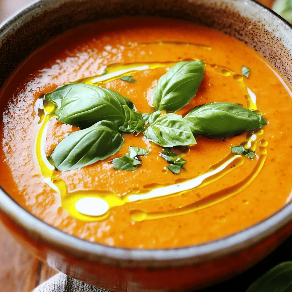- 4 large red bell peppers, roasted and peeled - 1 medium onion, chopped - 3 cloves garlic, minced - 2 cups vegetable broth - 1 cup coconut milk - 1 teaspoon smoked paprika - 1 tablespoon olive oil - Salt and pepper to taste - Fresh basil leaves for garnish - Red Bell Peppers: They are high in vitamins A and C. These vitamins help your skin and eyes. They also boost your immune system. - Onion: Onions add flavor and have antioxidants. They help reduce heart disease risk. - Garlic: Garlic has many health benefits. It can lower blood pressure and improve cholesterol levels. - Vegetable Broth: This broth adds flavor without extra calories. It's a great base for soups. - Coconut Milk: Coconut milk gives creaminess and healthy fats. It helps keep your heart healthy. - Smoked Paprika: This spice adds a rich flavor. It can also provide some antioxidants. - Olive Oil: Olive oil is good for your heart. It has healthy fats and can lower bad cholesterol. - Basil: Fresh basil adds flavor and is good for digestion. It also has anti-inflammatory properties. - Coconut Milk: You can use almond milk for a lighter option. Regular dairy milk works too. - Vegetable Broth: Use chicken broth if you prefer a non-vegetarian option. - Olive Oil: Avocado oil can replace olive oil in cooking. - Red Bell Peppers: Yellow or orange bell peppers can be used instead. They have a similar taste. - Garlic: If you dislike garlic, use garlic powder for a milder flavor. To start, you need to roast the red bell peppers. Preheat your oven to 400°F (200°C). Place the whole peppers on a baking sheet. Roast them for 25 to 30 minutes. Turn them occasionally until the skin gets blistered and charred. This step adds a deep, smoky flavor. After roasting, take them out and let them cool. Once cool, peel off the skins and remove the seeds. Chop the peppers into pieces. Set them aside for later. Next, we’ll cook the base. In a large pot, add one tablespoon of olive oil over medium heat. Once hot, add the chopped onion. Cook it for about 5 to 7 minutes until it looks translucent. Then, add three minced garlic cloves and one teaspoon of smoked paprika. Cook for another 1 to 2 minutes. The smell will be amazing! Now it’s time to combine everything. Add your chopped roasted peppers to the pot. Pour in 2 cups of vegetable broth. Bring it to a gentle simmer. Let it cook for 10 to 15 minutes. This allows all the flavors to blend together. After simmering, use an immersion blender to blend the soup until it’s smooth and creamy. If you don't have one, carefully transfer the soup to a regular blender in batches. Finally, stir in 1 cup of coconut milk. Season with salt and pepper to taste. Let it simmer for another 5 minutes. Your creamy roasted red pepper soup is ready to enjoy! To get a smooth and creamy soup, blend it well. Use an immersion blender for ease. If you don’t have one, a regular blender works too. Just be careful with hot soup. Blend in small batches to avoid spills. The goal is to make it silky, so blend until no chunks remain. Adding coconut milk adds richness and smoothness. For a gourmet twist, try adding herbs like thyme or rosemary. A splash of balsamic vinegar gives a nice tang too. You can also use roasted garlic instead of raw. It adds a sweet and mellow taste. If you love spice, add a pinch of cayenne or red pepper flakes. This kick can make the soup pop! To make a lighter version, swap coconut milk for low-fat milk or almond milk. You can also reduce the oil. Use just a teaspoon or skip it altogether. For added fiber, toss in some cooked lentils or beans. These not only make it filling but also boost nutrition. Always taste as you go. Adjust seasoning to keep the flavors bright and fresh. {{image_2}} You can change the cream in this soup to match your taste. Coconut milk adds a sweet touch. It also makes the soup rich and creamy. If you prefer dairy, you can use heavy cream or half-and-half. Almond milk is a lighter choice. It will give you a nice flavor without the fat. Each option gives a different taste, so try what you like best. Want to make this soup heartier? Adding proteins is a great idea. Chickpeas are a tasty plant-based option. They blend well and add some protein. If you want meat, cooked chicken works great too. Just shred it and stir it in. Both choices will make your soup filling and nutritious. Not a fan of mild flavors? You can spice it up! Add red pepper flakes for heat. A pinch of cayenne pepper can also warm things up. If you want a smoky taste, include some chipotle peppers. For a fresh twist, consider adding spinach or kale. They blend well and boost nutrients. Feel free to play with flavors and find your perfect blend! To store leftover creamy roasted red pepper soup, let it cool first. Use an airtight container to keep it fresh. Refrigerate the soup within two hours of cooking. It will last for about three to four days in the fridge. Make sure to label your container with the date. This helps you track how long it's been stored. You can freeze this soup for later use. Pour the cooled soup into freezer-safe bags or containers. Leave some space at the top, as liquids expand when frozen. It can stay good in the freezer for up to three months. When you are ready to eat it, just thaw it in the fridge overnight. Reheat the soup gently on the stove or in the microwave. If using the stove, warm it over low heat. Stir occasionally to avoid burning. If the soup seems thick, add a splash of vegetable broth or water. This helps restore its creamy texture. Taste and adjust seasoning, if needed, before serving. Yes, you can make this soup vegan. Simply use vegetable broth and coconut milk. Both are plant-based and perfect for a creamy texture. This soup will stay rich and delicious without dairy. The soup lasts about 4 to 5 days in the fridge. Store it in an airtight container. Make sure to let it cool before sealing. This helps keep it fresh and tasty. You can serve this soup with many tasty sides. Try crusty bread or grilled cheese for a classic combo. A fresh salad can also complement the flavors well. If you like, add a drizzle of balsamic glaze on top. Yes, jarred roasted red peppers work well too. They save time and still taste good. Just drain them well before adding to the soup. This way, your soup won't be too watery. This blog explored the tasty world of creamy roasted red pepper soup. We covered each ingredient and its health benefits, showing options for different diets. The step-by-step guide made cooking easy, while helpful tips ensured the best texture and flavor. We also shared variations to keep things exciting, plus storage and reheating advice for leftovers. In summary, this soup is flexible and delicious. Enjoy making it your own!