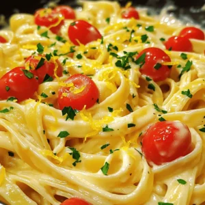 - 8 oz fettuccine or spaghetti - 2 tablespoons olive oil - 4 cloves garlic, minced - 1 cup heavy cream - 1 cup grated Parmesan cheese - Zest of 1 lemon - Juice of 1 lemon - Salt and pepper to taste - Fresh parsley, chopped (for garnish) - 1 cup cherry tomatoes, halved To create a rich and satisfying dish, you need the right ingredients. Start with 8 ounces of pasta, either fettuccine or spaghetti. This pasta serves as the base for the creamy sauce. The next key player is olive oil, which adds flavor and helps to cook the garlic. Use 2 tablespoons. Garlic is a must for this recipe. You will need 4 cloves, minced to release its strong flavor. Then, grab a cup of heavy cream to make the sauce rich and smooth. For a cheesy touch, include 1 cup of grated Parmesan cheese. Lemon is the star of this dish. The zest from 1 lemon adds fragrance, while the juice gives a zesty punch. You will also want to season your dish with salt and pepper to taste. Finally, sprinkle fresh parsley on top for a pop of color and flavor. If you want to add a twist, consider using 1 cup of halved cherry tomatoes. They bring sweetness and texture to the dish. Bringing water to a boil First, fill a large pot with water. Add a generous amount of salt. Turn the heat to high and wait for the water to boil. This step is key. Salting the water helps flavor the pasta. Cooking pasta until al dente Once the water boils, add 8 oz of fettuccine or spaghetti. Cook it according to the package instructions, usually around 8 to 10 minutes. To check for doneness, taste a piece. It should be firm but not hard. Before draining, reserve ½ cup of the pasta water. Then, drain the pasta and set it aside. Sautéing garlic in olive oil In a large skillet, heat 2 tablespoons of olive oil over medium heat. Once hot, add 4 cloves of minced garlic. Sauté it for about 30 seconds. Keep an eye on it; don’t let it burn. The garlic should smell amazing. Adding heavy cream and Parmesan Lower the heat to medium-low. Pour in 1 cup of heavy cream. Stir and let it simmer for 1 to 2 minutes. Then, whisk in 1 cup of grated Parmesan cheese. Watch it melt into a creamy sauce. If it’s too thick, add a bit of the reserved pasta water. Mixing in lemon zest and juice Now, stir in the zest and juice of 1 lemon. This brightens the sauce. Add salt and pepper to taste. Adjust it until it’s just right for you. Tossing pasta with the sauce Finally, add the drained pasta to the skillet. Toss it well to coat every piece with the creamy lemon sauce. If you like, gently fold in 1 cup of halved cherry tomatoes. They add a nice pop of color and flavor. To get a nice, creamy texture in your sauce, always save some pasta water. This water is starchy and helps the sauce cling to the pasta. After you cook the pasta, set aside about half a cup before draining. If your sauce becomes too thick, slowly add this water until it feels just right. If you want more brightness, add more lemon juice or zest. Start with a little, then taste. You can always add more! When seasoning, balance the salt and pepper carefully. Too much salt can overpower the dish, while too little can make it bland. Taste as you go to find that perfect balance. If you prefer a lighter option, swap the heavy cream for half-and-half or a plant-based milk. These options can cut calories while still giving you a creamy feel. For those needing gluten-free choices, use gluten-free pasta. Many brands have great options that taste just as good! {{image_2}} You can add proteins to this dish for more flavor and nutrition. Grilled chicken works great. Just slice it thin and mix it in. Shrimp is another excellent choice. Cook it until pink and toss it in with the pasta. If you're vegan, try tofu. Just cube it and sauté until golden. This adds a tasty twist and keeps it filling. Adding veggies is a fun way to make this pasta even better. Spinach or arugula can brighten up your dish. Toss in a handful right before serving. They will wilt nicely in the hot pasta. You can also use seasonal veggies. Think cherry tomatoes, zucchini, or bell peppers. These keep your dish fresh and colorful. You can change the flavor with herbs and spices. Basil adds a nice touch to the creamy sauce. Just chop it finely and mix it in. If you like heat, red pepper flakes are perfect. Sprinkle a pinch in for a spicy kick. These little changes can make your pasta unique every time. To keep your creamy pasta fresh, store it in an airtight container. Make sure to cool it down to room temperature first. This helps it keep its great taste. You can refrigerate it for up to three days. Keep in mind that the sauce may thicken as it cools. To keep the texture nice, add a splash of water or cream when you reheat it. When it’s time to eat your leftovers, use a few simple methods. You can reheat it on the stove over low heat. Stir it often to prevent sticking. If you want to use the microwave, place it in a bowl and cover it. Heat it in short bursts, stirring in between, until hot. This way, you will keep the creamy texture without losing flavor. Yes, you can freeze creamy pasta, but it’s not always ideal. Freezing can change the sauce's texture. If you plan to freeze it, do so without the fresh parsley and tomatoes. To freeze, place it in a freezer-safe container. Make sure to leave some space for expansion. When you’re ready to eat, thaw it in the fridge overnight. Reheat it gently on the stove, adding a little cream or water for smoothness. This dish takes just 15 minutes. You spend about 5 minutes prepping. Cooking the pasta takes 8 to 10 minutes. The sauce cooks in just a few minutes after that. Yes, you can! Use coconut cream instead of heavy cream. Nutritional yeast can replace Parmesan cheese. Your pasta will still taste great with these swaps. You can serve this pasta with a fresh green salad. Garlic bread pairs well too. Try adding grilled chicken or shrimp for protein. Roasted vegetables make a nice side as well. In this blog post, we explored how to make creamy lemon garlic pasta step-by-step. We discussed the key ingredients, including fettuccine, garlic, and Parmesan cheese. We shared tips for achieving the perfect creamy texture and suggested fun variations. Remember, adding proteins and veggies can make this dish your own. It’s easy to store and reheat, ensuring you enjoy every bite. With these tips, you can create a tasty meal that everyone will love. Enjoy your pasta adventure!