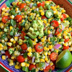 - 3 cups fresh corn kernels (about 5 ears of corn) - 1 red bell pepper, diced - 1 green bell pepper, diced - 1 small red onion, finely chopped - 1 cup cherry tomatoes, halved - 1 jalapeño, seeded and minced - 1/4 cup fresh cilantro, chopped - Juice of 2 limes - 3 tablespoons olive oil - 1 teaspoon cumin - 1 teaspoon chili powder - Salt and pepper to taste - 1 avocado, diced (for topping) The main ingredients in Fiesta Corn Salad bring a burst of flavor. Fresh corn kernels give it sweetness and crunch. The bell peppers add color and a crisp texture. Red onion gives a tasty bite, while cherry tomatoes offer juiciness. The jalapeño adds heat, and fresh cilantro brightens the dish. Lime juice and olive oil create a tangy dressing that ties everything together. Spices like cumin and chili powder enhance the flavors. Finally, avocado adds creaminess and richness on top. - Lime juice ratio - Oil type - Spice choices For the dressing, I use a balance of lime juice and olive oil. Lime juice gives a bright and zesty taste. I recommend 2 parts lime juice to 3 parts oil for the best flavor. Olive oil adds a smooth texture. For spices, cumin and chili powder add depth. You can adjust salt and pepper to match your taste. - Other vegetables - Cheese options - Protein additions You can customize Fiesta Corn Salad with optional add-ins. Other vegetables like zucchini or black beans work well. Cheese options include feta or cotija for a salty kick. For protein, try grilled chicken or black beans. These additions can make the salad more filling and flavorful. Feel free to mix and match to suit your taste! To prepare the corn, start by blanching it. Bring a large pot of salted water to a boil. Add 3 cups of fresh corn kernels. Blanch them for about 3-4 minutes. This step makes the corn tender but not mushy. After blanching, drain the corn in a colander. Rinse it under cold water to stop the cooking process. This cooling step helps keep the corn crisp and bright. Next, we need to combine the vegetables. Dice one red bell pepper and one green bell pepper into small pieces. Finely chop one small red onion. Halve one cup of cherry tomatoes. For a kick, seed and mince one jalapeño. Add all these vegetables to the bowl with corn. Toss everything gently. Make sure the colors mix well! Now, let’s make the dressing. In a small bowl, combine the juice of two limes, three tablespoons of olive oil, one teaspoon of cumin, and one teaspoon of chili powder. Add salt and pepper to taste. Whisk the mixture until it blends well. This dressing balances the flavors and brings everything together. Pour the dressing over the corn and vegetable mixture. Sprinkle 1/4 cup of fresh chopped cilantro on top. Gently toss to coat all the ingredients evenly. Be careful not to crush the vegetables. Just before serving, fold in one diced avocado. This adds creaminess to the dish. Chilling the salad enhances the flavors. After mixing, let it sit in the fridge for about 30 minutes. This time allows the ingredients to meld well. If you are short on time, you can serve it right away. However, chilling makes it taste even better. You can easily change the spice level of your Fiesta Corn Salad. If you want more heat, add more jalapeño or a pinch of cayenne pepper. For milder flavors, skip the jalapeño or use a sweet pepper instead. Feel free to substitute any ingredients based on what you have. For example, swap cherry tomatoes for diced cucumber or add black beans for extra protein. You can also use different herbs, like parsley or mint, in place of cilantro. Serve your Fiesta Corn Salad in a large bowl for a family-style meal. Or, present it on a colorful platter for a party. You can also use individual cups for each guest. This fun style adds a festive touch to your table. Garnish with extra cilantro leaves and lime wedges. This adds a pop of color and a fresh look. You can also sprinkle some queso fresco on top for a creamy finish. Fresh herbs make a big difference in flavor. Chopped cilantro adds brightness to the salad. You can also try adding fresh basil or oregano for a different taste. Letting your salad marinate for a bit enhances the flavors. Chill the salad in the fridge for about 30 minutes before serving. This helps all the ingredients blend together nicely. {{image_2}} To make a Southwest Fiesta Corn Salad, add black beans and corn to the mix. You can also throw in some diced avocado for creaminess. This version boasts a rich, hearty flavor. The beans bring protein, while the avocado adds a smooth texture. The Mexican Street Corn Salad brings a creamy twist to the classic. You make it by adding mayonnaise or sour cream. Key ingredients include crumbled cotija cheese and chili powder. This version has a rich and tangy flavor that takes you straight to the streets of Mexico. For vegetarian or vegan options, switch dairy with plant-based yogurt or mayo. Tofu or chickpeas can boost the protein. Use nutritional yeast for a cheesy flavor without dairy. These swaps make the salad just as tasty while keeping it plant-based. To keep your Fiesta Corn Salad fresh, store it in an airtight container. This helps keep out air and moisture. The salad tastes best when enjoyed within 3 days. If you notice any signs of spoilage, it’s best to discard it. You can freeze Fiesta Corn Salad, but it may change in texture. To freeze, place it in a freezer-safe container. Make sure to leave space for expansion. When ready to eat, thaw it in the fridge overnight. Reheat gently on low heat or enjoy it cold. You can make this salad up to a day in advance. Prepare all the ingredients, but do not add the avocado until just before serving. Use glass or plastic containers with lids for storage. This way, you keep everything fresh and tasty. Fiesta Corn Salad is a bright and fresh dish. It features sweet corn, colorful veggies, and zesty lime. You mix corn, bell peppers, onion, tomatoes, and jalapeño. The salad is topped with cilantro and avocado. This dish is perfect for summer barbecues or potlucks. It brings a vibrant taste to any meal. To make Fiesta Corn Salad gluten-free, choose gluten-free spices and condiments. Most fresh veggies and corn are gluten-free. Always check labels on packaged items. This ensures no hidden gluten sneaks in. You can enjoy this salad worry-free! Yes, you can use frozen corn! It’s a great time-saver. Simply thaw and drain the corn before using. Frozen corn can taste sweet and crisp. However, fresh corn gives the best flavor and texture. If you use frozen, blanch briefly for the best result. To add heat, try more jalapeño or some diced serrano peppers. You can also include hot sauce or cayenne pepper. Adjust the amount to suit your taste. Start with a little, then add more if needed. This way, you control the heat level. Yes, Fiesta Corn Salad works well for meal prep. Make it ahead and store it in the fridge. Keep the avocado separate until serving to avoid browning. Store it in an airtight container for freshness. It stays tasty for about three days. Enjoy it for lunch or dinner! This blog post covered all you need to know about Fiesta Corn Salad. We explored the main ingredients and dressings, and how to customize your salad. I shared tips on preparing and presenting your salad so it looks great. You learned the best ways to store and make it ahead of time. Enjoy making this fresh and colorful dish. You can mix and match ingredients to fit your taste. With the right prep, it’s easy and fun to enjoy!