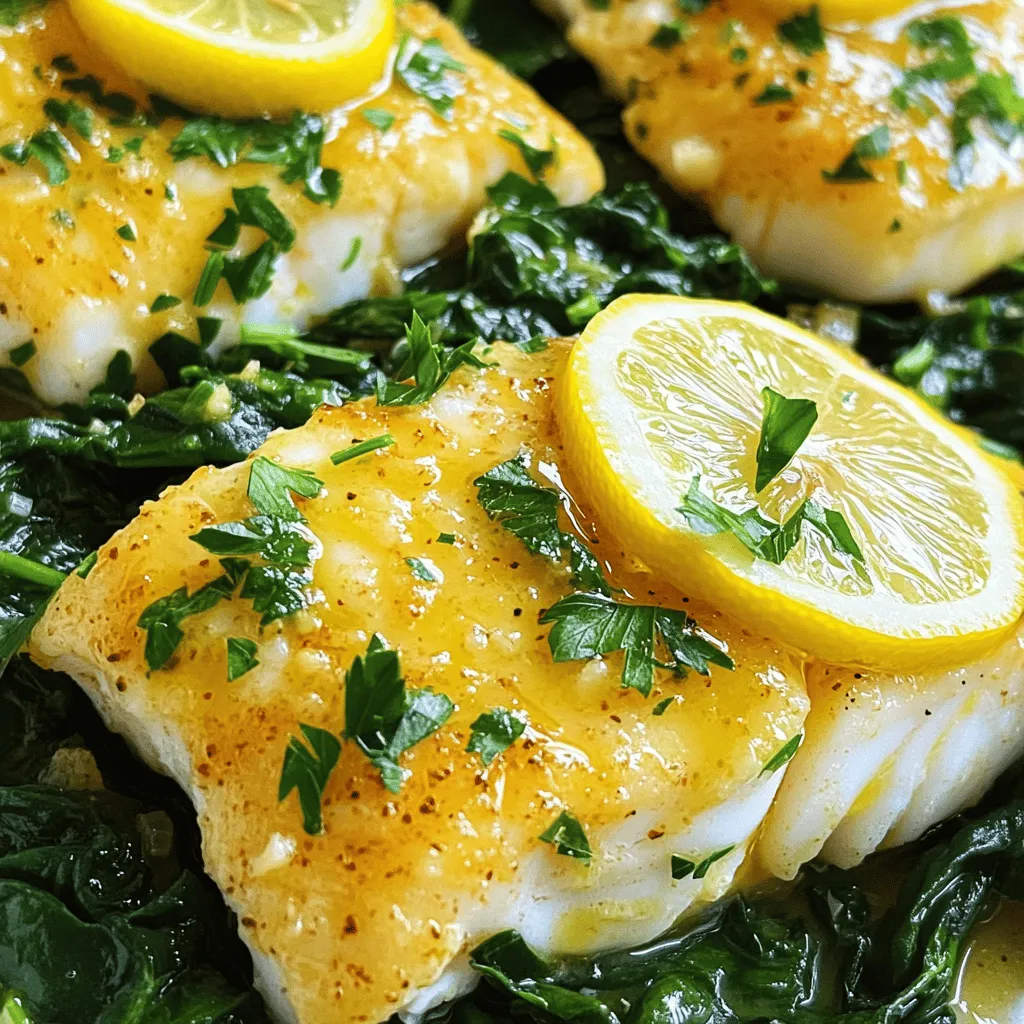 - 2 cod fillets (about 6 oz each) - 2 tablespoons unsalted butter - 2 tablespoons olive oil - 4 cloves garlic, minced - Zest of 1 lemon - Juice of 1 lemon - 1 teaspoon dried thyme - Salt and pepper to taste - Fresh parsley, chopped (for garnish) - Lemon slices (for garnish) For the best flavor, use fresh cod fillets. Look for firm, bright fish with a clean scent. Fresh garlic adds a punch, so choose whole heads rather than pre-minced. Unsalted butter is ideal, as it lets you control the salt. Opt for high-quality olive oil for rich taste. Fresh herbs brighten the dish, so buy parsley right before cooking. If you can't find cod, halibut or tilapia works well. Use ghee or coconut oil instead of butter for a dairy-free option. For a twist, try lime instead of lemon, or add fresh herbs like dill or basil. If you want a kick, mix in a pinch of red pepper flakes. First, grab your cod fillets. Pat them dry with paper towels. This step helps the fish to brown well. Next, sprinkle salt and pepper on both sides. Use enough to season them well. Set the fillets aside while you make the sauce. Now, let’s make the lemon garlic butter. In a small saucepan, melt two tablespoons of unsalted butter and two tablespoons of olive oil over medium heat. Once melted, add four minced cloves of garlic. Stir constantly for about one minute. You want the garlic fragrant but not brown. Remove the pan from heat. Now, stir in the zest and juice of one lemon and one teaspoon of dried thyme. This mixture is your star sauce! Heat a large skillet with one tablespoon of olive oil over medium-high heat. Once it's hot, carefully add the cod fillets. Cook them for about three to four minutes on one side. You want them golden brown. After that, gently flip the fillets. Pour the lemon garlic butter sauce over them. Cook for another three to four minutes. Spoon the sauce over the fish while it cooks. This helps keep the cod moist. You’ll know it’s done when the fish is opaque and flakes easily with a fork. To cook cod just right, start by drying the fillets. Use paper towels to remove extra moisture. Season them well with salt and pepper. Heat your skillet until it's hot. This helps to get a nice golden color. Cook the first side for 3-4 minutes. Flip the fillets carefully with a spatula. Pour the lemon garlic butter over them. Baste often to keep the fish moist. Cook until the cod looks opaque and flakes easily with a fork. You can easily tweak the flavors to fit your taste. Want a bit of heat? Add a pinch of red pepper flakes to the butter sauce. Prefer fresh herbs? Swap dried thyme for fresh thyme or dill. Want a touch of sweetness? Mix in a teaspoon of honey with the lemon juice. Each change makes the dish unique. Play around and find what you love! Make your cod look stunning on the plate. Serve it on sautéed spinach or a light salad. This adds color and nutrition. Add a sprinkle of lemon zest for a bright touch. Fresh parsley not only adds flavor but also looks beautiful. Lemon slices on the side give a fresh look and taste. Remember, we eat with our eyes first! {{image_2}} You can add herbs to change the flavor. Try fresh dill or basil for a fresh twist. You can also use a pinch of red pepper flakes to add heat. This gives a nice kick to the dish. You can even mix in some chopped fresh chives for a mild onion flavor. Each herb brings a unique taste that enhances the lemon and garlic. Lemon garlic butter cod pairs well with many sides. A simple green salad adds crunch. You can also serve it over sautéed spinach for a healthy option. For a filling meal, try it with quinoa or rice. Roasted potatoes or steamed asparagus can add nice texture. Lemon slices on the side brighten the plate and the flavor. You can cook cod in different ways. Baking is a great option. Preheat your oven to 400°F, then place the cod in a baking dish. Pour the lemon garlic butter over the top and bake for about 12-15 minutes. Grilling is another fun method. Just brush the cod with olive oil and grill it for 3-4 minutes on each side. Each method brings a new taste to this dish. To store leftover lemon garlic butter cod, let it cool first. Place the cod in an airtight container. Make sure to cover it well. Store it in the fridge for up to two days. To reheat, preheat your oven to 350°F (175°C). Put the cod on a baking tray. Cover it with foil to keep it moist. Heat for about 10-12 minutes until warm. You can also use a microwave. Just heat it for about one minute. If you want to freeze it, wrap the cod tightly in plastic wrap. Then, place it in a freezer bag. You can freeze it for up to three months. When you're ready to eat, thaw it overnight in the fridge before reheating. Yes, you can use frozen cod. Just make sure to thaw it first. Thaw the cod in the fridge overnight. If you’re in a hurry, you can use cold water. Place the cod in a sealed bag and submerge it in cold water for about an hour. Once thawed, pat it dry and season as the recipe directs. Many sides go well with lemon garlic butter cod. Here are a few tasty options: - Sautéed spinach - Steamed broccoli - Roasted potatoes - Quinoa salad - Light pasta with olive oil These sides add color and nutrition to your meal. They also balance the rich flavors of the cod. To check if the cod is fully cooked, look for a few signs. The fish should turn opaque. It should also flake easily with a fork. If it still looks translucent or raw, cook it a bit longer. Usually, 6-8 minutes total cook time is enough for the fillets. Use a meat thermometer if you have one; the internal temperature should be 145°F (63°C). In this post, we explored making delicious lemon garlic butter cod. We covered essential ingredients, preparation steps, and cooking tips. Remember to use fresh ingredients for the best flavor. You can adjust the seasoning to suit your taste. Presentation matters too, so add a garnish for style. This dish is easy to store and reheat. Try frozen cod if fresh isn’t available. With these tips, you will create a tasty meal your friends and family will love. Enjoy your cooking adventure!