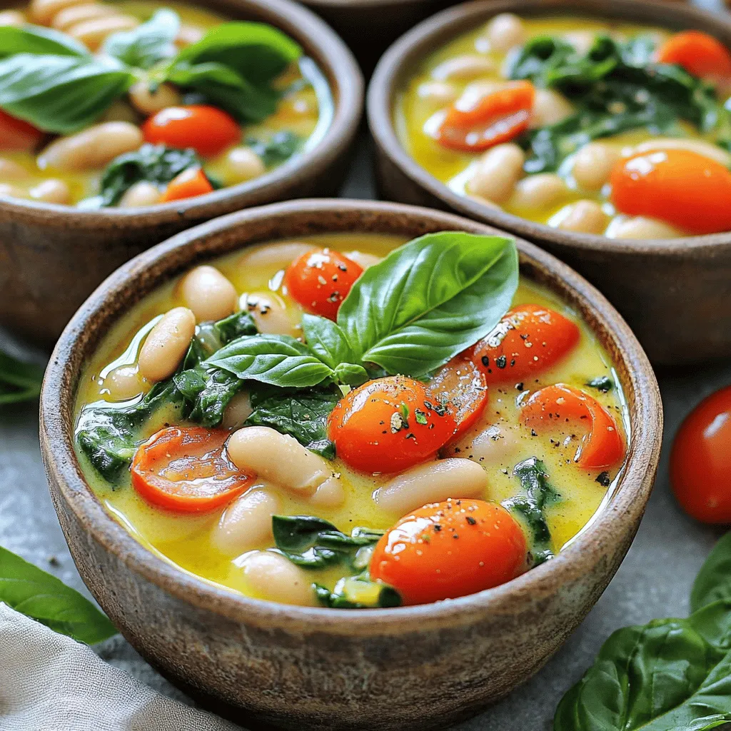 For the Creamy Tuscan White Bean Skillet, gather these ingredients: - 2 cans (15 oz each) white beans (like cannellini), drained and rinsed - 1 tablespoon olive oil - 1 small onion, finely chopped - 4 cloves garlic, minced - 1 cup cherry tomatoes, halved - 1 cup spinach, roughly chopped - 1 cup vegetable broth - 1 cup coconut milk (or heavy cream for a non-vegan option) - 1 teaspoon dried Italian herbs (oregano, basil, thyme) - Salt and pepper to taste - Fresh basil, for garnish These simple ingredients create a rich and tasty dish. The white beans give you protein and fiber. The coconut milk adds creaminess, while the herbs bring in great flavor. You can make a few swaps if needed. - White beans: Use other beans like navy or great northern beans. - Coconut milk: Swap it for heavy cream for a non-vegan option. - Spinach: Kale or Swiss chard work well too. - Vegetable broth: Chicken broth is a good alternative. - Cherry tomatoes: Use diced regular tomatoes if you prefer. These changes can still keep the dish tasty and enjoyable. Using high-quality ingredients makes a big difference in taste. - Olive oil: Choose extra virgin for a fruity flavor. - Fresh herbs: If you can, use fresh basil instead of dried. It adds a bright taste. - Organic vegetables: They often have better flavor and nutrients. These choices help create a creamy, aromatic meal that everyone will love. Enjoy your cooking! To start your Creamy Tuscan White Bean Skillet, gather your ingredients. You'll need two cans of white beans, one small onion, and four cloves of garlic. Measure out one cup of cherry tomatoes, one cup of spinach, and one cup of vegetable broth. Lastly, get one cup of coconut milk and some Italian herbs. Don't forget salt, pepper, and fresh basil for garnish. Steps: - Drain and rinse the white beans. - Finely chop the onion. - Mince the garlic. - Halve the cherry tomatoes. - Roughly chop the spinach. Make sure to prep everything before you cook. This way, you can move quickly and keep the heat steady. Now, let's get cooking! First, heat the olive oil in a large skillet over medium heat. Add the chopped onion and sauté for about five minutes. The onion should turn translucent. Next, add the minced garlic and cook for one more minute. You want to smell that garlic! Then, stir in the halved cherry tomatoes. Let them cook for three to four minutes until they soften. After that, add the drained white beans and vegetable broth. Stir well and bring it to a gentle simmer. Let this cook for about five minutes. Now, pour in the coconut milk. If you prefer, you can use heavy cream instead. Add the dried Italian herbs and mix everything thoroughly. Let it simmer for about five to seven minutes. The mixture should become creamy and heated through. Finally, fold in the chopped spinach. Allow it to wilt for one to two minutes. Season with salt and pepper to your liking. Remove the skillet from heat and garnish with fresh basil before serving. To make this dish perfect, keep a few tips in mind: - Use medium heat. This helps the onions cook evenly without burning. - Stir often to avoid sticking. This avoids any burnt bits at the bottom. - Taste as you go. Adjust the salt and pepper to fit your palate. - For a thicker sauce, let it simmer longer to reduce the liquid. - Serve hot for the best flavor. These techniques will help you create a delicious meal that impresses everyone at the table. Enjoy! To make your creamy Tuscan white bean skillet even richer, try these simple tips: - Use coconut milk: It adds a sweet, creamy taste. You can also use heavy cream for a non-vegan option. - Add nutritional yeast: This gives a cheesy flavor without dairy. - Stir in mashed beans: Mash some beans with a fork before adding them to the pan. This thickens the sauce nicely. Enhancing the flavor of your dish is easy with these ideas: - Fresh herbs: Add fresh basil, parsley, or thyme just before serving. This brightens the dish. - Lemon juice: A squeeze of lemon adds a fresh zing that lifts all the flavors. - Red pepper flakes: If you enjoy heat, sprinkle in some red pepper flakes for a spicy kick. Here are some common pitfalls when making this dish: - Overcooking spinach: Add the spinach at the end, just until it wilts. This keeps it bright and fresh. - Not draining the beans: Always rinse and drain the beans. This removes extra sodium and helps the sauce stick. - Skipping the seasoning: Don’t forget to taste as you go. Adjust salt and pepper to get the best flavor. These tips will help you create a creamy, flavorful Tuscan white bean skillet that everyone will love! {{image_2}} You can easily make this dish vegan or enjoy it with cream. If you want a vegan meal, use coconut milk. It adds creaminess and a hint of sweetness. For non-vegan, heavy cream works great too. Both options taste good and are rich. Feel free to switch up the greens or beans. If you like kale, use it instead of spinach. Swiss chard also adds nice flavor. You can swap the white beans for black beans or chickpeas. Each choice brings a new twist to this creamy dish. This dish is great for weeknight dinners or special events. Serve it in bowls for a cozy night in. For a fancy meal, present it with crusty bread and a drizzle of olive oil. You can also pair it with a fresh salad for a light lunch or brunch. To keep your creamy Tuscan white bean skillet fresh, use an airtight container. Let the dish cool down for about 30 minutes before storing. Place it in the fridge. It will stay good for up to three days. Be sure to label the container with the date. When you are ready to enjoy leftovers, take them out of the fridge. You can reheat it on the stove over low heat. Stir it often to avoid burning. If it seems too thick, add a splash of vegetable broth or water. You can also use the microwave. Heat in short bursts, checking every minute. Stir to ensure even heating. If you want to freeze the creamy Tuscan white bean skillet, it will keep for up to three months. Use a freezer-safe container for best results. Allow it to cool completely before sealing. When you’re ready to eat, thaw it in the fridge overnight. Reheat it on the stove or in the microwave as mentioned above. Yes, you can make this dish gluten-free. All the ingredients in this recipe are naturally gluten-free. Just be sure to check the labels on the vegetable broth and coconut milk. Some may contain gluten, so choose brands that are marked gluten-free. This creamy Tuscan white bean skillet pairs well with several sides. Here are some great options: - Crusty bread: Perfect for soaking up the creamy sauce. - A fresh green salad: Adds crunch and lightness. - Grilled vegetables: Enhance the meal with smoky flavors. - Quinoa or rice: Adds a hearty touch to the dish. You can easily adjust the spice level in this dish. Here are some ideas: - For mild flavors, stick to the recipe as is. - Add red pepper flakes for heat. Start with a pinch and add more if needed. - Use a spicy vegetable broth for an extra kick. - Incorporate fresh chili peppers if you like bold spice. This blog post covers the key ingredients and steps to create a delicious dish. We explored the best quality ingredients, useful substitutions, and detailed cooking methods. I shared tips for adding creaminess and enhancing flavors while avoiding common mistakes. You can adapt recipes for vegan options and modify for different occasions. Lastly, we reviewed storage options to keep your meal fresh. Keep these ideas in mind to enjoy your cooking journey!