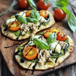 - 2 large flatbreads or naan - 1 cup cooked chicken, shredded - ½ cup basil pesto - 1 cup fresh mozzarella, sliced - 1 cup cherry tomatoes, halved - ¼ cup balsamic glaze - Olive oil for brushing - Fresh basil leaves for garnish - Salt and pepper to taste Gathering the right ingredients is key to making a great Pesto Chicken Caprese Flatbread. First, choose between flatbreads or naan. Both work well and give a nice base. Next, shred your cooked chicken. This adds protein and flavor. Basil pesto is essential for that fresh taste. I suggest using homemade if you can. Fresh mozzarella provides creaminess and melts perfectly. Lastly, halved cherry tomatoes add a sweet burst. For extra flavor, consider balsamic glaze. It adds a sweet tang. A drizzle of olive oil will help crisp up the flatbread. Don’t forget salt and pepper for seasoning. You can also add fresh basil leaves for garnish. They look great and taste good too. With these ingredients, you’ll create a tasty meal that’s easy to make. 1. Preheat Oven and Prepare Baking Sheet First, set your oven to 400°F (200°C). This temperature helps the flatbread get crispy and the cheese melt nicely. Next, take a baking sheet and line it with parchment paper. This makes cleanup easy later. 2. Brush Flatbreads with Olive Oil Take your large flatbreads or naan and place them on the baking sheet. Use a brush to spread a light layer of olive oil on each flatbread. This not only adds flavor but also helps create a golden, crispy edge. 1. Spread Basil Pesto Now, grab your basil pesto. Spread about ¼ cup of it evenly across each flatbread. The pesto adds a fresh, herby taste that complements the chicken and cheese. 2. Layer Chicken, Mozzarella, and Tomatoes Next, scatter the shredded chicken on top of the pesto. Once the chicken is on, add the sliced fresh mozzarella. Finally, sprinkle the halved cherry tomatoes across the flatbreads. This adds juicy bursts of flavor in every bite. 1. Season with Salt and Pepper To finish the prep, sprinkle salt and pepper over the toppings. This simple step brings out all the flavors and makes the dish more enjoyable. 2. Baking Time and Temperature Slide the baking sheet into your preheated oven. Bake for 12 to 15 minutes. You'll know it’s ready when the cheese is melted and bubbly, and the edges of the flatbread are golden brown. Enjoy your Pesto Chicken Caprese Flatbread right out of the oven! To get a crisp flatbread, start by brushing olive oil on the surface. This small step adds flavor and helps it crisp up nicely. Use a light hand; too much oil can make it soggy. Preheat your oven to 400°F (200°C) for the best results. Baking at this high temperature ensures the edges get golden brown and crunchy. If you want extra crunch, consider using a pizza stone. It holds heat well and crisps the flatbread evenly. For perfectly melted cheese, use fresh mozzarella. It melts beautifully and adds a creamy texture. Slice it thinly to help it melt faster. Layer the cheese on top of your other ingredients. This way, it traps heat and gets gooey. Keep an eye on your flatbread while it bakes. You want it bubbly and just starting to brown. If it doesn’t melt enough, you can pop it back in for a minute or two. When serving your flatbread, cut it into wedges. This makes it easy for everyone to grab a piece. You can place it on a wooden board for a rustic look. Add a side salad for color and a balanced meal. A simple mixed green salad pairs well. It adds freshness that complements the rich flavors of the flatbread. Garnishing is key to making your dish pop. Use fresh basil leaves on top for a splash of green. Drizzle balsamic glaze over the flatbread just before serving. This adds a sweet touch and makes it look fancy. Keep it simple but appealing. A well-presented dish makes meals more enjoyable. {{image_2}} You can change the proteins to fit your taste. Instead of chicken, try turkey. Turkey gives a lean option that is still full of flavor. If you prefer plant-based meals, use tofu. Tofu absorbs flavors well and adds a nice texture. Cheese can also change the taste of your flatbread. Fresh mozzarella is classic, but goat cheese adds a creamy tang. Ricotta is another great choice. It makes the flatbread rich and smooth. Adding more vegetables makes your flatbread even better. Spinach adds a fresh taste and packs in nutrients. Bell peppers bring a sweet crunch, making every bite exciting. You can switch up sauces for a unique twist. Try arugula pesto for a peppery kick. If you want something classic, use tomato sauce instead. Each sauce offers a different flavor that complements the other ingredients. To keep your Pesto Chicken Caprese Flatbread fresh, store it in the fridge. Place any leftover flatbread in an airtight container. This helps to prevent it from drying out. If you have multiple pieces, you can layer them with parchment paper. This keeps them from sticking together. Make sure to eat the leftovers within three days for the best taste. When reheating, I recommend using the oven. Preheat your oven to 350°F (175°C). Place the flatbread on a baking sheet. Heat it for about 10-12 minutes. This method keeps the flatbread crispy. You can also use a skillet for a quick reheat. Just warm it over medium heat for a few minutes. This way, the bottom stays nice and crunchy. Enjoy your flatbread warm for the best flavor! Yes, you can use store-bought pesto. It saves time and still tastes great. Look for fresh or high-quality brands. They often have vibrant flavors and good texture. This option makes your meal quick and easy. If you want to make your own, blend fresh basil, garlic, nuts, cheese, and oil. Homemade pesto offers a personal touch. To make this recipe gluten-free, choose gluten-free flatbreads or naan. Many stores sell these options now. You can also make your own using gluten-free flour. Just check the labels to ensure they meet your needs. This way, everyone can enjoy the tasty flatbread without worry. Great sides for this flatbread include: - A simple green salad with lemon dressing - Roasted vegetables like zucchini and bell peppers - A light soup, such as minestrone or tomato - Garlic bread for extra flavor - Fresh fruit salad for a sweet touch These sides balance the meal and add variety. To keep your flatbread crispy, follow these tips: - Preheat your oven to the right temperature. - Brush the flatbread with olive oil before baking. - Bake until the cheese bubbles and the edges turn golden. - Use parchment paper to prevent sticking. These steps help you achieve that perfect crispy texture. Enjoy! This recipe for Pesto Chicken Caprese Flatbread is easy and fun to make. You just need simple ingredients and clear steps. Start with flatbreads, cooked chicken, basil pesto, and fresh mozzarella. Add cherry tomatoes for extra flavor. Try the tips for perfecting your flatbread. You can change up the toppings and use different cheeses too. Remember, storing leftovers properly keeps them fresh. With these tips, you’ll enjoy tasty meals all week. Happy cooking!